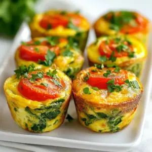 To make these tasty muffins, gather these main ingredients: - 6 large eggs - 1 cup spinach, chopped - 1/2 cup bell peppers (any color), diced - 1/4 cup red onion, finely chopped - 1/2 cup cherry tomatoes, halved - 1/2 cup shredded cheese (cheddar or your choice) - 1/4 teaspoon garlic powder - 1/4 teaspoon onion powder - Salt and pepper to taste These ingredients bring color and flavor to your muffins. The eggs are the base, while the veggies add nutrition and taste. You can customize your muffins with these optional ingredients: - Cooked bacon or sausage - Fresh herbs like parsley or chives - Zucchini or mushrooms, diced Adding these options lets you experiment. You can make each batch unique. To make clean-up easy, use these cooking sprays or muffin liners: - Non-stick cooking spray - Paper muffin liners - Silicone muffin liners Using these will help your muffins pop out easily. It keeps your muffin tin clean and saves time. {{ingredient_image_1}} Start by turning on your oven to 350°F (175°C). This helps your muffins bake evenly. Next, grab a muffin tin. Lightly spray it with cooking spray or use muffin liners. This step keeps your muffins from sticking. Make sure each cup is coated well. You want easy removal later. In a big bowl, crack open 6 large eggs. Whisk them until they blend well. This makes your muffins fluffy. Now, it's time to add the veggies. Toss in 1 cup of chopped spinach, 1/2 cup of diced bell peppers, 1/4 cup of finely chopped red onion, and 1/2 cup of halved cherry tomatoes. Don’t forget the cheese! Add 1/2 cup of shredded cheese. It adds a nice creaminess. Now, season your mix. Sprinkle in 1/4 teaspoon of garlic powder, 1/4 teaspoon of onion powder, and some salt and pepper. Whisk everything together until it looks uniform. You want all the flavors to mix well. Pour the egg and veggie mix into the muffin tin. Fill each cup about 3/4 full. This gives them room to rise. Place the tin in the preheated oven. Bake for 20-25 minutes. Keep an eye on them. You want the muffins to be set and slightly golden on top. Once done, take them out and let them cool for a few minutes. Then, gently remove the muffins from the tin. They should pop out easily if you prepped well. Enjoy your tasty, veggie-packed muffins warm! To make your egg muffins fluffy, whisk the eggs well. Incorporate air into the mix. This air helps the muffins rise. Use fresh ingredients like spinach and bell peppers. They add moisture and flavor. Fill the muffin tin about three-quarters full. This allows room for them to puff up. Baking them at 350°F gives them a nice, gentle rise. Serve these egg muffins warm for the best taste. They work well for breakfast or a snack. Pair them with a slice of whole-grain toast. A side of fruit adds a nice touch. You can also enjoy them with a dollop of salsa on top. This adds a fresh kick to each bite. Garnishing is easy and fun! Fresh herbs like parsley or chives brighten up the muffins. A sprinkle of cheese on top before baking adds flavor. Try avocado slices on the side for creaminess. For a drink, a smoothie or juice pairs well. Enjoy experimenting with different garnishes! Pro Tips Customize Your Veggies: Feel free to swap in your favorite vegetables or whatever you have on hand to make these muffins your own. Meal Prep Magic: These muffins are great for meal prep! Make a large batch and store them in the fridge for quick breakfasts throughout the week. Cheese Variations: Experiment with different types of cheese like feta, mozzarella, or pepper jack for a unique flavor twist in your muffins. Storage Tips: Store leftovers in an airtight container in the fridge for up to 5 days, or freeze them for longer storage. {{image_2}} You can mix and match veggies based on what you like. Try using zucchini, mushrooms, or broccoli. They all add great flavor. You can also swap in kale for spinach. Just chop them fine so they cook well. If you want a kick, add jalapeños or hot peppers. These changes keep the muffins fresh and fun. For more protein, add cooked bacon, sausage, or ham. You can also use beans or lentils for a plant-based option. Just make sure to chop them small. This way, they blend well with the eggs. Adding protein makes these muffins more filling, perfect for breakfast or a snack. If you want dairy-free muffins, skip the cheese or use a dairy-free option. Nutritional yeast can give a cheesy flavor without dairy. For a vegan version, use flax eggs instead of chicken eggs. Mix one tablespoon of ground flaxseed with three tablespoons of water. Let it sit until it thickens. This keeps your muffins tasty and healthy for everyone. After you bake your veggie packed egg muffins, let them cool completely. Use an airtight container for storage. Place a piece of parchment paper between layers to keep them from sticking. Store in the fridge for up to five days. This keeps them fresh and ready for a quick meal. If you want to save some muffins for later, freezing is a great option. Wrap each muffin tightly in plastic wrap. Then, place them in a freezer bag or container. Label the bag with the date. They can stay in the freezer for up to three months. This way, you can enjoy them when you want! To reheat, simply take out a muffin from the fridge or freezer. If frozen, thaw it in the fridge overnight. For best results, warm the muffin in the oven at 350°F (175°C) for about 10-15 minutes. You can also use the microwave for 30-60 seconds. This will keep them soft and tasty, just like fresh! Yes, you can use any cheese you like. Cheddar works great, but you can try mozzarella, feta, or even pepper jack. Each cheese adds a unique flavor. Experiment to find your favorite mix! These muffins stay fresh for up to five days in the fridge. Store them in an airtight container to keep them moist. If you want to keep them longer, consider freezing some for later. You can! Use a mixture of mashed bananas or applesauce as a substitute. For a savory option, try silken tofu blended until smooth. These alternatives work well, but the texture may differ slightly from traditional muffins. These veggie-packed egg muffins are easy to make and fun to customize. We covered main ingredients, cooking tips, and storage info. You can mix and match veggies, proteins, and even make them dairy-free. With the right techniques, your muffins will be light and fluffy. Remember to store leftovers properly for the best taste later. Enjoy creating delicious meals with this simple recipe!