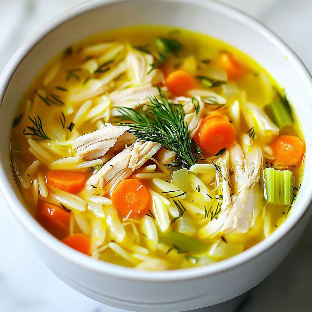 - 1 lb boneless, skinless chicken thighs - 6 cups chicken broth - 1 medium onion, diced - 2 cloves garlic, minced - 2 medium carrots, diced - 2 stalks celery, diced - 1 cup orzo or rice - 3 large eggs - 1/4 cup fresh lemon juice (about 2 lemons) - Zest of 1 lemon - Salt and pepper to taste The heart of Greek lemon chicken soup lies in its main ingredients. The chicken thighs are tender and juicy, making them perfect for this dish. Chicken broth adds a rich flavor and warmth. Fresh vegetables like onion, garlic, carrots, and celery bring color and texture. Orzo or rice makes the soup hearty, while the eggs and lemon juice create a creamy, tangy finish. - 1 teaspoon dried oregano - Fresh lemon juice and zest - Fresh dill or parsley Seasonings are key to this soup's bright flavor. Dried oregano adds an earthy taste that pairs well with lemon. Fresh lemon juice and zest give it that zesty kick. Finally, fresh dill or parsley adds a pop of color and freshness when you serve the soup. These garnishes make each bowl look appealing. - Orzo or rice - Additional herbs or spices You can customize the soup with optional add-ins. If you want a more filling meal, use orzo or rice. You could also try adding herbs like thyme or basil for extra flavor. This soup is flexible, so feel free to experiment! The best part is that you can make it your own. {{ingredient_image_1}} To start, I take 1 pound of boneless, skinless chicken thighs. I place them in a large pot with 6 cups of chicken broth. I bring the broth to a boil over medium-high heat. Once boiling, I reduce the heat to medium-low. I let the chicken simmer for about 20 to 25 minutes. It's ready when the chicken is fully cooked. I remove the chicken thighs and let them cool. After cooling, I shred the chicken into bite-sized pieces. This adds great texture to the soup. Next, I turn my attention to the vegetables. In the same pot with the broth, I add 1 diced medium onion, 2 minced cloves of garlic, 2 diced carrots, and 2 diced stalks of celery. I sauté these for about 5 to 7 minutes. I want the vegetables to soften and release their natural flavors. This step builds the base of the soup, making it rich and hearty. Now, it's time to cook the orzo or rice. I stir in 1 cup of orzo, which cooks in about 8 to 10 minutes. I watch it closely until it's tender. While the pasta is cooking, I whisk together 3 large eggs, 1/4 cup of fresh lemon juice, and the zest of 1 lemon in a medium bowl. This mixture adds creaminess and tang. Once the orzo is cooked, I ladle a small amount of hot broth into the egg-lemon mixture while whisking constantly. This step is called tempering. It prevents the eggs from curdling. Gradually, I add more broth while whisking. Finally, I pour this mixture back into the pot. I stir gently and heat the soup for a few more minutes without boiling. This lets it thicken slightly. I then add the shredded chicken back into the pot. I season with 1 teaspoon of dried oregano, salt, and pepper to taste. Once it's all combined, I remove the pot from the heat. I like to garnish each bowl with fresh dill or parsley. This adds a nice touch to the presentation. To make your Greek Lemon Chicken Soup shine, start by adjusting the seasoning. Taste the soup as you go. Add salt and pepper little by little. This helps you find the perfect balance. Choosing the right chicken broth is key. A homemade broth adds depth. If you use store-bought, pick a low-sodium option. This way, you control the salt content better. For a creamy and smooth soup, ensure the right consistency. You want it thick but not too heavy. If the soup seems too thin, simmer it longer. This lets it reduce naturally. Preventing curdled eggs is crucial. Always temper the egg-lemon mixture. Slowly whisk in hot broth before adding it to the pot. This helps the eggs mix without scrambling. To elevate your Greek Lemon Chicken Soup, think about the best accompaniments. Serve it with crusty bread or a fresh salad. These sides complement the soup’s bright flavors. For an appealing dish, garnish with fresh dill or parsley. A sprinkle of zest on top adds color. Serve in a nice bowl to make it look inviting. Pro Tips Use Fresh Ingredients: Fresh herbs and vegetables enhance the flavor of your soup. Whenever possible, opt for fresh dill or parsley for garnish to elevate the dish. Tempering the Eggs: To avoid scrambling the eggs, always temper them with hot broth before adding them to the soup. This gradual heating helps maintain a smooth texture. Adjusting Consistency: If you prefer a thicker soup, allow it to simmer a bit longer after adding the egg-lemon mixture. Just be careful not to let it boil. Make it Ahead: This soup can be made in advance and stored in the refrigerator. Just keep the orzo or rice separate until you're ready to serve to prevent it from getting mushy. {{image_2}} You can mix things up in this soup by changing the protein. Instead of chicken, try turkey. Turkey thighs work well and still keep it tender. You can also use tofu for a plant-based option. Just make sure to press the tofu first to remove excess water. This way, the tofu soaks up the flavors of the broth. Want to make this soup meatless? It’s easy! Skip the chicken and use a mix of hearty vegetables. Think about using mushrooms, zucchini, or bell peppers. They add great taste and texture. You can also swap the chicken broth for vegetable broth. This keeps it rich and full of flavor. To give your soup a flavor boost, you can add spices or extra veggies. Try adding cumin or smoked paprika for a warm note. Fresh herbs, like thyme or basil, can brighten up the dish too. For more texture, toss in some spinach or kale. They cook down nicely and add vitamins. Experiment with what you have on hand. Each variation can make this classic soup a new adventure! After enjoying your Greek Lemon Chicken Soup, you may have leftovers. To store them, let the soup cool to room temperature. Then, pour it into an airtight container. Make sure to seal it tightly. Store it in the fridge for up to 3 days. This keeps the soup fresh and safe to eat. If you see any signs of spoilage, like an off smell, throw it away. If you want to keep your soup longer, freezing is a great option. First, let the soup cool completely. Then, pour it into freezer-safe bags or containers. Leave some space at the top for expansion. You can freeze the soup for up to 3 months. When you're ready to eat it, take it out and place it in the fridge overnight. This helps it thaw slowly and safely. When it's time to enjoy your soup again, reheat it properly for best taste. Pour the soup into a pot over medium heat. Stir it often to avoid sticking. It should heat through in about 10-15 minutes. If the soup seems too thick, add a splash of chicken broth or water. You can also use the microwave. Heat it in a microwave-safe bowl. Stir every minute until it's hot. This way, you keep the flavors fresh and delicious. Greek Lemon Chicken Soup stays fresh in the fridge for 3 to 4 days. Make sure to store it in an airtight container. The soup may thicken as it cools. If this happens, simply add a little broth or water when reheating. Yes, you can make Greek Lemon Chicken Soup in advance. It tastes even better the next day! Just cool it completely before storing it in the fridge. You can also freeze it for up to 3 months. Just remember to leave out the eggs if you plan to freeze it. If you don’t have orzo or rice, try using quinoa or small pasta shapes. You can also use lentils for a different texture. Both options add unique flavors to the soup. Just adjust the cooking time as needed. This blog post covered how to make Greek Lemon Chicken Soup using simple steps. We discussed the essential ingredients like chicken, broth, and fresh veggies. You learned how to cook and season, plus tips for storing and reheating. In the end, this soup is a tasty and versatile dish. Try adding your favorite proteins or veggies. Enjoy making this comforting soup with the tips provided!