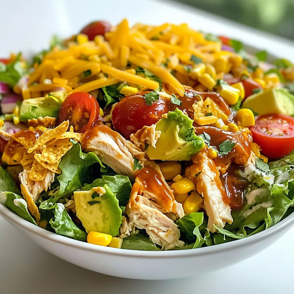 To make BBQ ranch chicken salad, you'll need the following ingredients: - 2 cups cooked chicken, shredded - 4 cups mixed salad greens (like romaine and arugula) - 1 cup cherry tomatoes, halved - 1 cup corn kernels (fresh or canned, drained) - 1 red bell pepper, diced - 1/2 red onion, thinly sliced - 1 cup shredded cheddar cheese - 1/2 cup ranch dressing - 1/2 cup BBQ sauce - 1 avocado, diced - Salt and pepper to taste - Optional: tortilla chips for crunch You can easily switch out some ingredients based on what you have: - Use grilled turkey instead of chicken for a leaner option. - Try spinach or kale in place of salad greens for a different flavor. - Swap cherry tomatoes with diced cucumber for a fresh twist. - Use black beans instead of corn for added protein and fiber. - Substitute Greek yogurt for ranch dressing to cut calories. - Choose a different cheese like pepper jack for a spicy kick. - If you don't have BBQ sauce, try a tangy vinaigrette instead. This salad is not only tasty but also packed with good nutrition. Here’s a quick look at what you get per serving: - Calories: About 400 - Protein: 30 grams - Carbohydrates: 30 grams - Dietary Fiber: 5 grams - Sugars: 5 grams - Fat: 20 grams - Saturated Fat: 8 grams The chicken gives protein, while the veggies add vitamins and fiber. The avocado provides healthy fats. You can adjust the toppings to make it healthier or more indulgent. Enjoy this salad as a meal or a side dish! {{ingredient_image_1}} To start, gather all your ingredients. You will need: - 2 cups cooked chicken, shredded - 4 cups mixed salad greens - 1 cup cherry tomatoes, halved - 1 cup corn kernels - 1 red bell pepper, diced - 1/2 red onion, thinly sliced - 1 cup shredded cheddar cheese - 1/2 cup ranch dressing - 1/2 cup BBQ sauce - 1 avocado, diced - Salt and pepper to taste - Optional: tortilla chips First, shred your cooked chicken. You can use leftover chicken or rotisserie chicken. This saves time. Next, prepare your veggies. Wash and chop the salad greens, cherry tomatoes, corn, bell pepper, and red onion. Set them aside in a large bowl. Now, take a large mixing bowl. Add the shredded chicken, ranch dressing, and BBQ sauce. Mix them well until the chicken is fully coated. This step adds great flavor to your salad. Next, in a large salad bowl, layer the mixed salad greens. Then, pour the cherry tomatoes, corn, diced red bell pepper, and sliced red onion on top. Spoon the BBQ ranch chicken mixture over the vegetables. Finally, sprinkle the shredded cheddar cheese and diced avocado on top. Season with a pinch of salt and pepper. You can mix it all together gently or serve it in layers. If you want a crunchy touch, add crushed tortilla chips just before serving. This gives your salad a nice texture. Serve this salad in bowls or on plates. It makes a great lunch or dinner. Enjoy your BBQ ranch chicken salad with family and friends! To shred chicken easily, use warm, cooked chicken. I like to use two forks. Hold one fork steady. Use the other fork to pull apart the chicken. This method works great for both breasts and thighs. You can also use your hands if the chicken is cool enough. For quick shredding, try a stand mixer. Just mix on low speed for a minute or two. When picking salad greens, look for bright colors. They should feel crisp and firm. Check for any brown spots or wilting. Romaine and arugula work well in this salad. You can also mix in some spinach or kale. If buying pre-washed greens, check the expiration date. Fresh greens make your salad taste better. While ranch and BBQ sauce are great, you can mix it up! Try adding honey for a sweet twist. You can use Greek yogurt instead of ranch for a lighter option. For a kick, add some hot sauce to the BBQ. You can also try a zesty vinaigrette. Mix it with a splash of lime juice for freshness. Don't be afraid to experiment; find what suits your taste! Pro Tips Perfectly Shredded Chicken: For the best texture, use warm chicken and shred it with two forks or your hands; this makes it easier to mix with the dressing. Fresh Ingredients Matter: Always opt for fresh vegetables and herbs to elevate the flavor of your salad; it makes a significant difference. Customize Your Dressing: Feel free to adjust the ratio of ranch to BBQ sauce based on your taste; a little extra BBQ can add a delightful smoky flavor. Make Ahead: You can prepare the chicken and chop the vegetables in advance; just combine everything right before serving to keep the greens crisp. {{image_2}} You can make a tasty vegetarian BBQ ranch salad. Replace the chicken with grilled tofu or tempeh. Both options soak up flavors well. Use the same BBQ sauce and ranch dressing. Add more veggies like grilled zucchini or portobello mushrooms for extra texture. This keeps the salad filling and fun. For a kick, add some heat to your salad. Mix in sliced jalapeños or a dash of hot sauce. You can also swap regular BBQ sauce for a spicy version. This gives the salad a nice zing. Pair it with pepper jack cheese instead of cheddar for added spice. Change the salad based on what’s in season. In spring, add fresh peas and asparagus. For summer, toss in cucumbers and radishes. In fall, roasted sweet potatoes or butternut squash taste great. Winter calls for hearty greens like kale or spinach. These swaps keep your salad fresh and exciting all year long! Store leftover BBQ ranch chicken salad in an airtight container. Keep it in the fridge. If you have mixed greens, store them separately. This way, they stay crisp. To meal prep, make the chicken mixture ahead. Combine chicken, ranch dressing, and BBQ sauce. Store it in a jar. Keep the salad greens and other veggies in another container. This keeps everything fresh for your week. The salad will last about three days in the fridge. After that, the greens may wilt. If you freeze it, the texture may change. So, enjoy it fresh for best taste! Yes, you can use rotisserie chicken. It saves time and adds great flavor. Just shred the chicken and mix it with the dressing and BBQ sauce. This way, you skip cooking chicken from scratch. The salad will still taste amazing! You can use blue cheese dressing or honey mustard dressing. Both options give a tasty twist to the salad. If you want something lighter, try a vinaigrette. Experiment with flavors you love! This salad lasts about three days in the fridge. Make sure to store it in an airtight container. If the salad has crushed tortilla chips, add them just before serving. This keeps them crunchy! This blog post covered everything you need to make a delicious BBQ ranch chicken salad. We explored the ingredients, provided useful substitutions, and shared important nutritional info. I walked you through step-by-step instructions for preparation and serving, plus tips for shredding chicken and choosing fresh greens. You learned about exciting variations, storage tips, and answers to common questions. Now, you can enjoy a tasty, easy-to-make salad any time! Happy cooking!