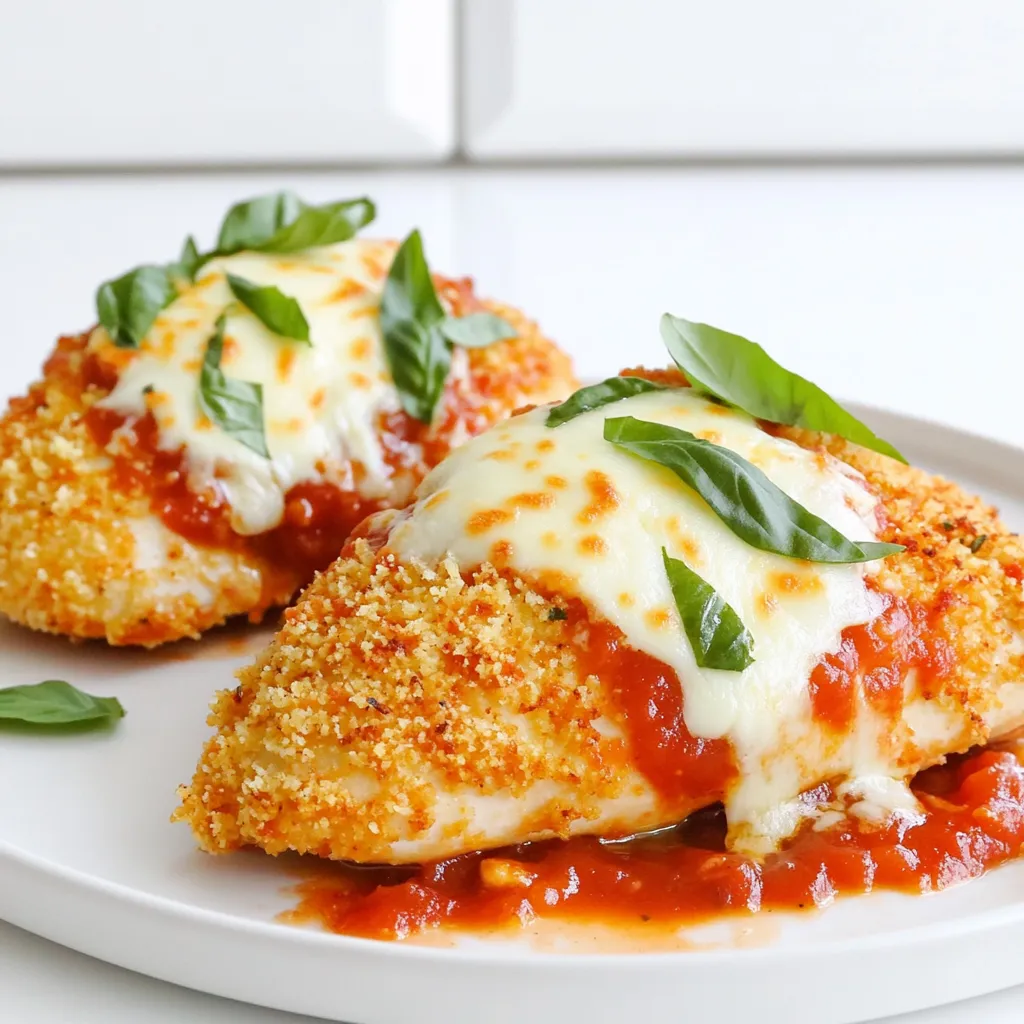 - 2 boneless, skinless chicken breasts - 1 cup breadcrumbs (preferably panko) - 1/2 cup grated Parmesan cheese - 1 teaspoon garlic powder - 1 teaspoon Italian seasoning - 1/2 teaspoon salt - 1/4 teaspoon black pepper - 1 large egg - 1 cup marinara sauce - 1 cup shredded mozzarella cheese - Fresh basil leaves for garnish (optional) - Olive oil spray When making Chicken Parmesan in the air fryer, the right ingredients are key. Use fresh chicken breasts for the best taste. Panko breadcrumbs give a crunch that regular breadcrumbs can't match. You’ll need grated Parmesan for a rich flavor. Garlic powder and Italian seasoning add a nice touch to the mix. Salt and black pepper enhance the taste of the chicken. Don’t forget the egg; it helps the breadcrumbs stick. Marinara sauce gives moisture and flavor. Top with mozzarella for that classic melty finish. Fresh basil adds color and taste, so consider it if you like. Lastly, olive oil spray helps achieve that golden, crispy texture. With these ingredients, you'll create a delicious dish that’s sure to impress. 1. First, preheat your air fryer to 375°F (190°C). This is important for even cooking. 2. Next, mix your breadcrumb coating. In a shallow bowl, combine: - 1 cup breadcrumbs (preferably panko) - 1/2 cup grated Parmesan cheese - 1 teaspoon garlic powder - 1 teaspoon Italian seasoning - 1/2 teaspoon salt - 1/4 teaspoon black pepper 3. In a separate bowl, beat one large egg. This will help the crumbs stick. 1. Pat the chicken breasts dry with paper towels. 2. Dip each chicken breast into the beaten egg. Make sure to coat it well. 3. Next, coat the chicken in the breadcrumb mixture. Press firmly to make sure the crumbs stick. 4. Lightly spray each coated chicken breast with olive oil spray. This will give you a crispy texture. 1. Place the chicken breasts in the air fryer basket. Make sure they do not overlap. You may need to work in batches. 2. Cook the chicken for 12-15 minutes. Flip them halfway through cooking. 3. Check that the internal temperature reaches 165°F (75°C). This ensures they are safe to eat. 4. In the last 2-3 minutes, spoon marinara sauce over each chicken breast. Top with shredded mozzarella cheese. 5. Continue cooking until the cheese is melted and bubbly. 6. Once done, carefully remove the chicken from the air fryer. Let it rest for a few minutes before serving. To get that perfect crispy coating, I always use panko breadcrumbs. They add an extra crunch that regular breadcrumbs can't match. Panko is lighter and airier. It makes a big difference in texture. Another key tip is to use olive oil spray. A light spray helps the crumbs crisp up nicely. It also adds flavor without too much fat. Flipping the chicken halfway through cooking is essential. This ensures both sides get golden brown. I usually set a timer to remind me. Also, use a meat thermometer to check for doneness. The chicken should reach 165°F (75°C). This way, you avoid undercooked or dry chicken. Pair your chicken with pasta or a fresh salad. Both complement the flavors well. For garnish, fresh basil leaves add a nice touch. They look pretty and enhance the taste. A sprinkle of extra Parmesan can also elevate your dish. Enjoy your meal with family or friends! {{image_2}} You can switch up the cheese in your Chicken Parmesan. Try cheddar or provolone for a new twist. Each cheese has a unique taste. Cheddar adds sharpness, while provolone gives a mild flavor. Both melt well and taste great. If you want a gluten-free version, use gluten-free breadcrumbs. Many brands make tasty options. You can also crush gluten-free crackers as a substitute. This keeps your dish crispy and delicious. Add some spices or herbs to your breadcrumb mix. Try oregano, parsley, or even thyme. Each herb brings a different flavor profile. You can also mix in red pepper flakes for a spicy kick. This adds heat and excitement to every bite. Lemon zest is another fun addition. It brightens the dish and enhances the chicken's flavor. Just a little zest goes a long way in making your meal special. While the air fryer is quick, you can also bake or skillet-fry the chicken. For baking, preheat your oven to 400°F (200°C). Cook for about 20-25 minutes until golden brown. Make sure to flip the chicken halfway through. If you prefer skillet-frying, heat a little oil in a pan. Cook each side for about 6-7 minutes. This method gives a nice, crispy crust too. Choose the method that fits your time and taste! To keep your Chicken Parmesan fresh, store it in the fridge. Place it in an airtight container. This helps maintain its taste and texture. You can store cooked Chicken Parmesan for up to three days. After that, it may lose its great flavor and texture. When reheating, use the air fryer for the best results. Preheat your air fryer to 350°F (175°C). Heat the chicken for about 5-7 minutes. Check that it is warm all the way through. To keep it crispy, avoid using the microwave. Microwaves can make the coating soggy. You can freeze Chicken Parmesan for up to three months. To freeze, let it cool completely. Wrap each piece tightly in plastic wrap, then place in a freezer bag. This helps prevent freezer burn. For thawing, place it in the fridge overnight. To reheat from frozen, use the air fryer at 350°F (175°C) for about 10-12 minutes. Check that it’s hot all the way through before serving. It takes about 12 to 15 minutes to cook Chicken Parmesan in an air fryer. Set your air fryer to 375°F (190°C). Flip the chicken halfway through cooking. Make sure the chicken reaches an internal temperature of 165°F (75°C) for safe eating. This method gives you a crispy outside and juicy inside. Yes, you can prepare Chicken Parmesan ahead of time. You can coat the chicken breasts and store them in the fridge for up to 24 hours. Cover them tightly with plastic wrap or place them in an airtight container. When ready, cook them straight from the fridge. This saves time and makes dinner easier. Chicken Parmesan made in an air fryer is healthier than the traditional fried version. You use less oil, which cuts calories and fat. The air fryer retains moisture in the chicken while giving a nice crispy coating. Compared to frying, this method is a great way to enjoy a classic dish without all the extra grease. This blog post showed you how to make Chicken Parmesan in an air fryer. You learned about essential ingredients, step-by-step prep, and cooking tips. Exploring variations and storage options helps you customize your dish and keep it fresh. Remember, using panko breadcrumbs and the right cooking methods ensures a crispy finish. Don't hesitate to mix things up for your taste. Enjoy your Chicken Parmesan on pasta or salad, and have fun experimenting!