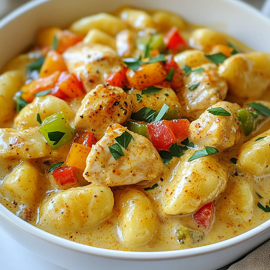 - 1 lb (450g) chicken breast, diced - 1 tablespoon Cajun seasoning - 2 tablespoons olive oil To start, you need chicken breast. I prefer to use fresh chicken. Dicing it helps the meat cook fast. Cajun seasoning gives our dish its signature kick. You can adjust the amount to suit your taste. Olive oil adds flavor and helps with cooking. - 1 cup onions, chopped - 1 cup bell peppers (red and green), chopped - 3 cloves garlic, minced Next, we need some veggies. Onions and bell peppers add sweetness and texture. Chop them finely for even cooking. Garlic is a must for flavor. Always use fresh garlic; it packs a punch. - 2 cups heavy cream - 1 cup chicken broth - 1 lb (450g) potato gnocchi - 1 cup grated Parmesan cheese - Salt and pepper to taste Now for the creamy part! Heavy cream makes the sauce rich and smooth. Chicken broth adds depth. Gnocchi, those little pasta pillows, soak up all the flavors. Parmesan cheese adds a salty touch. Don’t forget to season with salt and pepper! - Fresh parsley for garnish Finally, we need fresh parsley. It adds color and a hint of freshness. A sprinkle on top makes your meal look lovely and inviting. {{ingredient_image_1}} Start by cutting the chicken breast into small pieces. This helps them cook evenly. Next, sprinkle the Cajun seasoning over the chicken. Make sure every piece gets a nice coat of spice. This adds great flavor to the dish. Heat the olive oil in a big skillet over medium-high heat. Once the oil is hot, add the chicken. Cook it for about 5 to 7 minutes until it turns golden brown. Once done, take the chicken out and set it aside. In the same skillet, toss in the chopped onions and bell peppers. Sauté these for 3 to 4 minutes. You want them soft but still colorful. Finally, add the minced garlic. Cook it for just 30 seconds until it smells great. Now it’s time to make the creamy sauce. Pour in the heavy cream and chicken broth into the skillet. Stir them together well. Let the sauce simmer for about 5 minutes. This helps it thicken a bit. You can adjust the thickness later if needed. While the sauce simmers, add the potato gnocchi right into the sauce. Follow the package instructions, usually around 2 to 3 minutes. The gnocchi will float to the top when they are done. Once they’re ready, bring the cooked chicken back into the skillet. Stir in the grated Parmesan cheese and mix until it melts into the sauce. Season with salt and pepper to taste. Let everything sit for a couple of minutes. This helps the sauce get even creamier. Enjoy your meal! For this dish, I recommend using chicken breast. It cooks quickly and stays juicy. You can also use thighs if you prefer more flavor. Just remember to dice them into small pieces. This helps them cook evenly and stay tender. Always season the chicken well with Cajun seasoning. This adds a great kick right from the start. If you love heat, feel free to add more Cajun seasoning. Start with a little, then taste as you go. If it’s too spicy, add a splash of cream to cool it down. You can also add a pinch of sugar to balance the spice. This way, the dish stays flavorful without being overwhelming. To thicken your sauce, let it simmer for a few extra minutes. This allows the cream to reduce and become rich. If you want it thicker, mix a little cornstarch with water. Stir this mixture into the sauce slowly. Keep stirring until it thickens. This gives you control over the sauce's texture. For a beautiful presentation, serve the dish in shallow bowls. This allows the creamy sauce to show off. Garnish with fresh parsley for color. You can also sprinkle extra Parmesan on top for added flavor. A slice of lemon on the side adds a nice touch. This not only looks good but also enhances the dish’s taste. Pro Tips Season Generously: Ensure that the chicken is well-coated with Cajun seasoning to maximize flavor in every bite. Use Fresh Ingredients: Fresh bell peppers and garlic enhance the taste and aroma of the dish, making it more vibrant. Thicken the Sauce: Allow the sauce to simmer longer if you prefer a thicker consistency, which clings better to the gnocchi. Garnish for Color: Fresh parsley not only adds a pop of color but also a fresh flavor that complements the richness of the dish. {{image_2}} If chicken isn’t your thing, don’t worry! You can use shrimp instead. Just cook the shrimp for 2-3 minutes until they turn pink. Another great option is sausage. Sliced smoked sausage adds a nice flavor. You can also try using tofu for a plant-based version. For a vegetarian twist, skip the meat. Use extra veggies like zucchini, mushrooms, or spinach. These will add great flavor and texture. You can also use chickpeas for protein. They add a nice bite and soak up the sauce well. Want to jazz it up? Add some sun-dried tomatoes for a sweet and tangy kick. Fresh herbs like basil or thyme can also enhance the dish. You can try a splash of lemon juice for brightness. If you like heat, add sliced jalapeños or red pepper flakes. You can store leftover Creamy Cajun Chicken Gnocchi in the fridge. Place it in an airtight container. This way, it will stay fresh for about 3-4 days. Before serving again, check that it smells good and looks fine. If you want to save it for later, freezing works too. First, let it cool down. Then, transfer it to a freezer-safe container. It can last up to 2-3 months in the freezer. When you are ready to eat, thaw it in the fridge overnight before reheating. Reheat gently to keep the creamy texture. You can use a microwave or stovetop. If using the stovetop, add a splash of chicken broth or cream to help loosen it up. Heat it slowly over low heat, stirring often. Make sure it is hot all the way through before serving. Enjoy your tasty meal! To add more heat, use more Cajun seasoning. You can also add chopped jalapeños or red pepper flakes. These will give your dish a nice kick. Just remember to taste as you go. You can always add more spice, but it’s hard to take it away! Yes, you can use store-bought gnocchi for this recipe. It saves time and still tastes great. Look for fresh or frozen gnocchi in your store. They cook quickly and soak up the sauce well. Just follow the package instructions. Cajun seasoning is a mix of spices. It often includes paprika, garlic powder, onion powder, cayenne pepper, and black pepper. Some versions add thyme and oregano. You can make your own blend or buy it pre-made. Either way, it brings bold flavor to your dish. To make this dish healthier, use less cream. You can replace it with low-fat milk or a plant-based cream. Use more veggies like spinach or zucchini to boost nutrition. You can also add whole wheat gnocchi for more fiber. Adjusting these will still keep your meal tasty! We covered the key parts of making a tasty dish. You learned about ingredients like chicken, vegetables, and sauce. Following the step-by-step guide helps you prepare it easily. Tips on adjusting spice and storing your dish add more value. You can even switch proteins or make it vegetarian. Remember, cooking can be fun and creative. Try new flavors and share your dish with others. Happy cooking!