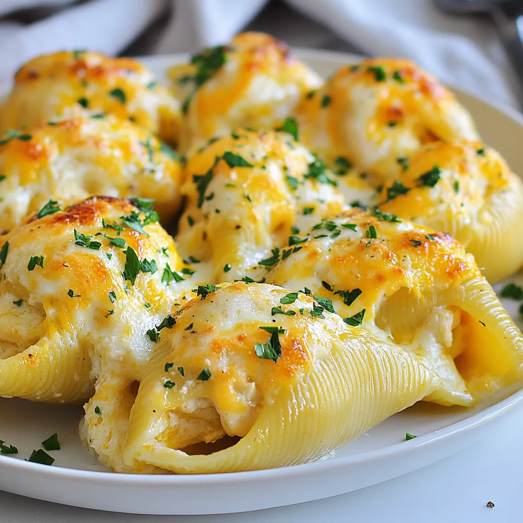 - 12 jumbo pasta shells - 2 cups cooked chicken, shredded - 1 cup ricotta cheese - 1 cup mozzarella cheese, shredded - 1/2 cup Parmesan cheese, grated - 2 cups homemade or store-bought Alfredo sauce - 1 tablespoon garlic powder - 1 teaspoon Italian seasoning - Salt and pepper to taste - Fresh parsley, chopped (for garnish) To make the Chicken Alfredo Stuffed Shells, you need a few simple items. First, grab 12 jumbo pasta shells. These large shells hold the filling well. Next, use 2 cups of cooked chicken. You can shred it yourself or buy pre-cooked chicken. It saves time! For the cheeses, gather 1 cup of ricotta, 1 cup of shredded mozzarella, and 1/2 cup of grated Parmesan. These cheeses create a creamy filling and add rich flavor. Next, you need 2 cups of Alfredo sauce. You can use homemade sauce or store-bought for convenience. For seasoning, you will need 1 tablespoon of garlic powder and 1 teaspoon of Italian seasoning. Don't forget salt and pepper to taste. These spices enhance the dish. Finally, chop some fresh parsley for garnish. It adds a nice pop of color and freshness when serving. This list keeps the recipe simple yet delicious! {{ingredient_image_1}} 1. Preheating the oven First, set your oven to 375°F (190°C). This step is key for even cooking. 2. Cooking the pasta shells Boil salted water in a large pot. Add the jumbo pasta shells. Cook them until they are al dente, which means they should still have a slight bite. Drain the shells and set them aside to cool. 3. Mixing the filling ingredients In a large mixing bowl, combine the shredded chicken, ricotta cheese, half of the mozzarella cheese, and the Parmesan cheese. Add garlic powder, Italian seasoning, salt, and pepper. Mix everything well until it is smooth and creamy. 1. Spreading the Alfredo sauce Pour half of the Alfredo sauce into the bottom of a 9x13 inch baking dish. Spread it evenly. This sauce keeps the shells moist. 2. Stuffing the shells Take each cooked pasta shell and fill it with the chicken and cheese mixture. Place the stuffed shells open side up in the baking dish. Make sure they are snug but not overcrowded. 3. Layering and baking instructions Pour the remaining Alfredo sauce over the stuffed shells. Ensure all shells are well-coated. Sprinkle the rest of the mozzarella cheese on top for that melty finish. 1. Covering and baking Cover the baking dish with aluminum foil. Bake in the preheated oven for 25 minutes. This helps the flavors blend. 2. Finishing touches and garnishing After 25 minutes, remove the foil. Bake for another 10 minutes until the cheese is bubbly and slightly golden. Once out of the oven, let it cool for a bit. Garnish with freshly chopped parsley for color and flavor. To achieve perfect al dente pasta, follow these steps: - Use plenty of water: Boil a large pot of salted water. The salt adds flavor. - Timing is key: Check the package for cook time. Set a timer a minute early. - Taste test: The pasta should be firm yet tender. If it’s soft, it’s overcooked. For shredding chicken, here are some easy techniques: - Use cooked chicken: Start with rotisserie chicken or leftover cooked chicken. - Two forks method: Hold one fork steady and use the second to pull the chicken apart. - Stand mixer hack: Place chicken in a mixer with a paddle. Mix on low speed until shredded. For a great presentation, try these tips: - Individual plates: Serve each stuffed shell on a plate. Drizzle extra Alfredo sauce on top. - Garnish: Add a sprig of fresh parsley for color and freshness. - Cheese sprinkle: A light sprinkle of extra Parmesan adds visual appeal. The best side dishes to pair with Chicken Alfredo Stuffed Shells include: - Garlic bread: It’s perfect for soaking up the creamy sauce. - Caesar salad: The crisp greens balance the rich flavors. - Steamed veggies: Broccoli or green beans add a healthy touch and color. Pro Tips Use Fresh Ingredients: Opt for fresh herbs and quality cheeses to enhance the flavor of your stuffed shells. Make Ahead: Prepare the stuffed shells in advance and refrigerate them. Bake just before serving for a quick meal. Experiment with Fillings: Feel free to add vegetables like spinach or sun-dried tomatoes to the chicken mixture for added nutrition and flavor. Leftover Storage: Store any leftovers in an airtight container in the refrigerator for up to 3 days. Reheat in the oven for best results. {{image_2}} You can change the cheese in the recipe to fit your taste. If you want a lighter option, try cottage cheese. It gives a nice texture without being too heavy. For a fun twist, use feta cheese. It adds a tangy flavor that works well with chicken. Next, consider using different types of protein. You can swap out chicken for turkey or even shrimp. Both options bring a new flavor profile to the dish. If you want a vegetarian option, try using mushrooms or spinach. They add great taste and texture. Adding vegetables can elevate your filling. You can mix in chopped spinach or bell peppers. They not only add color but also boost nutrition. Zucchini or mushrooms can also be great choices. Just sauté them lightly before mixing. To spice up the Alfredo sauce, try adding some heat. A pinch of red pepper flakes can make a big difference. You can also mix in some herbs like basil or thyme. These will give the sauce a fresh, vibrant flavor. Experimenting with these ideas can make your Chicken Alfredo Stuffed Shells unique every time you make them. To keep your Chicken Alfredo Stuffed Shells fresh, use airtight containers. Make sure to let them cool first. Store them in the fridge for up to three days. This way, they stay creamy and tasty. If you want to keep them longer, freezing works great too. To freeze, wrap the shells in plastic wrap and then place them in a freezer-safe bag. They can last up to three months in the freezer. When you want to eat them, just take out what you need. When it’s time to enjoy your leftovers, reheating is key. Avoid the microwave if you can. Instead, use the oven for the best texture. Preheat your oven to 350°F (175°C). Place the stuffed shells in a baking dish. Cover it with foil to keep moisture in. Heat them for about 20 minutes, or until they are warm. If you want to add a little more cheese, sprinkle some on top before reheating. This gives you that bubbly, cheesy goodness again. Can I make Chicken Alfredo Stuffed Shells ahead of time? Yes, you can make these stuffed shells ahead of time. Just prepare the dish, cover it, and store it in the fridge for up to a day. When ready to bake, just pop it in the oven. You may need to add a few extra minutes to the baking time. What can I substitute for Alfredo sauce? You can use a white sauce or a homemade cheese sauce. For a lighter option, try a creamy cauliflower sauce. This gives a nice flavor without the heaviness of Alfredo. How do I make this recipe vegetarian? To make this dish vegetarian, skip the chicken and add more vegetables. Spinach, mushrooms, or zucchini work great in the filling. You can also use a meat substitute if you prefer. How long do I bake the stuffed shells? Bake the stuffed shells for 25 minutes covered with foil. Then, remove the foil and bake for another 10 minutes. This helps the cheese melt and brown nicely. What’s the best way to reheat stuffed shells? To reheat, place the shells in an oven-safe dish. Cover with foil and bake at 350°F (175°C) for about 15-20 minutes. This keeps them moist and warm. Can I use regular pasta shells instead of jumbo? Yes, you can use regular pasta shells. Just note that you will need to adjust the filling amount. Smaller shells may require less filling, so keep that in mind when stuffing them. In this article, we explored how to make Chicken Alfredo Stuffed Shells. We covered ingredients, steps, tips, and variations. You learned how to prepare great flavors and textures, plus ways to store your dish. Remember, keeping it simple makes cooking fun. Enjoy making this tasty meal, and don’t be afraid to get creative. With these tips, you'll impress everyone at the table. Happy cooking!
