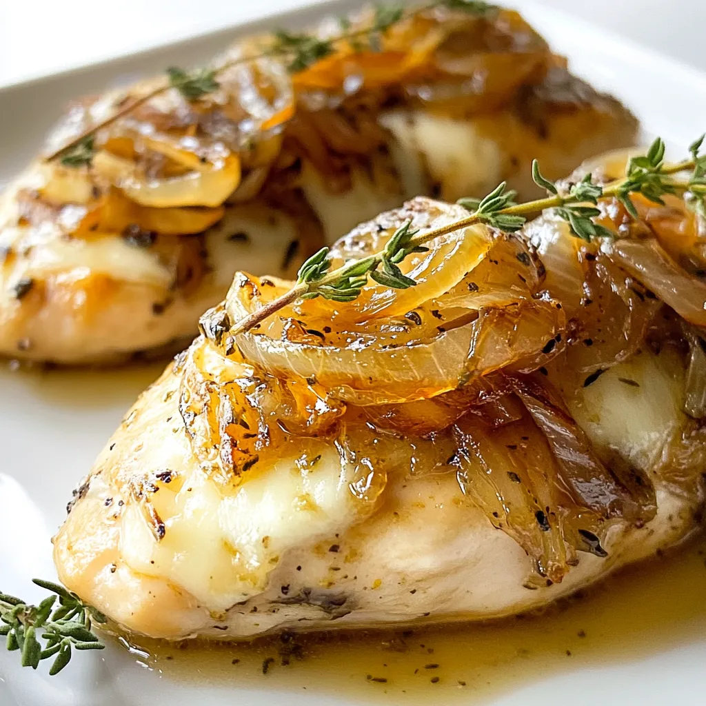 - 4 boneless, skinless chicken breasts - 2 large onions, thinly sliced - 2 tablespoons olive oil - 2 tablespoons butter For this recipe, start with fresh chicken breasts. They should have nice color and firmness. Choose large onions that are sweet for the best flavor. Olive oil and butter work together to give your dish a rich taste. - 1 tablespoon brown sugar - 1 teaspoon garlic powder - Salt and pepper to taste - Fresh thyme sprigs for garnish (optional) Brown sugar adds a slight sweetness that pairs well with onions. Garlic powder brings a nice depth of flavor. Don’t forget to season with salt and pepper. Fresh thyme sprigs make a lovely garnish if you want to impress. - Types of Swiss cheese Swiss cheese is a must for this dish. You can use sliced or shredded Swiss cheese. It melts beautifully and adds a creamy texture. I recommend using a good quality Swiss cheese for the best taste. If you want a twist, try using Gruyère for a richer flavor. {{ingredient_image_1}} First, grab a large skillet. Pour in the olive oil and butter. Heat them over medium heat. When the butter melts, add the thinly sliced onions. Sauté them for about 10 minutes. Stir occasionally to avoid burning. You want them to soften and become fragrant. Now it's time to add flavor. Sprinkle the brown sugar over the onions. This step is key for sweetness. Stir the onions frequently. Cook them for another 15-20 minutes. You want them to be deeply golden brown. This is when they become caramelized and delicious. Once done, remove them from the skillet and set aside. Next, season the chicken breasts. Use garlic powder, salt, and pepper on both sides. In the same skillet, add the seasoned chicken. Cook over medium-high heat for 6-7 minutes per side. Check for doneness; the juices should run clear. This ensures the chicken is fully cooked. After cooking, take the chicken out of the skillet. Place each piece in a baking dish. Top the chicken with a generous amount of caramelized onions. Add slices or shreds of Swiss cheese on top. Use enough to cover the onions nicely. Now, preheat your oven to 375°F (190°C). This is important for melting the cheese. Once heated, place the baking dish in the oven. Bake for about 10-12 minutes. Watch for the cheese to melt and bubble. This will give you that gooey, delicious finish. When done, take the dish out of the oven. Let it cool slightly for a few minutes. This helps the cheese set a bit. For presentation, garnish with fresh thyme sprigs if you like. Serve the chicken on a large platter. Drizzle with any leftover caramelized onions. Enjoy with roasted veggies or a light salad on the side! To get perfect caramelized onions, start with low heat. This slow cooking brings out their natural sweetness. Use a heavy skillet for even cooking. Stir them often to avoid burning. If they stick, add a splash of water to help. - Cook onions for 15-20 minutes until golden brown. - Add a pinch of salt to draw out moisture. To keep your chicken juicy, don’t overcook it. Use a meat thermometer to check doneness. Aim for 165°F (74°C) inside. Let the chicken rest after cooking. This helps the juices stay inside. - Sear chicken on each side for 6-7 minutes. - Check juices run clear for cooked chicken. For melting cheese, you can use the oven or stovetop. Baking gives a nice bubbly top. Try different types of Swiss cheese, like Emmental or Gruyère. They melt well and add flavor. - Bake at 375°F (190°C) for 10-12 minutes. - For quick melting, cover chicken with a lid on the stovetop. Pro Tips Use Fresh Onions: Fresh onions will provide a sweeter and more robust flavor when caramelized. Avoid using older onions as they may have a sharper taste. Let Chicken Rest: After cooking the chicken, let it rest for a few minutes before serving. This allows the juices to redistribute, keeping the meat moist. Experiment with Cheeses: While Swiss cheese is traditional, feel free to experiment with other melting cheeses like Gruyère or Fontina for a different flavor profile. Perfect Caramelization: For perfectly caramelized onions, be patient and cook them slowly over medium heat. Rushing can lead to burnt bits instead of sweet, soft onions. {{image_2}} Alternative meats You can use turkey breasts instead of chicken. Turkey has a mild flavor. You can also try pork chops for a twist. They cook well and pair nicely with the onions. Other cheese options While Swiss cheese is great, feel free to swap it out. Gruyère cheese melts well and adds a nutty taste. Provolone is another tasty choice. It has a smooth texture and rich flavor. Adding extra herbs or spices Fresh herbs can brighten this dish. Try adding rosemary or basil for depth. You can also sprinkle in paprika for a smoky touch. A pinch of cayenne adds heat without overpowering. Creamy additions or sauces For a richer dish, consider adding cream cheese. Mix it with the onions before layering on the chicken. You can also drizzle a creamy garlic sauce over the top before serving. Grilling vs. baking Grilling the chicken gives it a nice smoky flavor. Cook over medium heat for juicy results. Baking keeps everything tender and allows the cheese to melt evenly. Both methods are delicious! Slow cooker variation If you prefer a hands-off method, use a slow cooker. Place the chicken, onions, and cheese in the cooker. Cook on low for 6-8 hours. This method makes the chicken super tender and full of flavor. To keep your Caramelized Onion Swiss Chicken fresh, use airtight containers. Glass or plastic containers work well. Let the chicken cool to room temperature before sealing. Store in the fridge for up to three days. If you have extra caramelized onions, store them separately to maintain their texture. When you're ready to enjoy leftovers, the best way to reheat chicken is in the oven. Preheat it to 350°F (175°C). Place the chicken in a baking dish and cover it with foil. Heat for about 15-20 minutes until warmed through. This keeps the chicken juicy and the cheese melty. You can also use the microwave for a quick option. Heat on medium for 2-3 minutes, checking often. You can freeze both the chicken and onion mixture. Let them cool completely before freezing. Use freezer-safe bags or containers. Remove as much air as possible to prevent freezer burn. The chicken and onions can be frozen for up to three months. When ready to eat, thaw in the fridge overnight. Reheat in the oven or on the stove until hot. Enjoy your meal later without missing out on flavor! Yes, you can use regular onions. They will give a slightly sharper taste. Sweet onions, like Vidalia, add a nice sweetness. If you choose regular onions, consider adding a little more brown sugar. This will help balance the flavors. Caramelized onions are ready when they turn a deep golden brown. This usually takes about 25-30 minutes. Stir them often to ensure even cooking. If they burn, the taste will be bitter, so keep an eye on them. Yes! You can replace chicken breasts with chicken thighs for a juicier option. Use cauliflower rice instead of serving with traditional sides like rice or pasta. This keeps the meal flavorful while reducing carbs. Great sides include roasted vegetables, a fresh salad, or mashed potatoes. These sides complement the savory chicken and rich cheese. You can also serve it with garlic bread for a hearty touch. Absolutely! You can prepare the caramelized onions and chicken in advance. Store them separately in the fridge. When ready to eat, assemble and bake. This makes dinner even easier on busy nights. In this blog post, I covered how to make Caramelized Onion Swiss Chicken. We looked at key ingredients like chicken breasts, sweet onions, and Swiss cheese. I shared step-by-step instructions for preparing, cooking, layering, and garnishing your dish. To enhance the flavor, we discussed tips for caramelization and perfect cooking techniques. For final thoughts, try variations and make this dish your own. Enjoy the rich flavors and satisfying textures that come together in this recipe. Happy cooking!