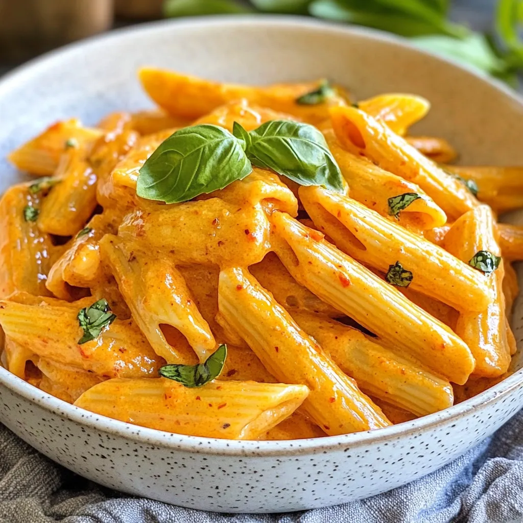 - 12 oz pasta (penne or fettuccine) - 2 large red bell peppers - 1 medium onion, chopped - 3 cloves garlic, minced - 1 cup heavy cream (or coconut cream for dairy-free) - 1/2 cup grated Parmesan cheese (or nutritional yeast for vegan) - 2 tablespoons olive oil - Salt and pepper - Fresh basil for garnish Gathering the right ingredients is key to making this creamy roasted red pepper pasta shine. I love using penne or fettuccine for this dish because they hold sauce well. You want fresh, ripe red bell peppers for the best flavor. Roasting them brings out their natural sweetness. Chop one medium onion and mince three garlic cloves for the base of the sauce. Heavy cream gives a rich texture, but coconut cream works great for dairy-free needs. For a vegan option, substitute Parmesan cheese with nutritional yeast. Don't forget olive oil, salt, and pepper to enhance the flavors. Finally, fresh basil adds a nice touch at the end. It brings fresh notes that balance the creaminess of the dish. This ingredient list is simple yet powerful. Each item plays a role in creating a delightful meal that everyone will enjoy. {{ingredient_image_1}} 1. Preheat your oven to 400°F (200°C). 2. Place the red bell peppers on a baking sheet. Drizzle them with olive oil. 3. Roast the peppers for about 25 to 30 minutes. Watch for charred skins. 4. When done, take them out and let them cool. 5. Once cool, peel off the skins and remove the seeds. 1. In a large pot, boil salted water. 2. Cook the pasta according to the package instructions until it is al dente. 3. Reserve one cup of pasta water. Drain the pasta. 1. In a large skillet, heat two tablespoons of olive oil over medium heat. 2. Add the chopped onion. Sauté until it is soft and translucent, about five minutes. 3. Next, add the minced garlic. Cook for one more minute until fragrant. 4. In a blender, combine the roasted red peppers, sautéed onion, garlic, heavy cream, and Parmesan cheese. 5. Blend until the mixture is smooth and creamy. If the sauce is thick, add some reserved pasta water. 1. Pour the creamy red pepper sauce over the drained pasta. 2. Stir well to mix everything together. 3. If needed, heat through on low for a couple of minutes. 4. Season with salt and pepper to taste. - Cook the pasta until it is al dente. This means it should be firm when you bite it. Overcooked pasta can turn mushy. - Reserve one cup of the pasta water before draining. This helps adjust the sauce later. - Try different cheeses like goat cheese or mozzarella. Each cheese gives a unique taste. - Add spices like red pepper flakes or Italian seasoning. This boosts the flavor of the dish. - Garnish with fresh basil for a pop of color. It also adds a fresh taste. - Drizzle some extra olive oil on top before serving. This makes the dish look inviting. Pro Tips Choose the Right Pasta: Select a pasta shape that holds sauce well, such as penne or fusilli, to enhance your dish's texture. Perfectly Roasted Peppers: For a deeper flavor, let the roasted peppers cool completely before peeling; this helps to release their natural sweetness. Adjusting Sauce Consistency: If your sauce is too thick, gradually add reserved pasta water until you achieve the desired creaminess. Enhance with Fresh Herbs: Incorporate fresh herbs like basil or parsley not just for garnish, but also blended into the sauce for added flavor. {{image_2}} To make this dish vegan, start by swapping heavy cream with coconut cream. This gives a rich, creamy texture without dairy. For cheese, use nutritional yeast instead of Parmesan. Nutritional yeast adds a cheesy flavor while being plant-based. If you need a gluten-free meal, choose gluten-free pasta alternatives. Options like brown rice pasta or chickpea pasta work well. They cook up nicely and keep the dish delicious. You can add veggies or proteins to make this dish even better. Try spinach, mushrooms, or grilled chicken for extra flavor. For seasonal variations, use fresh tomatoes in summer or roasted butternut squash in fall. These changes keep the dish fresh and exciting. To store leftover creamy roasted red pepper pasta, place it in an airtight container. Make sure it cools down before sealing. This helps keep moisture in and food safe. The shelf life in the refrigerator is about 3 to 5 days. Always check for any off smells or changes in texture before eating. To freeze the pasta and sauce, first, let them cool. Then, place them in a freezer-safe container or bag. Remove as much air as possible to prevent freezer burn. For best results, consume within 2 to 3 months. For thawing, place the frozen pasta in the fridge overnight. This keeps it from getting too mushy. When ready to reheat, warm it in a saucepan over low heat. Add a splash of reserved pasta water for creaminess. Stir often until heated through for the best texture. I recommend using penne or fettuccine. Both shapes hold sauce well. Penne's ridges catch the creamy sauce, while fettuccine offers a nice, flat surface. You can also try other types like spaghetti or rotini. Each pasta brings its own charm to the dish. Choose your favorite for a fun twist! Yes, you can prepare this dish ahead of time. Cook the pasta and sauce separately. Once cooled, store them in the fridge. When you're ready to eat, just heat the sauce and add the pasta. This saves time on busy days. It also enhances the flavors as they meld together! To add some heat, include red pepper flakes when cooking the sauce. You can also blend in fresh jalapeños for a kick. Another option is to use spicy paprika. Adjust the amount based on your taste. Adding these ingredients can turn this creamy dish into a spicy delight! You can lighten this dish by swapping heavy cream with coconut cream or almond milk. Choose whole grain or legume-based pasta for added fiber. For cheese, use nutritional yeast instead of Parmesan. These swaps keep the flavors while reducing calories. Enjoy a healthier version without losing taste! You now have a great recipe for creamy roasted red pepper pasta. We explored each step, from selecting the right ingredients to storage tips. I shared cooking tips, variations, and ways to enhance flavor. Feel free to adjust the recipe to your taste and dietary needs. Enjoy the process and make this dish your own. Cooking should be fun, and this recipe is a delicious way to create a meal you love.