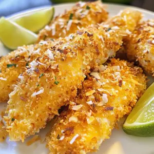 To make crispy coconut chicken tenders, gather these key ingredients: - 1 lb chicken tenders - 1 cup all-purpose flour - 2 large eggs - 1 cup shredded coconut (sweetened or unsweetened) - 1 cup panko breadcrumbs - 1 teaspoon garlic powder - 1 teaspoon onion powder - 1 teaspoon paprika - 1 teaspoon salt - 1/2 teaspoon black pepper - 1/4 teaspoon cayenne pepper (optional for heat) - 1/2 cup vegetable oil (for frying) - Fresh lime wedges (for serving) These ingredients work together to create a crunchy and flavorful dish. The chicken tenders provide the protein base, while the breading gives that satisfying crunch. Sometimes, you may not have all the ingredients. Here are some easy swaps: - Use almond flour instead of all-purpose flour for a gluten-free option. - Swap eggs with a flaxseed mixture (1 tablespoon flaxseed meal + 2.5 tablespoons water) for a vegan option. - Use sweetened coconut if you like a sweeter flavor, or unsweetened for a more savory taste. These substitutions keep the dish tasty and allow you to cater to dietary needs. Want to change things up? Consider adding these optional ingredients: - Fresh herbs like cilantro or parsley for a fresh taste. - A squeeze of lime juice right before serving to brighten the flavors. - A pinch of curry powder for a unique twist. These additions can enhance the dish and make it your own. Enjoy experimenting with flavors! {{ingredient_image_1}} To start, you need three shallow dishes. In the first dish, mix 1 cup of flour with garlic powder, onion powder, paprika, salt, black pepper, and cayenne pepper. This mix adds great flavor. In the second dish, whisk two large eggs until they are smooth. The eggs help the coating stick to the chicken. In the third dish, combine 1 cup of shredded coconut with 1 cup of panko breadcrumbs. This mix creates a crunchy coating. Take one chicken tender and dip it into the flour mix. Make sure it is fully coated. Then, shake off the extra flour. Next, dip the floured chicken into the beaten eggs. Let any extra egg drip off. Finally, press the chicken into the coconut-panko mix, ensuring it is well covered. Repeat this for all chicken tenders. This process makes the chicken extra crispy. Heat 1/2 cup of vegetable oil in a large skillet over medium-high heat. To check if the oil is ready, drop in a breadcrumb. If it sizzles, you are good to go. Carefully add the breaded chicken tenders to the hot oil. Fry them in batches. This keeps them from sticking together. Cook each side for about 4-5 minutes, or until they are golden brown. Use a meat thermometer to check that the chicken reaches 165°F (75°C). Once cooked, transfer the chicken to a paper towel-lined plate to drain excess oil. Serve them warm with fresh lime wedges for a tasty touch. To get that crunchy bite, use panko breadcrumbs. They add a great crunch. Mix them with shredded coconut for extra flavor. You want to coat the chicken well. Press the mixture on firmly. This helps it stick during frying. Heat your oil to medium-high. This keeps the chicken crispy. If the oil is too cool, the tenders will soak up oil. Test the oil by dropping in a breadcrumb. If it bubbles, the oil is ready. Fry in small batches. This prevents crowding and ensures even cooking. Cook for about 4-5 minutes on each side. Use a meat thermometer to check for doneness. The internal temperature should reach 165°F (75°C). Serve your coconut chicken tenders with fresh lime wedges. The lime adds a nice zesty flavor. You can also add a sprinkle of fresh herbs like cilantro or parsley. This not only looks pretty but adds fresh taste. For a fun twist, try a dipping sauce like sweet chili or honey mustard. Pro Tips Use Fresh Ingredients: Always opt for fresh chicken and high-quality coconut for the best flavor and texture in your tenders. Control the Oil Temperature: Maintaining the right oil temperature is crucial; too hot and the outside will burn before the inside cooks, too cool and they'll absorb oil and become greasy. Experiment with Flavors: Feel free to add your favorite spices to the flour mixture to customize the flavor profile to your liking. Serve with Dipping Sauce: Pair your crispy coconut chicken tenders with a tangy dipping sauce like sweet chili or mango salsa for an extra burst of flavor. {{image_2}} If you want a lighter option, try baking the chicken tenders. Preheat your oven to 400°F (200°C). Line a baking sheet with parchment paper. Follow the same breading steps, then place the tenders on the sheet. Spray them lightly with cooking oil. Bake for about 20-25 minutes, flipping halfway through. This method gives you crispy tenders with less oil. To spice things up, add more flavor to your tenders. Mix cayenne pepper or chili powder into the flour mixture. You can also add some hot sauce to the eggs for extra heat. For a sweet twist, try a dash of honey mixed into the egg wash. These small changes make a big difference in taste! If you need a gluten-free version, swap out the flour and panko. Use gluten-free all-purpose flour and gluten-free breadcrumbs. Make sure to check the labels, as some coconut brands may add gluten. This way, everyone can enjoy crispy coconut chicken tenders without worry! After enjoying your crispy coconut chicken tenders, store any leftovers in an airtight container. I suggest letting them cool to room temperature first. Keep them in the fridge for up to three days. This way, they stay fresh and tasty for your next meal. To reheat your chicken tenders, use an oven for the best results. Preheat the oven to 375°F (190°C). Place the tenders on a baking sheet. Heat them for about 10-15 minutes. This warms them through and keeps them crispy. You can also use a toaster oven if you don’t want to heat the big oven. Avoid the microwave, as it can make them soggy. If you want to save some for later, freezing is a great option. First, let the chicken tenders cool completely. Arrange them in a single layer on a baking sheet and freeze for about an hour. Once frozen, transfer them to a freezer bag. Be sure to remove as much air as you can. They can stay in the freezer for up to two months. When you're ready to eat them, thaw in the fridge overnight before reheating. You can tell if chicken tenders are cooked by checking their color and texture. The outside should be golden brown and crispy. The best way to check is with a meat thermometer. Insert it into the thickest part of the chicken. It should read 165°F (75°C) to be safe to eat. If you don’t have a thermometer, cut one open. The meat should be white and the juices should run clear. Yes, you can use frozen chicken tenders. Thaw them first in the fridge to ensure even cooking. If you fry them straight from the freezer, they may not cook evenly. This can lead to a soggy texture. Always make sure the internal temperature reaches 165°F (75°C) to keep it safe. Coconut chicken tenders go well with many sauces. Here are some tasty options: - Sweet chili sauce adds a nice kick. - Honey mustard gives a sweet and tangy flavor. - BBQ sauce offers a smoky taste. - A lime cilantro sauce brings freshness. - Spicy mayo gives a creamy, spicy twist. Feel free to mix and match until you find your favorite! This blog post covers how to make great coconut chicken tenders. We looked at ingredients, including main and optional ones. We also shared step-by-step instructions for coating and frying. You learned tips for crispy texture and best frying methods. We explored fun variations, like oven baking and flavor changes. Lastly, you discovered storage tips and answers to common questions. Enjoy your delicious tenders! With practice, you’ll make them just right every time. Now, go ahead and create your own tasty version!