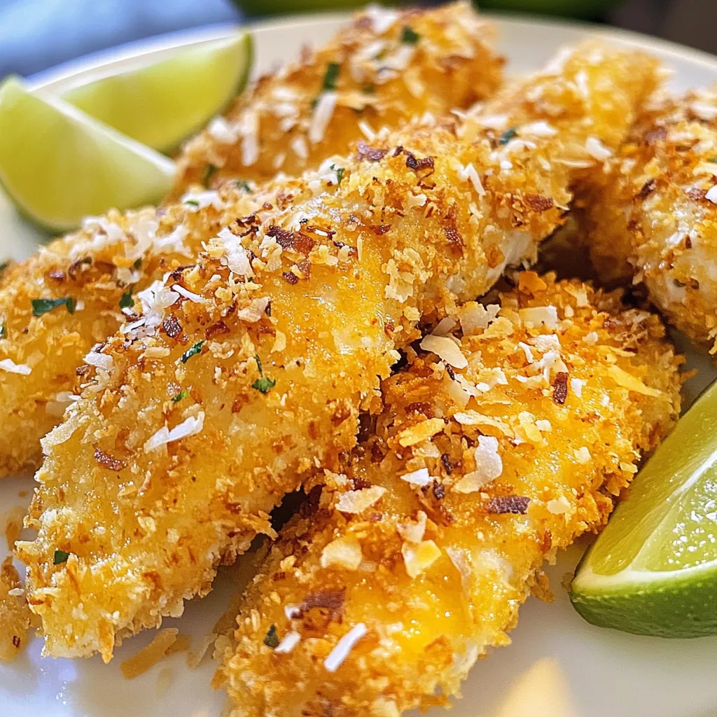 To make crispy coconut chicken tenders, gather these key ingredients: - 1 lb chicken tenders - 1 cup all-purpose flour - 2 large eggs - 1 cup shredded coconut (sweetened or unsweetened) - 1 cup panko breadcrumbs - 1 teaspoon garlic powder - 1 teaspoon onion powder - 1 teaspoon paprika - 1 teaspoon salt - 1/2 teaspoon black pepper - 1/4 teaspoon cayenne pepper (optional for heat) - 1/2 cup vegetable oil (for frying) - Fresh lime wedges (for serving) These ingredients work together to create a crunchy and flavorful dish. The chicken tenders provide the protein base, while the breading gives that satisfying crunch. Sometimes, you may not have all the ingredients. Here are some easy swaps: - Use almond flour instead of all-purpose flour for a gluten-free option. - Swap eggs with a flaxseed mixture (1 tablespoon flaxseed meal + 2.5 tablespoons water) for a vegan option. - Use sweetened coconut if you like a sweeter flavor, or unsweetened for a more savory taste. These substitutions keep the dish tasty and allow you to cater to dietary needs. Want to change things up? Consider adding these optional ingredients: - Fresh herbs like cilantro or parsley for a fresh taste. - A squeeze of lime juice right before serving to brighten the flavors. - A pinch of curry powder for a unique twist. These additions can enhance the dish and make it your own. Enjoy experimenting with flavors! {{ingredient_image_1}} To start, you need three shallow dishes. In the first dish, mix 1 cup of flour with garlic powder, onion powder, paprika, salt, black pepper, and cayenne pepper. This mix adds great flavor. In the second dish, whisk two large eggs until they are smooth. The eggs help the coating stick to the chicken. In the third dish, combine 1 cup of shredded coconut with 1 cup of panko breadcrumbs. This mix creates a crunchy coating. Take one chicken tender and dip it into the flour mix. Make sure it is fully coated. Then, shake off the extra flour. Next, dip the floured chicken into the beaten eggs. Let any extra egg drip off. Finally, press the chicken into the coconut-panko mix, ensuring it is well covered. Repeat this for all chicken tenders. This process makes the chicken extra crispy. Heat 1/2 cup of vegetable oil in a large skillet over medium-high heat. To check if the oil is ready, drop in a breadcrumb. If it sizzles, you are good to go. Carefully add the breaded chicken tenders to the hot oil. Fry them in batches. This keeps them from sticking together. Cook each side for about 4-5 minutes, or until they are golden brown. Use a meat thermometer to check that the chicken reaches 165°F (75°C). Once cooked, transfer the chicken to a paper towel-lined plate to drain excess oil. Serve them warm with fresh lime wedges for a tasty touch. To get that crunchy bite, use panko breadcrumbs. They add a great crunch. Mix them with shredded coconut for extra flavor. You want to coat the chicken well. Press the mixture on firmly. This helps it stick during frying. Heat your oil to medium-high. This keeps the chicken crispy. If the oil is too cool, the tenders will soak up oil. Test the oil by dropping in a breadcrumb. If it bubbles, the oil is ready. Fry in small batches. This prevents crowding and ensures even cooking. Cook for about 4-5 minutes on each side. Use a meat thermometer to check for doneness. The internal temperature should reach 165°F (75°C). Serve your coconut chicken tenders with fresh lime wedges. The lime adds a nice zesty flavor. You can also add a sprinkle of fresh herbs like cilantro or parsley. This not only looks pretty but adds fresh taste. For a fun twist, try a dipping sauce like sweet chili or honey mustard. Pro Tips Use Fresh Ingredients: Always opt for fresh chicken and high-quality coconut for the best flavor and texture in your tenders. Control the Oil Temperature: Maintaining the right oil temperature is crucial; too hot and the outside will burn before the inside cooks, too cool and they'll absorb oil and become greasy. Experiment with Flavors: Feel free to add your favorite spices to the flour mixture to customize the flavor profile to your liking. Serve with Dipping Sauce: Pair your crispy coconut chicken tenders with a tangy dipping sauce like sweet chili or mango salsa for an extra burst of flavor. {{image_2}} If you want a lighter option, try baking the chicken tenders. Preheat your oven to 400°F (200°C). Line a baking sheet with parchment paper. Follow the same breading steps, then place the tenders on the sheet. Spray them lightly with cooking oil. Bake for about 20-25 minutes, flipping halfway through. This method gives you crispy tenders with less oil. To spice things up, add more flavor to your tenders. Mix cayenne pepper or chili powder into the flour mixture. You can also add some hot sauce to the eggs for extra heat. For a sweet twist, try a dash of honey mixed into the egg wash. These small changes make a big difference in taste! If you need a gluten-free version, swap out the flour and panko. Use gluten-free all-purpose flour and gluten-free breadcrumbs. Make sure to check the labels, as some coconut brands may add gluten. This way, everyone can enjoy crispy coconut chicken tenders without worry! After enjoying your crispy coconut chicken tenders, store any leftovers in an airtight container. I suggest letting them cool to room temperature first. Keep them in the fridge for up to three days. This way, they stay fresh and tasty for your next meal. To reheat your chicken tenders, use an oven for the best results. Preheat the oven to 375°F (190°C). Place the tenders on a baking sheet. Heat them for about 10-15 minutes. This warms them through and keeps them crispy. You can also use a toaster oven if you don’t want to heat the big oven. Avoid the microwave, as it can make them soggy. If you want to save some for later, freezing is a great option. First, let the chicken tenders cool completely. Arrange them in a single layer on a baking sheet and freeze for about an hour. Once frozen, transfer them to a freezer bag. Be sure to remove as much air as you can. They can stay in the freezer for up to two months. When you're ready to eat them, thaw in the fridge overnight before reheating. You can tell if chicken tenders are cooked by checking their color and texture. The outside should be golden brown and crispy. The best way to check is with a meat thermometer. Insert it into the thickest part of the chicken. It should read 165°F (75°C) to be safe to eat. If you don’t have a thermometer, cut one open. The meat should be white and the juices should run clear. Yes, you can use frozen chicken tenders. Thaw them first in the fridge to ensure even cooking. If you fry them straight from the freezer, they may not cook evenly. This can lead to a soggy texture. Always make sure the internal temperature reaches 165°F (75°C) to keep it safe. Coconut chicken tenders go well with many sauces. Here are some tasty options: - Sweet chili sauce adds a nice kick. - Honey mustard gives a sweet and tangy flavor. - BBQ sauce offers a smoky taste. - A lime cilantro sauce brings freshness. - Spicy mayo gives a creamy, spicy twist. Feel free to mix and match until you find your favorite! This blog post covers how to make great coconut chicken tenders. We looked at ingredients, including main and optional ones. We also shared step-by-step instructions for coating and frying. You learned tips for crispy texture and best frying methods. We explored fun variations, like oven baking and flavor changes. Lastly, you discovered storage tips and answers to common questions. Enjoy your delicious tenders! With practice, you’ll make them just right every time. Now, go ahead and create your own tasty version!