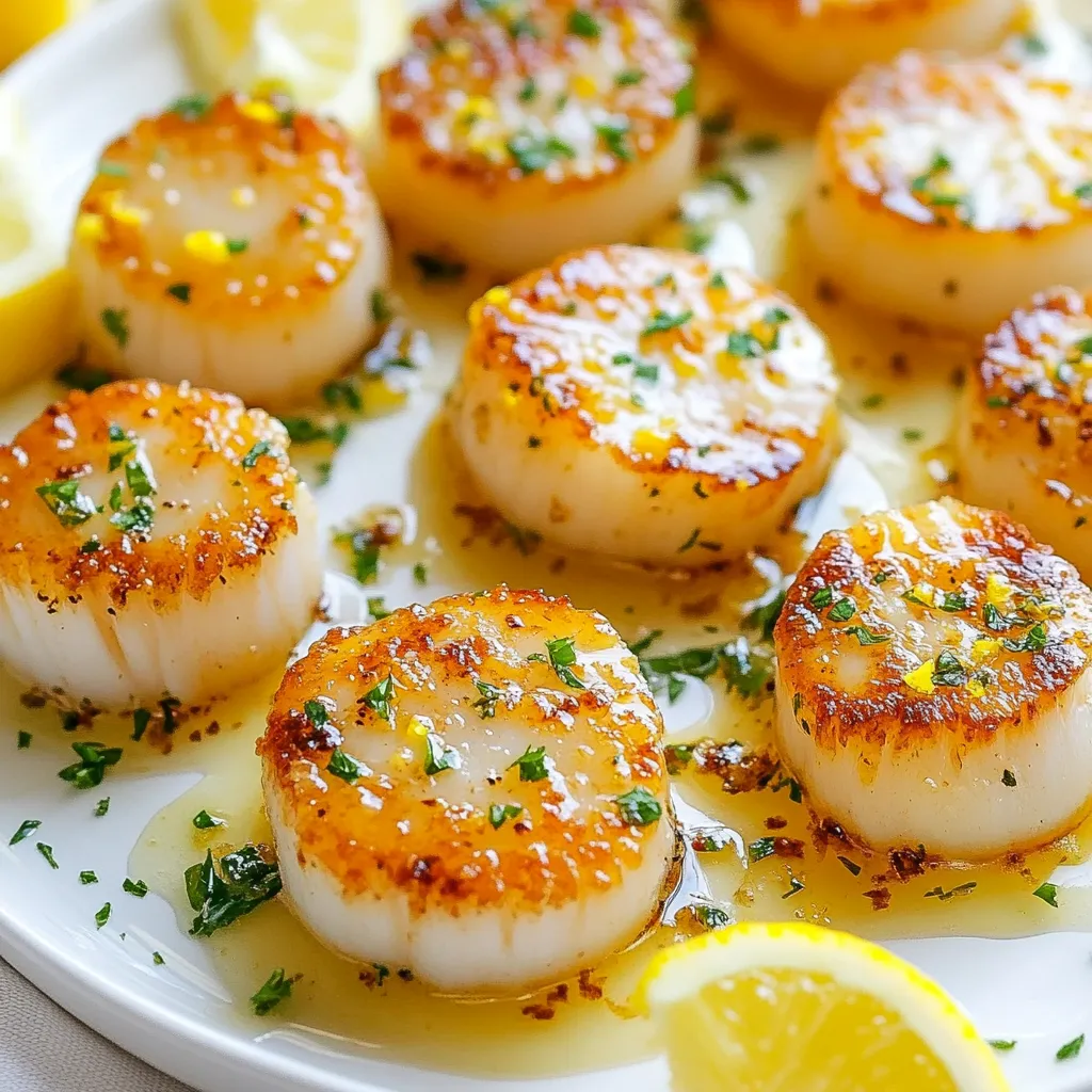 To make Lemon Garlic Butter Scallops, you need a few simple ingredients. Here’s what you’ll need: - 1 pound sea scallops, patted dry - 4 tablespoons unsalted butter - 3 cloves garlic, minced - Juice and zest of 1 lemon - 2 tablespoons fresh parsley, chopped - Salt and pepper to taste - Lemon wedges for serving Each ingredient plays a key role in creating a rich taste. The sea scallops are the star. They should be fresh and dry to get that perfect sear. The unsalted butter adds a creamy flavor, while garlic gives it a nice kick. Lemon juice and zest bring brightness, balancing the richness. Fresh parsley adds color and a fresh taste. Don’t forget salt and pepper; they enhance all the flavors. Serve with lemon wedges to add a zesty touch at the end. Gathering these ingredients is easy. You can find them in any grocery store. Having everything ready makes cooking smooth and fun. Enjoy the process, and get ready for a tasty meal! {{ingredient_image_1}} Start by ensuring the scallops are dry. This step is key for a good sear. I pat them dry with a paper towel. Next, I season the scallops with salt and pepper. A light sprinkle on both sides is enough. In a large skillet, I melt 2 tablespoons of butter over medium-high heat. Once the butter sizzles and foams, I add the scallops. I make sure not to overcrowd the pan. I cook them for 2-3 minutes without moving them. This helps form a golden crust. Then, I flip them carefully and check for doneness. They should cook for another 2-3 minutes until they are opaque. Once done, I transfer the scallops to a plate and cover them to keep warm. In the same skillet, I add the remaining 2 tablespoons of butter and minced garlic. I sauté the garlic for about 1 minute until it gets fragrant. I am careful not to burn it. Then, I add the lemon juice and zest, stirring to combine. I let the sauce simmer for 1-2 minutes to blend the flavors. Finally, I return the scallops to the skillet. I gently coat them in the lemon garlic butter sauce. This adds a bright, zesty flavor to the dish. To sear scallops well, start with dry scallops. Pat them with a paper towel. Dry scallops will get a nice crust. If they are wet, they will steam instead of sear. Space is key too. Do not overcrowd the pan. This way, the heat stays high, and your scallops cook evenly. To boost the flavor, try adding fresh herbs. Thyme or basil works great. You can also sprinkle in some red pepper flakes for heat. A dash of smoked paprika adds depth. Feel free to experiment with your favorite spices. When serving, use a nice plate. Arrange the scallops in a circle or in a line. Drizzle the sauce over them for a glossy look. Garnish with fresh parsley and lemon wedges. This adds color and freshness to your dish. Enjoy your beautiful creation! Pro Tips Dry Scallops for Perfect Sear: Ensure your scallops are patted dry before cooking. Moisture will prevent them from searing properly and developing a golden crust. Use High Heat: Cooking scallops on medium-high heat is essential. This helps achieve that beautiful caramelization on the outside while keeping the inside tender. Don’t Overcrowd the Pan: Give your scallops space in the skillet. Overcrowding will lower the temperature of the pan and lead to steaming instead of searing. Finishing Touch with Parsley: Stir in fresh parsley at the end for a burst of color and flavor. It enhances the dish and adds a fresh, aromatic note. {{image_2}} You can swap butter for olive oil for a lighter option. Olive oil adds a nice flavor, too. For a dairy-free choice, avocado oil works well. Try different seasonings like thyme or rosemary for a twist. You can also add red pepper flakes for some heat. If you want to serve more people, it’s easy to scale up this dish. Just double or triple the ingredients. Keep the same cooking time, but you may need a bigger pan. Cook in batches if your skillet can’t hold all the scallops at once. This helps them sear nicely. Pair your scallops with fresh sides. A simple green salad adds a nice crunch. You can also serve them with garlic bread to soak up the sauce. Roasted asparagus or sautéed spinach make great sides, too. For a heartier meal, try them with creamy risotto or pasta. To keep your lemon garlic butter scallops fresh, store them in an airtight container. Place the container in the fridge within two hours of cooking. They will stay good for up to two days. Make sure to separate the scallops from the sauce if possible. This way, they won’t get too soggy. When reheating scallops, the goal is to keep them tender. You can use a skillet or microwave. For the skillet, add a little butter or oil and heat on low. Cook for about 2-3 minutes until warmed through. In the microwave, heat them in short bursts of 30 seconds, checking often. This keeps them from overcooking. While I recommend eating scallops fresh, you can freeze them if needed. Place the scallops in a single layer on a baking sheet. Freeze until solid, then transfer them to a freezer-safe bag. They can last for up to three months. To thaw, place them in the fridge overnight or run them under cold water. Avoid using a microwave for thawing, as it may cook them unevenly. Scallops should cook for about 4 to 6 minutes total. Start with 2 to 3 minutes on one side. When they turn golden brown, flip them. Cook for another 2 to 3 minutes. You want them opaque and firm. If they are overcooked, they become rubbery. Yes, you can use frozen scallops. Make sure to thaw them first. Place them in the fridge overnight or run cold water over them. Frozen scallops need a little more cooking time. They might also release more water, so dry them well before cooking. Lemon Garlic Butter Scallops pair well with many sides. Try serving them with: - Garlic mashed potatoes - Steamed asparagus - Fresh salad with lemon vinaigrette - Crusty bread to soak up the sauce For drinks, a crisp white wine or sparkling water enhances the meal. This post gave you a clear guide to making Lemon Garlic Butter Scallops. We covered the ingredients, cooking steps, and tips for perfect scallops. I shared ideas for variations and storage methods too. Now, you can impress your family and friends with this dish. Follow these steps, and enjoy the fresh flavors. Cooking can be fun and easy with the right tools and tips! Enjoy your meal!