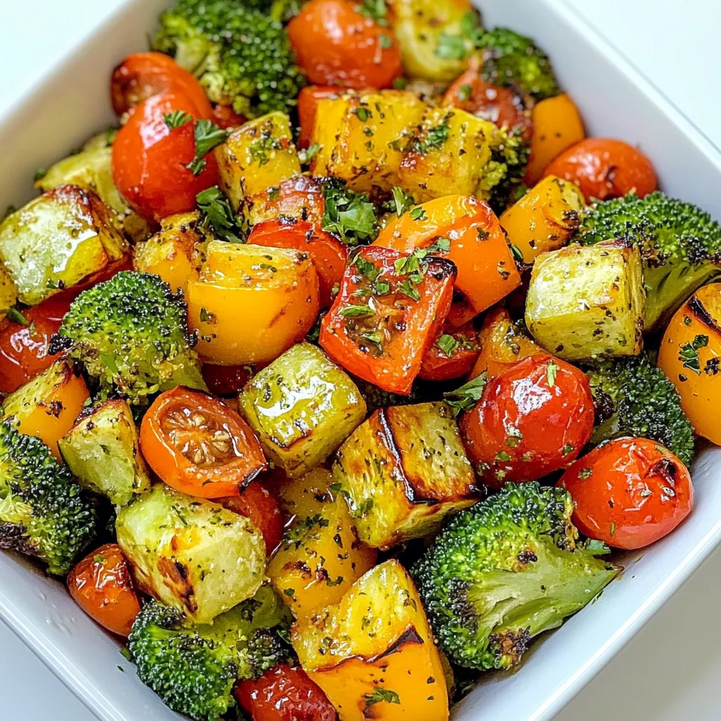 For Garlic Herb Roasted Veggies, you will need: - 2 cups broccoli florets - 2 cups mixed bell peppers, sliced - 1 cup sliced carrots - 1 cup sliced zucchini - 1 cup halved cherry tomatoes - 4 cloves garlic, minced - 4 tablespoons olive oil - 1 tablespoon balsamic vinegar - 1 teaspoon dried oregano - 1 teaspoon dried thyme - Salt and pepper to taste You can add extra flavor with these optional ingredients: - Fresh basil or rosemary - A squeeze of lemon juice - Red pepper flakes for heat - Grated Parmesan cheese for a savory touch If you don’t have some ingredients, here are some swaps: - Use asparagus instead of broccoli for a different taste. - Swap bell peppers with any other colorful veggie. - Can replace olive oil with avocado oil or melted coconut oil. - Use fresh herbs instead of dried for a brighter flavor. These tips help you make this dish your own! {{ingredient_image_1}} Start by washing all your veggies well. You want them clean and fresh. For this dish, use 2 cups of broccoli florets, 2 cups of mixed bell peppers, 1 cup of sliced carrots, 1 cup of sliced zucchini, and 1 cup of halved cherry tomatoes. Cut each veggie into bite-sized pieces. This helps them cook evenly. Add all the chopped vegetables into a large mixing bowl. Make sure you have enough room to mix them well later. Next, grab a small bowl. In this bowl, mix 4 minced garlic cloves, 4 tablespoons of olive oil, and 1 tablespoon of balsamic vinegar. Then, add 1 teaspoon of dried oregano and 1 teaspoon of dried thyme. Sprinkle in some salt and pepper to taste. Whisk this mixture until it blends well. This garlic herb mixture adds a great flavor to the veggies, so take your time to make it smooth. Now, it’s time to roast! Preheat your oven to 425°F (220°C). This high heat helps the veggies get nice and crispy. Pour the garlic herb mixture over the vegetables in the large bowl. Toss everything together until the veggies are fully coated. Spread the veggies in a single layer on a baking sheet lined with parchment paper. Make sure they have space to roast. If they are too close, they may steam instead of roast. Place the baking sheet in your preheated oven. Roast the veggies for 20-25 minutes. Stir them halfway through to ensure they cook evenly. They should be tender and lightly browned when done. Once they are ready, take the baking sheet out of the oven. Let the veggies cool for a couple of minutes. If you like, garnish them with fresh chopped parsley before serving. Enjoy your delicious garlic herb roasted veggies! To get the best roast, choose fresh veggies. Fresh veggies taste great and hold their shape. Cut them into similar sizes. This helps them cook evenly. Spread the veggies in one layer on the baking sheet. If they are crowded, they will steam instead of roast. Stir them halfway through. This ensures all sides get that nice brown color. You can add more herbs for extra flavor. Try fresh rosemary or basil for a nice twist. If you have some parsley, chop it up and mix it in. You can also use herbs de Provence for a unique taste. Just remember to balance the flavors. Too many herbs can overpower the dish. Serve your roasted veggies in a shallow bowl. Drizzle extra balsamic vinegar on top for a tangy kick. Fresh parsley can add a pop of color. You could also pair these veggies with grilled chicken or fish. They make a great side for any meal. Enjoy them warm or at room temperature! Pro Tips Cut Veggies Evenly: Ensure that all vegetables are cut to a similar size for even roasting. Use Fresh Herbs: Fresh herbs can elevate the flavor profile, so consider adding fresh oregano or thyme. Experiment with Veggies: Feel free to swap in your favorite vegetables like asparagus or Brussels sprouts. Check for Doneness: Use a fork to check if the veggies are tender; they should have a slight char without being mushy. {{image_2}} You can change the vegetables based on the season. In spring, use fresh asparagus and peas. Summer is great for adding eggplant and squash. In fall, try sweet potatoes and Brussels sprouts. Winter brings hearty root veggies like parsnips and turnips. Mixing these will give you new flavors. Plus, it keeps the dish fresh and fun. Want to make this dish a full meal? You can add protein easily. Try adding chickpeas for a vegan option. If you eat meat, chicken or shrimp works well. Just toss them in with the veggies and roast together. This makes the dish hearty and satisfying. Protein adds flavor and keeps you full longer. This recipe is already vegan and gluten-free! Use olive oil and balsamic vinegar without worry. Always check labels to avoid hidden gluten. You can also add nuts or seeds for a crunch. Almonds or pumpkin seeds give extra texture and flavor. Enjoy this dish knowing it fits many diets! After you make Garlic Herb Roasted Veggies, store them in an airtight container. Let the veggies cool down first. Place them in the fridge for up to three days. If you want to keep them fresh, do not mix them with other foods. This helps them stay crisp. To reheat, use either the oven or a microwave. For the oven, preheat it to 350°F (175°C). Spread the veggies on a baking sheet. Heat for about 10 to 15 minutes. This keeps them crispy. If you use a microwave, place them in a bowl. Heat on high for about 1 to 2 minutes. Check to see if they are warm enough. You can freeze the roasted veggies too! Cool them completely before freezing. Place them in a freezer-safe bag. Remove as much air as possible to prevent freezer burn. They can last up to three months in the freezer. When you are ready to eat them, thaw in the fridge. Reheat in the oven for best results. Yes, you can use frozen vegetables. Frozen veggies are convenient and quick. However, they may release extra water. This can make them a bit soggy. To avoid this, thaw them first. Pat them dry with a towel before roasting. This will help them roast better and stay crisp. To keep your veggies crisp, follow these tips: - Use fresh vegetables when possible. - Cut them into uniform pieces for even cooking. - Avoid overcrowding the baking sheet. This lets hot air circulate. - Roast them at a high temperature, like 425°F (220°C). - Stir them halfway through to ensure even roasting. These steps will give you tasty, crunchy veggies every time. Many herbs pair well with garlic and roasted veggies. Here are some great options: - Rosemary adds a woodsy flavor. - Basil gives a sweet, fresh taste. - Sage brings warmth and depth. - Dill offers a bright and tangy note. Feel free to mix and match. Find your favorite flavor combos! You learned about the key ingredients, step-by-step instructions, and helpful tips for roasting veggies. Each section offered options to make the dish your own. From substitutions to serving ideas, I wanted to equip you with all the info you need. Remember, the right herbs can make a big difference. Enjoy your cooking and experiment with flavors. This dish is tasty, easy, and fun to prepare. You now have what it takes to impress anyone with your garlic herb roasted veggies.