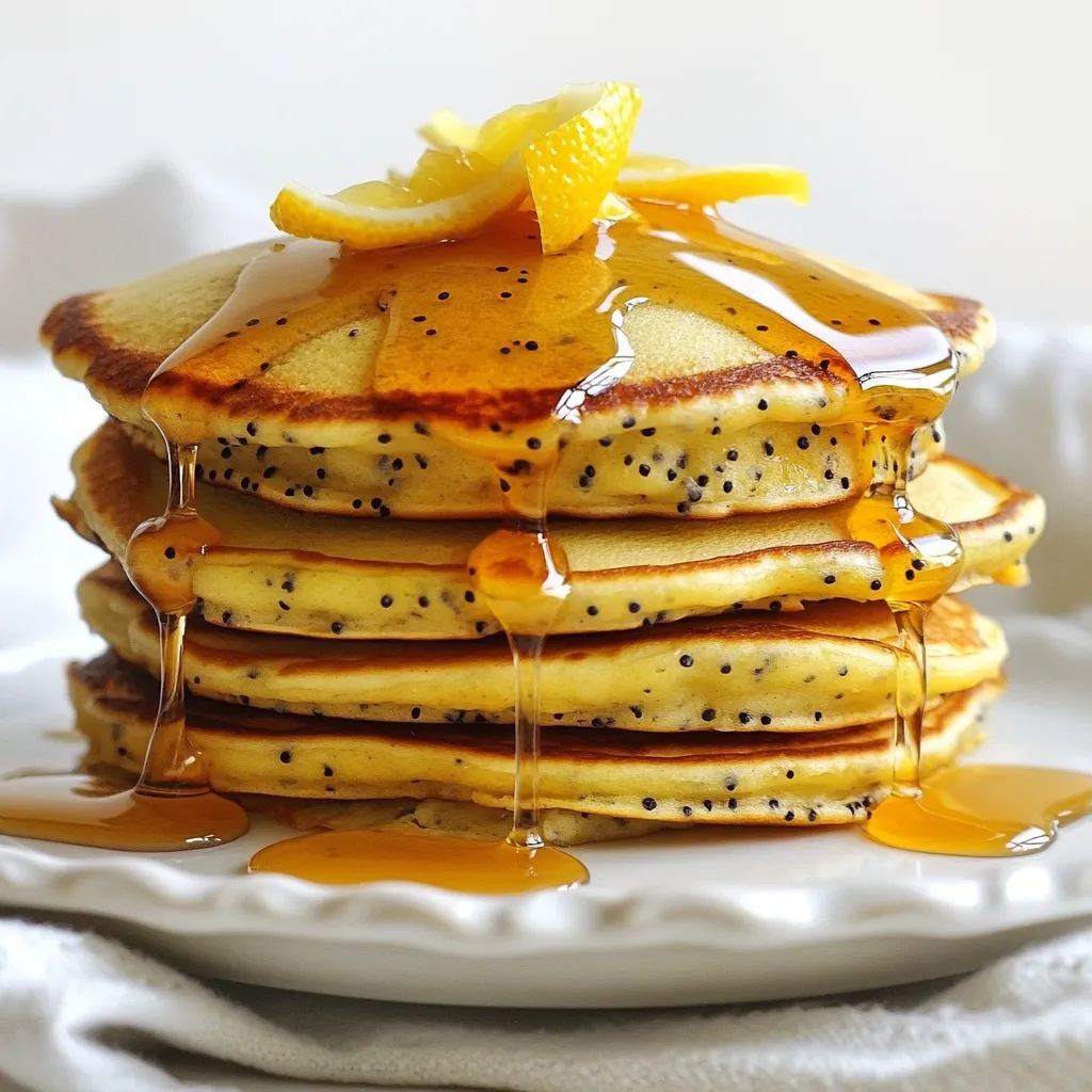 To make the best lemon poppy seed pancakes, gather these simple items: - 1 cup all-purpose flour - 1 tablespoon poppy seeds - 2 teaspoons baking powder - 1/4 teaspoon salt - 2 tablespoons granulated sugar - 1 cup milk - 1 large egg - 2 tablespoons melted butter (plus extra for cooking) - Zest of 1 lemon - 2 tablespoons fresh lemon juice - Maple syrup or honey for serving These ingredients blend to create a light and zesty pancake. The poppy seeds add a nice crunch, while the lemon zest and juice give a fresh flavor. You can use regular milk or choose a dairy-free option if you prefer. The sugar adds a hint of sweetness, balancing the tangy lemon. When cooking, the melted butter helps the pancakes brown nicely and adds a wonderful flavor. For the best results, use fresh lemon juice and zest. This will make your pancakes taste vibrant and bright. Enjoy making these pancakes with family or friends. They are perfect for a lazy weekend brunch or a quick weekday breakfast. Don't forget to top them with maple syrup or honey for an extra treat! {{ingredient_image_1}} First, grab a medium bowl. In this bowl, combine 1 cup of all-purpose flour, 1 tablespoon of poppy seeds, 2 teaspoons of baking powder, 1/4 teaspoon of salt, and 2 tablespoons of granulated sugar. Use a whisk to mix these ingredients well. Whisk until everything is fully combined. This step helps the dry ingredients blend together evenly. Next, take another bowl. In this bowl, beat together 1 cup of milk, 1 large egg, 2 tablespoons of melted butter, the zest of 1 lemon, and 2 tablespoons of fresh lemon juice. Make sure to mix until everything is well blended. This mixture gives your pancakes a rich and zesty flavor. Now, it’s time to combine the wet and dry ingredients. Gradually add the wet mixture to the dry ingredients. Stir gently until just combined. It's key to not overmix; a few lumps are okay. Overmixing can make your pancakes tough, and we want them light and fluffy. Before you start cooking, preheat a non-stick skillet over medium heat. Add a small dab of butter to the skillet. Once hot, pour about 1/4 cup of batter into the skillet for each pancake. Cook until bubbles form on the surface, which takes about 2-3 minutes. Check the edges; they should look set. Flip the pancakes carefully and cook for another 2-3 minutes until golden brown. Repeat this process until all the batter is used, adding more butter as needed for cooking. To make the best lemon poppy seed pancakes, lumps in the batter are vital. When you mix the wet and dry ingredients, stop as soon as you see some lumps. This helps keep the pancakes soft and fluffy. Overmixing can lead to tough pancakes. Remember, a few lumps are okay and even encouraged! Next, focus on cooking temperature and timing. Preheat your skillet over medium heat. If it's too hot, the pancakes may burn outside while staying raw inside. Once you pour the batter, cook until bubbles form on top. This usually takes about 2-3 minutes. Flip gently and cook for another 2-3 minutes until golden brown. For the best taste, serve your lemon poppy seed pancakes with sweet toppings. Maple syrup or honey are classic choices. They add a delightful sweetness that pairs well with the bright lemon flavor. You can also pair these pancakes with fresh fruits or yogurt. Sliced strawberries, blueberries, or even a dollop of Greek yogurt enhances the meal. The fruit adds freshness, while the yogurt brings creaminess. Together, they make your breakfast even more enjoyable! Pro Tips Use Fresh Ingredients: For the best flavor in your pancakes, use fresh lemon juice and zest. This will enhance the zesty profile of your dish. Don’t Overmix: When combining wet and dry ingredients, mix just until incorporated. Overmixing can lead to tough pancakes; a few lumps are perfectly fine. Check Heat Level: Ensure your skillet is at the right temperature by doing a test pancake. If it browns too quickly, reduce the heat; if it takes too long, increase the heat. Experiment with Toppings: While maple syrup or honey is delicious, try adding fresh berries, yogurt, or a sprinkle of powdered sugar for a fun twist! {{image_2}} You can make these pancakes gluten-free. Substitute the all-purpose flour with a gluten-free blend. Look for a mix that contains xanthan gum. This helps the pancakes hold together. Follow the same steps in the recipe. You may notice a slightly different texture. But they will still taste great! To make these pancakes vegan, replace the egg with a flaxseed egg. Mix 1 tablespoon of ground flaxseed with 2.5 tablespoons of water. Let it sit for a few minutes to thicken. For the milk, use almond milk or oat milk. Instead of butter, use coconut oil or vegan butter. These swaps keep the pancake moist and tasty. You can add extra flavors to your pancakes. Try folding in fresh blueberries before cooking. They add sweetness and a pop of color. You can also mix in some lemon zest for a stronger lemon flavor. Other citrus zests like orange or lime can work well too. This way, each bite bursts with flavor. Enjoy experimenting with these tasty options! After you make your lemon poppy seed pancakes, you may have extras. To store them, follow these tips: - Refrigeration Tips: Place pancakes in an airtight container. They will stay fresh for up to three days in the fridge. I like to put a piece of wax paper between layers. This keeps them from sticking together. - Freezing Instructions: For longer storage, freeze pancakes. Place them in a single layer on a baking sheet. Once frozen, stack them in a freezer bag. They can last for up to two months. Just remember to label the bag with the date. When it's time to eat your pancakes again, reheating them is key to keeping them tasty. Here are the best methods: - Best Methods to Retain Texture: The best way to reheat pancakes is in the oven. Preheat it to 350°F (175°C). Place pancakes on a baking sheet and cover them with foil. Heat for about 10 minutes. This keeps them warm and soft. - You can also use a microwave. Place a pancake on a plate and cover it with a damp paper towel. Heat for 20-30 seconds. This method is quick but may make them a bit chewy. By following these storage and reheating tips, your lemon poppy seed pancakes will still taste great! Using lemon extract can change the taste. Extract is more concentrated than zest and juice. You may get a strong lemon flavor, but it won't have the same fresh taste. Zest adds oils and aroma, making pancakes bright and lively. Juice brings acidity and moisture. For the best flavor, use both zest and juice. To make your pancakes fluffier, use fresh baking powder. Check the date on the package. Also, do not overmix the batter. Lumps are okay; they help keep air in the mix. Let the batter sit for a few minutes before cooking. This allows the baking powder to start working, making your pancakes rise nicely. Poppy seeds are tiny seeds from the poppy flower. They add a nutty flavor and a slight crunch. These seeds boost nutrition too. They are rich in fiber, calcium, and healthy fats. Poppy seeds can help with digestion and heart health. Their unique taste pairs well with lemon, making your pancakes special. You learned about making tasty lemon poppy seed pancakes from scratch. We covered the key ingredients, mixing methods, and cooking tips. You can even explore variations like gluten-free or vegan options. Don’t forget to try different toppings to enhance your pancakes. With these steps, you can whip up the perfect breakfast treat. Enjoy these delightful pancakes any day. Your family and friends will love them! Happy cooking!