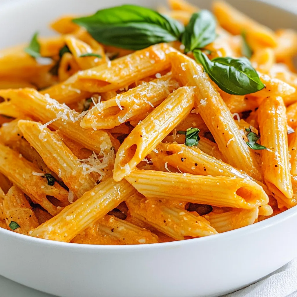 To make creamy roasted red pepper pasta, you will need: - 12 oz pasta (penne or fusilli work well) - 2 large red bell peppers - 1 small onion, chopped - 3 cloves garlic, minced - 1 cup heavy cream or coconut cream for a dairy-free option - 1/2 cup grated Parmesan cheese (or nutritional yeast for a vegan option) - 2 tablespoons olive oil - 1 teaspoon dried basil - 1 teaspoon dried oregano - Salt and pepper to taste - Fresh basil leaves for garnish If you want to make this dish dairy-free or vegan, here are some easy swaps: - Use coconut cream instead of heavy cream. - Swap grated Parmesan with nutritional yeast. This gives a cheesy flavor without dairy. - Check your pasta. Some brands offer gluten-free or vegan options. These changes keep the dish tasty while meeting dietary needs. For the best creamy texture, I recommend using: - Penne pasta: Its shape holds sauce well. - Fusilli pasta: Its twists catch sauce and bits of pepper. Both options provide a great base for the rich, creamy sauce. Choose what you like best! {{ingredient_image_1}} First, preheat your oven to 425°F (220°C). This hot temperature helps to roast the peppers well. You need two large red bell peppers for this dish. Place them on a baking sheet. Roast the peppers for about 20 to 25 minutes. Make sure to turn them halfway through. You want the skin to be charred and blistered. After roasting, take them out and put them in a bowl. Cover the bowl with plastic wrap. Let them steam for about 10 minutes. This steaming helps you peel the skins off easily. While the peppers steam, cook your pasta. You can use 12 oz of penne or fusilli. Follow the package instructions to cook until al dente. Al dente means the pasta is firm but cooked through. This gives a nice bite to the dish. After cooking, drain the pasta and set it aside. Do not rinse the pasta. Rinsing can wash away flavors and starch that helps the sauce stick. Once the peppers have cooled, it's time to peel them. Remove the skins and discard the seeds. Chop the peppers into pieces. Now, heat 2 tablespoons of olive oil in a large skillet over medium heat. Add 1 small chopped onion and sauté it for about 5 minutes until it turns translucent. Next, add 3 cloves of minced garlic and cook for another 1 to 2 minutes. Then, stir in the chopped roasted red peppers, 1 teaspoon of dried basil, and 1 teaspoon of dried oregano. Cook this mixture for about 2 minutes. Now, pour in 1 cup of heavy cream. Bring this to a gentle simmer. Add 1/2 cup of grated Parmesan cheese, stirring until melted. This forms a creamy sauce. Season with salt and pepper to taste. Finally, add the cooked pasta to the skillet. Toss everything together until the pasta is well coated. Serve it hot, garnished with fresh basil leaves. Enjoy your creamy roasted red pepper pasta! Roasting red peppers brings out their sweet flavor. Start with fresh, ripe peppers. Place them on a baking sheet. Set your oven to 425°F (220°C). Roast for 20-25 minutes. Turn them halfway for even cooking. The skin should char and blister. After roasting, place the peppers in a bowl and cover it. Let them steam for 10 minutes. This softens the skin, making it easy to peel. Once cooled, peel the skin, remove the seeds, and chop the peppers. This method gives you a rich, smoky taste. For a creamy sauce, choose the right cream. Heavy cream creates a rich texture. If you want a dairy-free option, use coconut cream. Heat olive oil in a skillet over medium heat. Sauté chopped onions until they are soft. Add minced garlic and cook until fragrant. Then, stir in the chopped roasted peppers, dried basil, and oregano. Pour in the cream and mix well. Bring the sauce to a gentle simmer. Once it is hot, add grated Parmesan cheese. Stir until it melts. This will give you a smooth and creamy sauce that clings to the pasta. Serve the pasta hot and fresh. Garnish with fresh basil leaves for color and flavor. You can add a sprinkle of extra cheese on top for a tasty touch. For a bit of heat, add red pepper flakes. A squeeze of lemon juice can brighten the dish. Serve with a side salad or crusty bread for a complete meal. Use this creamy roasted red pepper pasta for dinner or a special occasion. Pro Tips Choose the Right Pasta: Opt for pasta shapes like penne or fusilli that hold onto the creamy sauce effectively, providing a delightful bite with every forkful. Enhance the Flavor: For an extra layer of depth, consider adding a pinch of red pepper flakes or a splash of balsamic vinegar to the sauce for a subtle kick. Perfectly Roasted Peppers: Ensure your red peppers are well-charred by turning them halfway through roasting. This brings out their natural sweetness and adds a smoky flavor to your dish. Make it Ahead: You can prepare the roasted red pepper sauce in advance. Just reheat it gently before mixing with the pasta to save time on busy weeknights. {{image_2}} You can easily add protein to your creamy roasted red pepper pasta. Chicken works great. Cook bite-sized pieces in the skillet before adding the sauce. Shrimp also pairs well. Just sauté them until they turn pink. If you're vegan, tofu is a good choice. Press it to remove extra water and cube it. Then, sauté until golden brown. Boost the nutrition of this dish by adding vegetables. Spinach adds color and vitamins. Toss it in just before serving. Broccoli florets can also fit well. Steam them lightly and mix them in. Zucchini or bell peppers can add crunch. Just sauté them with the onions for a tasty twist. You can change the spice level to match your taste. For mild flavors, keep it simple. If you love heat, add red pepper flakes. Start with a pinch and adjust as needed. For a smoky flavor, try smoked paprika. Mix it into the sauce for a unique touch. To store your leftover creamy roasted red pepper pasta, let it cool first. Place it in an airtight container. This helps keep it fresh. You can store it in the fridge for up to three days. Make sure it is sealed tight to avoid air. This prevents drying out and keeps the flavors intact. When reheating, I recommend using the stovetop. Add a splash of water or cream to the pan. This helps bring back the creamy texture. Heat it over low to medium heat. Stir gently to warm it evenly. If you prefer the microwave, use a microwave-safe dish. Cover it with a lid or a damp paper towel. Heat in short bursts, stirring in between, until hot. You can freeze the creamy roasted red pepper pasta if you have extra. Use a freezer-safe container. Leave some space at the top for expansion. It can last up to three months in the freezer. When ready to eat, thaw it overnight in the refrigerator. Then reheat it using the stovetop method. This keeps the dish creamy and delicious. Yes, you can make this dish ahead of time. Cook the pasta and sauce separately. Store them in the fridge for up to three days. When you are ready to eat, reheat the sauce and pasta together on low heat. Add a splash of water or cream to help with the texture. This method keeps the flavors fresh and vibrant. If you need a dairy-free option, use coconut cream. It adds a lovely creaminess and a hint of sweetness. You can also use cashew cream for a nutty flavor. For a lighter version, consider using half-and-half or whole milk. Adjust the cooking time as needed to ensure it thickens properly. To make this dish gluten-free, choose gluten-free pasta. Many brands offer great options that cook similarly to regular pasta. Be sure to check the labels to ensure there are no hidden gluten ingredients. The sauce remains gluten-free as long as your cream and seasonings are safe. Enjoy your creamy roasted red pepper pasta without worries. This blog post covered all you need to make creamy roasted red pepper pasta. We talked about key ingredients, including substitutions for allergies and the best pasta types. You learned the step-by-step process, from roasting peppers to mixing your sauce. I shared tips for perfect texture and serving ideas. We explored variations with proteins and veggies, plus how to store leftovers. In conclusion, this dish is fun and flexible. Enjoy making it your own!