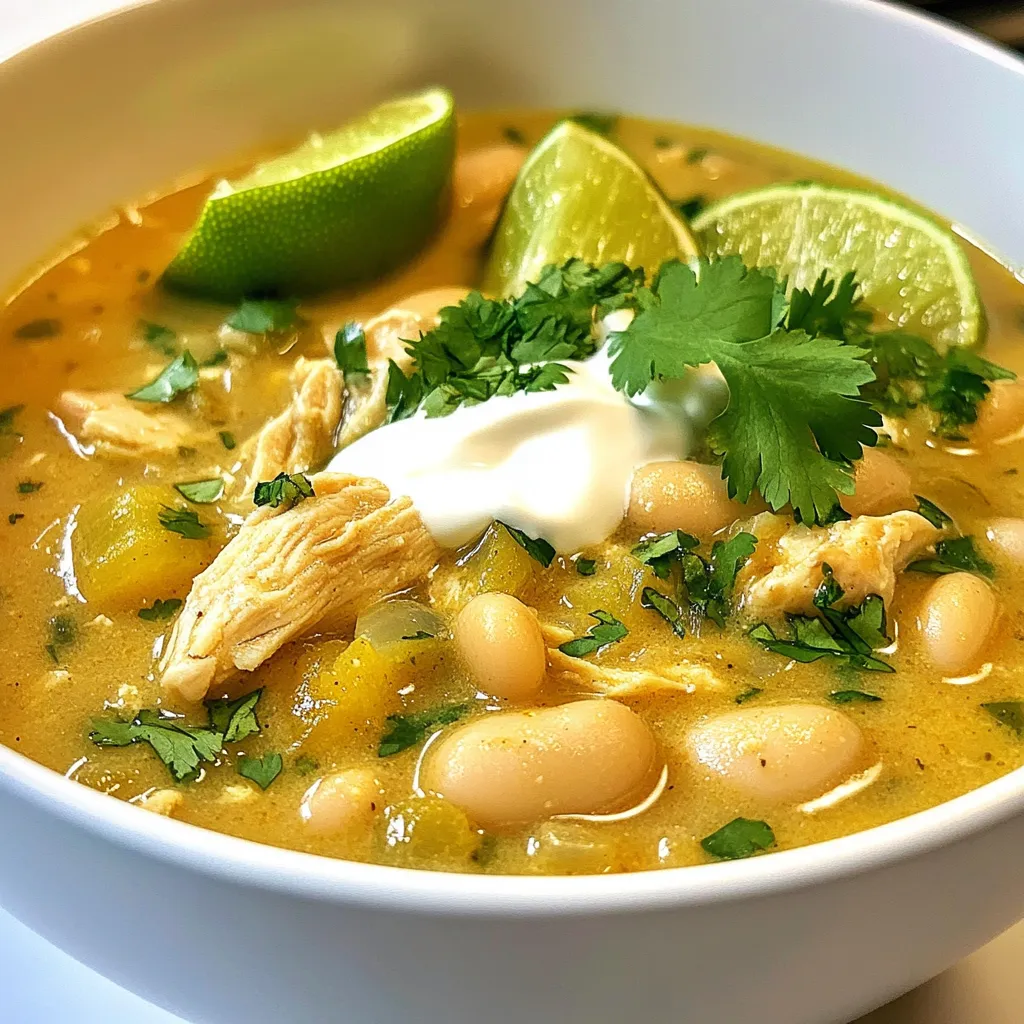 - 1 pound boneless, skinless chicken breasts, diced - 2 cans white beans (cannellini or navy beans), drained and rinsed - 1 medium onion, diced White bean chicken chili starts with simple, fresh items. The chicken gives a great flavor base. I prefer boneless, skinless chicken breasts for this dish. They cook well and stay tender. The white beans add creaminess and protein. Cannellini or navy beans work best here. They soak up flavors nicely. Finally, the diced onion adds sweetness and depth to the chili. - 2 cloves garlic, minced - 2 green bell peppers, diced - 1 can diced green chilies To amp up the taste, I use garlic, bell peppers, and green chilies. Garlic brings a warm, rich flavor. It pairs well with the sweetness of bell peppers. I like to use green bell peppers for their bright taste. The diced green chilies add a nice kick without being too spicy. These ingredients create a lovely balance in the dish. - 4 cups chicken broth - 1 cup heavy cream - Olive oil and spices (cumin, smoked paprika, oregano, salt, and pepper) For a creamy texture, I add chicken broth and heavy cream. The broth keeps the chili moist and flavorful. The heavy cream makes it rich and smooth. I always cook with olive oil; it adds healthy fats. Spices like cumin and smoked paprika give warmth and depth. Oregano adds a hint of earthiness. Salt and pepper bring out all the flavors. Together, these ingredients create a comforting and satisfying meal. {{ingredient_image_1}} To start, heat 1 tablespoon of olive oil in a large pot over medium heat. Add the diced onion and sauté for about 3-4 minutes until it softens. Next, stir in 2 cloves of minced garlic and 2 diced green bell peppers. Cook these for an additional 2-3 minutes until they smell great. Now, add the diced chicken. Cook it until browned, about 5-7 minutes. This step builds a nice base for your chili. After browning the chicken, it’s time to add flavor. Sprinkle in 1 teaspoon of cumin, 1 teaspoon of smoked paprika, and 1/2 teaspoon of oregano. Season with salt and pepper to taste. Stir everything to coat the chicken and veggies evenly. Now, pour in 4 cups of chicken broth. Add the 2 cans of white beans and 1 can of diced green chilies. Bring everything to a simmer. This is where the magic begins. Let the chili simmer for about 20-25 minutes. This allows all the flavors to blend well. Stir occasionally to keep it from sticking. After simmering, it’s time to make it creamy. Stir in 1 cup of heavy cream and heat for an additional 5 minutes. Taste and adjust the seasoning if needed. Your chili is now ready to serve! How to perfectly brown chicken To brown chicken well, use a large pot and heat olive oil over medium heat. Add the diced chicken in a single layer. Avoid crowding the pot. Let it cook for about 5-7 minutes without stirring. This helps develop a nice brown color. After browning, flip the pieces to cook the other side. Techniques for enhancing flavors Layer flavors by adding spices early. After the onions and garlic, add cumin and smoked paprika. This allows the spices to bloom and release their oils. Use fresh ingredients whenever possible. Fresh cilantro and lime juice brighten the dish. Ideal garnishes and accompaniments Top your chili with fresh cilantro. Lime wedges add a zesty touch. You can also add sliced avocado for creaminess. For a crunchy texture, serve with tortilla chips. Best sides to pair with chili Cornbread is a great side. It complements the chili’s creaminess. Another option is a fresh green salad. This adds a nice contrast to the dish. Overcooking vs. undercooking chicken Overcooking chicken makes it dry. Cook it just until it’s no longer pink. Use a meat thermometer if unsure. Aim for 165°F for safe eating. Mismanaging spice levels Be careful with spices. Start with small amounts, then adjust to taste. If you like heat, consider adding jalapeños. Always taste as you go to find the right balance. Pro Tips Use Rotisserie Chicken: For a quicker option, consider using pre-cooked rotisserie chicken. Just shred it and add it in during the last few minutes of cooking. Spice it Up: If you prefer a spicier chili, add some diced jalapeños or a pinch of cayenne pepper for an extra kick. Make it Ahead: This chili tastes even better the next day! Make a big batch and store leftovers in the fridge for an easy meal later. Garnish Creatively: Enhance your presentation by adding avocado slices, shredded cheese, or a dollop of sour cream along with the cilantro and lime. {{image_2}} You can easily change the protein in this chili. Turkey works well if you want a leaner option. If you're feeling adventurous, try tofu for a plant-based choice. It soaks up flavors nicely. When it comes to beans, you have options too. Black beans add a different taste and color. Pinto beans give a creamy texture that pairs well with chicken. Feel free to mix and match based on your taste. Do you like heat? Adding jalapeños can spice things up. Just chop them finely and toss them in with the onions. For a milder flavor, you can skip this step. Want a creamier chili? Use sour cream or Greek yogurt instead of heavy cream. These add richness and tang. You could also try coconut milk for a dairy-free option. It brings a unique flavor that many love. If you need gluten-free options, you’re in luck. All the ingredients in this chili are naturally gluten-free. Just make sure your broth is gluten-free as well. For a dairy-free version, simply skip the heavy cream. Use cashew cream or almond milk instead. These alternatives keep the chili rich without dairy. Vegetarians can enjoy this dish too. Just swap the chicken for more beans or some vegetables. Zucchini and corn make great additions. They add texture and taste without meat. To store your leftover white bean chicken chili, let it cool first. Place it in airtight containers. Glass or plastic containers work well. Label the containers with the date. This helps you keep track of freshness. For freezing chili, use freezer-safe bags or containers. Make sure to leave some space for expansion. Chill the chili completely before freezing. When you are ready to eat, thaw it overnight in the fridge. To reheat, warm it in a pot over medium heat until hot. In the fridge, the chili lasts about 3 to 4 days. In the freezer, it stays fresh for up to 3 months. Check for signs that it has gone bad. If it smells sour or has mold, it's time to toss it. You can enjoy this chili with many sides. Here are some ideas: - Cornbread: This classic pairs well and soaks up the chili. - Tortilla chips: Crunchy chips add texture and fun. - Rice: A bed of rice makes it heartier. - Fresh salad: A light salad balances the meal. - Toppings: Use sour cream, shredded cheese, or fresh cilantro for added flavor. Yes, you can adapt this recipe for slow cooking. Here are the steps: 1. Sauté the onion, garlic, and bell peppers in olive oil. 2. Add the browned chicken, spices, beans, and broth to the slow cooker. 3. Cook on low for 6-8 hours or high for 3-4 hours. 4. Stir in the heavy cream before serving. This method allows the flavors to develop beautifully over time. You can easily make this chili lighter. Here are some tips: - Use chicken breast: This keeps the dish lean. - Swap heavy cream for Greek yogurt or low-fat milk. - Reduce the oil: Use less olive oil for sautéing. - Add extra veggies: More peppers or spinach boosts nutrition. - Use low-sodium broth: This cuts back on salt. These changes help maintain flavor while reducing calories and fat. This chili combines boneless chicken, white beans, and tasty spices for a hearty meal. I shared tips for preparing, cooking, and storing this dish. You learned how to adjust flavors and swap ingredients to suit your taste. Chili is easy and fun to make, making it perfect for any time. With these insights, you can cook a delicious meal that everyone will love. Enjoy your cooking adventure and let your creativity shine!