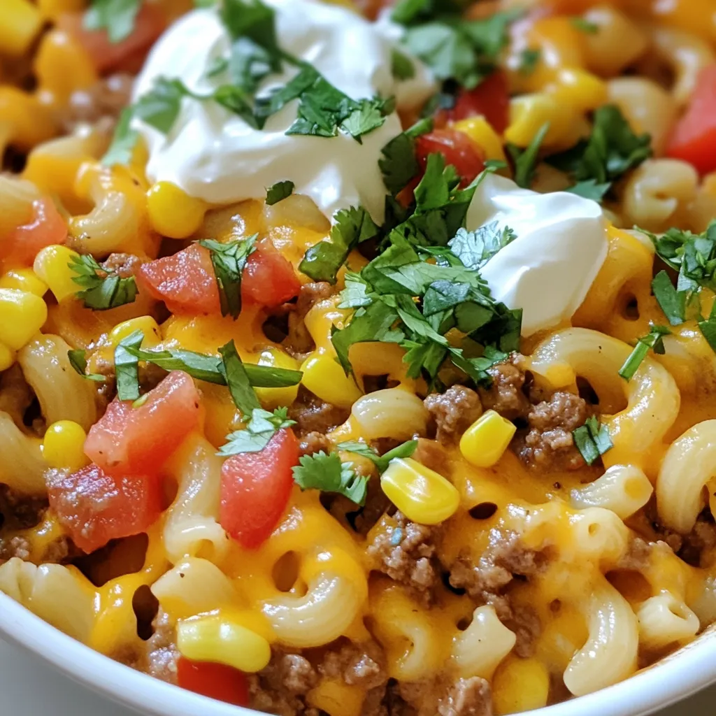 To make a tasty Taco Macaroni Skillet, gather these key ingredients: - 1 lb ground beef or turkey - 1 medium onion, diced - 2 cloves garlic, minced - 1 packet taco seasoning - 3 cups uncooked elbow macaroni - 4 cups beef or chicken broth - 1 cup diced tomatoes (canned or fresh) - 1 cup corn (canned or frozen) - 1 ½ cups shredded cheddar cheese - ½ cup sour cream - Salt and pepper to taste - Chopped cilantro and sliced green onions for garnish These ingredients work well together. The ground meat provides protein. The onion and garlic add flavor. The taco seasoning gives it that classic taste. The macaroni makes it filling, and the cheese adds creaminess. Want to boost the flavor of your dish? Here are some optional ingredients: - Black beans for added fiber - Jalapeños for heat - Bell peppers for sweetness - Avocado for creaminess - Lime juice for a fresh kick These extras can make your meal more exciting. You can mix and match based on what you like. Don't have all the ingredients? No problem! Here are some simple swaps: - Use ground chicken or tofu instead of beef or turkey. - Swap elbow macaroni for any pasta shape you have. - Use vegetable broth to make it vegetarian. - Replace cheddar cheese with Monterey Jack or pepper jack for a twist. - Greek yogurt can work in place of sour cream. These substitutions keep the dish tasty and fun. Just adjust cooking times if needed. {{ingredient_image_1}} First, take a large skillet and place it over medium heat. Add 1 pound of ground beef or turkey. Cook the meat until it is fully brown. Make sure to break it up as it cooks. This helps the meat brown evenly. After the meat is cooked, drain any excess fat from the skillet. Next, add 1 medium diced onion to the skillet. Stir in 2 minced garlic cloves as well. Cook them for about 2-3 minutes. You want the onion to turn translucent. This step adds great flavor to the dish. It makes the base tasty and aromatic. Now, stir in the taco seasoning. Mix it well with the meat and veggies. Then, add 3 cups of uncooked elbow macaroni to the skillet. Pour in 4 cups of beef or chicken broth too. Add 1 cup of diced tomatoes and 1 cup of corn next. Stir everything together until well mixed. Bring the mixture to a boil. Once boiling, reduce the heat to low and cover the skillet. Let it simmer for 12-15 minutes. This cooks the macaroni and lets it soak up the flavors. After the time is up, check if the macaroni is tender. If it is, take the skillet off the heat. Mix in 1 ½ cups of shredded cheddar cheese and ½ cup of sour cream until it's creamy. Season with salt and pepper to taste. Your Taco Macaroni Skillet is now ready to enjoy! To create a creamy Taco Macaroni Skillet, you need to focus on the cheese and sour cream. I use 1 ½ cups of shredded cheddar cheese. It melts well and adds rich flavor. Stir the cheese in after cooking. This helps it blend smoothly. The sour cream adds a nice tang. Mix it in right after the cheese. This gives you a velvety texture. If you want even creamier results, add a splash of milk while mixing. One common mistake is overcooking the macaroni. If you cook it too long, it becomes mushy. Keep an eye on the time. Aim for about 12-15 minutes of simmering. Another mistake is not draining the meat. If you leave too much fat, it can make the dish greasy. Always drain any excess fat after browning the meat. Lastly, don’t forget to taste. Adjust salt and pepper before serving. This step makes a big difference in flavor. Timing is key for a great skillet meal. After adding the broth and macaroni, bring the mix to a boil. This step is crucial for cooking the pasta evenly. Once boiling, reduce the heat. Cover the skillet and let it simmer. This keeps moisture in and helps the flavors meld. If you find the pasta is not tender after 15 minutes, let it simmer a bit longer. Just check it every few minutes to avoid overcooking. Pro Tips Use Lean Meat: Opt for lean ground beef or turkey to keep the dish healthier while still being flavorful. Customize the Spice: Adjust the amount of taco seasoning according to your spice preference. Add more for a kick! Add More Veggies: Incorporate additional vegetables like bell peppers or spinach for extra nutrition and flavor. Make it Ahead: This dish can be prepared in advance and reheated for a quick weeknight dinner; just add a splash of broth when reheating. {{image_2}} You can make a great vegetarian version of the Taco Macaroni Skillet. Replace the ground meat with a can of black beans or lentils. You can add more veggies like bell peppers or zucchini to boost nutrition. Use vegetable broth instead of chicken or beef broth for flavor. This keeps the dish hearty while being meat-free. If you like heat, spice up your skillet! Add chopped jalapeños or a dash of hot sauce during cooking. You can use spicy taco seasoning too. Fresh cilantro can take the heat to another level. For a kick, sprinkle some crushed red pepper flakes on top before serving. Cheese can change the whole dish! While cheddar cheese is classic, try pepper jack for heat. You can also mix in some queso fresco for a nice twist. For a smoky flavor, add some gouda cheese. Mixing different cheeses gives a unique taste and texture each time you make it. After enjoying your Taco Macaroni Skillet, let it cool down. Use an airtight container for storage. Place the leftovers in the fridge within two hours. This dish lasts about three to four days in the fridge. Make sure it is sealed well to keep it fresh. When you are ready to eat again, reheat your Taco Macaroni Skillet gently. I recommend using the stovetop. Add a splash of broth or water to keep it moist. Heat it over medium-low heat until warm. Stir often to avoid sticking. You can also use the microwave. Heat in 30-second bursts, stirring in between. If you want to save it for later, freezing is a great option. Cool the dish completely before freezing. Use a freezer-safe container, leaving some space for expansion. It can stay in the freezer for up to three months. To enjoy, thaw it in the fridge overnight. Reheat as mentioned for the best taste. Yes, you can use different meats. Ground turkey works well, too. You might even try ground chicken or pork. Each meat gives a different flavor. For a plant-based option, use lentils or black beans. To make Taco Macaroni Skillet gluten-free, choose gluten-free pasta. Many brands make great options. Check the taco seasoning packet to ensure it is gluten-free. You can also make your own seasoning at home. Taco Macaroni Skillet pairs well with fresh sides. Try a simple green salad or some tortilla chips. Guacamole adds a nice touch. You could also serve it with Mexican street corn for more flavor. This blog post covered how to make a delicious Taco Macaroni Skillet. We looked at the key ingredients needed, along with options to boost flavor. I shared steps to prepare the dish and tips to avoid common mistakes. You also learned about fun variations and how to store leftovers for later use. This meal is easy to make and fits many tastes. I hope you feel inspired to try it out! Enjoy your cooking adventure!