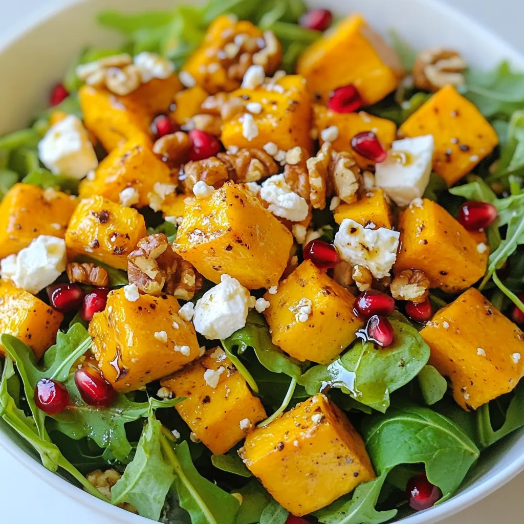 - 2 cups pumpkin, peeled and cubed - 4 cups mixed salad greens (arugula, spinach, and kale) - 1/2 cup feta cheese, crumbled - 2 tablespoons olive oil - Salt and pepper to taste - 1 teaspoon ground cinnamon - 1 teaspoon ground nutmeg - 2 tablespoons balsamic vinegar - 1 tablespoon honey - 1/4 cup pomegranate seeds - 1/4 cup walnuts, roughly chopped To make this roasted pumpkin feta salad, gather all these ingredients. Fresh pumpkin gives the best flavor. Mixed greens add crunch and color. Feta cheese adds a creamy tang. Pomegranate seeds bring a burst of sweetness, while walnuts add a nice crunch. The seasoning is key. Olive oil helps everything roast well. Salt and pepper enhance the flavors. Cinnamon and nutmeg add warmth, making this salad perfect for fall. Finally, balsamic vinegar and honey create a sweet and tangy dressing that ties it all together. This mix of fresh ingredients makes a lovely dish. Each bite is a balance of flavors and textures. Plus, it’s easy to prepare! {{ingredient_image_1}} - Preheat the oven to 400°F (200°C). - Toss cubed pumpkin with olive oil, salt, pepper, cinnamon, and nutmeg. - Spread seasoned pumpkin on a baking sheet in a single layer. To start, you want to get that oven nice and warm. Preheating helps the pumpkin cook evenly. Toss the pumpkin cubes in a bowl with olive oil and seasonings. This simple mix adds a lot of flavor. Make sure each piece is well-coated. Next, lay the pumpkin on a baking sheet. Keep it in one layer so it roasts well. - Roast in the preheated oven for 25–30 minutes. - Flip pumpkin halfway through for even caramelization. Roast the pumpkin for about 25 to 30 minutes. You want it tender and slightly golden. Halfway through, flip the cubes. This step ensures they brown evenly and taste great. - Prepare mixed greens in a large salad bowl. - Add roasted pumpkin to the salad bowl once cooled. - Sprinkle crumbled feta, pomegranate seeds, and walnuts over the salad. While the pumpkin roasts, wash your mixed greens. I like a mix of arugula, spinach, and kale. They add nice colors and textures. Once the pumpkin cools, add it to the greens. Top with crumbled feta, pomegranate seeds, and walnuts. Each bite will be a delight! - Whisk together balsamic vinegar and honey. - Drizzle the dressing over the salad and gently toss. For the dressing, whisk balsamic vinegar with honey in a small bowl. This mix adds a sweet and tangy kick. Drizzle it over your salad and toss gently. Be careful not to break the feta too much. Serve right away to enjoy the fresh flavors. To get the best flavor from your pumpkin, cut it evenly. This helps it cook at the same rate. When roasting, keep an eye on the pumpkin. You want it to caramelize. Caramelization brings out its natural sweetness and adds depth to the dish. For a beautiful presentation, plate the salad in large bowls or on a nice platter. This makes it inviting and easy to share. For a pop of color, garnish with extra pomegranate seeds. A sprinkle of cinnamon on top adds warmth and spice. Enhance your meal by pairing this salad with a warm soup, like butternut squash. A light white wine, such as Sauvignon Blanc, complements the flavors well. You can also serve a crusty bread on the side for a more filling option. Pro Tips Roasting Technique: Ensure the pumpkin cubes are cut into uniform sizes for even roasting and caramelization. Freshness Factor: For the best flavor, use fresh feta cheese rather than pre-crumbled cheese, as it has a creamier texture. Mixing Greens: Experiment with different salad greens like arugula or mesclun for varied texture and flavor. Storage Tips: If you have leftovers, store the salad and dressing separately to keep the greens crisp. {{image_2}} You can switch up the pumpkin for other tasty options. Sweet potatoes work well and add a nice sweetness. Butternut squash is another great choice, offering a creamy texture. If you want different greens, try using romaine or mixed baby greens instead of arugula, spinach, and kale. For cheese lovers, goat cheese can replace feta for a tangy twist. If you want to try a new flavor, change the dressing. A lemon vinaigrette adds a bright, zesty kick. You could also use a yogurt-based dressing for a creamy texture. These options can really change the salad's vibe and make it unique. For extra protein, consider adding roasted chickpeas. They give a nice crunch and flavor. If you prefer meat, grilled chicken is a great addition. Both options will make your salad heartier and more filling. To keep your roasted pumpkin feta salad fresh, store it in an airtight container. Make sure the salad is cool before sealing it. This helps to avoid sogginess. You can use glass or plastic containers. Glass is great for keeping flavors intact. Place it in the fridge as soon as possible after serving. The salad stays fresh for about 2-3 days in the fridge. The mixed greens can wilt quickly, so use them first. Roasted pumpkin can last for up to a week when stored alone. Feta cheese, when packed well, can stay fresh for about a week as well. Reheating the pumpkin is simple. Just place it in the microwave for about 30-60 seconds. You want it warm but not too hot. However, I recommend eating the salad fresh. The flavors shine when it’s first made. Yes, you can prepare parts of this salad ahead of time. You can roast the pumpkin a day before. Just store it in the fridge in a sealed container. When you're ready, mix it with the greens. This keeps the salad fresh and tasty. You can also wash and dry the salad greens in advance. Just remember to add the dressing right before serving. Yes, you can use frozen pumpkin for this salad. Thaw it first and drain any excess water. You may need to adjust your roasting time since frozen pumpkin can be softer. Keep an eye on it while roasting. You want it tender, not mushy. If you want a different flavor, try goat cheese or ricotta. For a dairy-free option, use a vegan feta or a nut-based cheese. These alternatives can still give you a creamy texture. To make this salad vegan, simply omit the feta cheese. You can replace it with a vegan cheese option if you want some creaminess. Use a plant-based dressing instead of the honey-balsamic mix, like a lemon vinaigrette or a tahini dressing. This way, you keep all the flavors while staying true to a vegan diet. This blog post offers a detailed guide to making a tasty pumpkin salad. We covered ingredients, from fresh greens to flavorful spices. I also showed you how to roast pumpkin perfectly and assemble the salad. Don’t forget the tips for storing leftovers and variations to keep your meals exciting. By exploring different ingredients and dressings, you can personalize this dish. Enjoy this salad for a healthy meal that’s full of flavor!