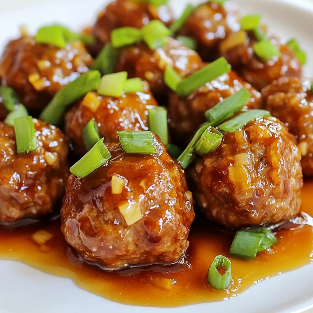 - 1 pound ground chicken (or beef) - 1/2 cup breadcrumbs - 1/4 cup grated Parmesan cheese - 1 large egg - 3 cloves garlic, minced - 1 tablespoon fresh ginger, grated - 1 tablespoon soy sauce - 1 tablespoon sriracha (adjust to spice preference) - 1/4 teaspoon black pepper - 1/4 teaspoon salt - 1/4 teaspoon red pepper flakes (optional for extra heat) To make spicy honey garlic meatballs, you need quality ingredients. Ground chicken or beef is your base. Ground chicken gives a lighter taste, while beef adds richness. Mix in breadcrumbs for texture and Parmesan for flavor. An egg acts as a binder, keeping the meatballs together. Don't forget the seasonings! Minced garlic adds depth. Fresh ginger brings warmth. Soy sauce gives umami. Sriracha adds the heat. Adjust it to your liking. Black pepper and salt enhance all the flavors. If you want more heat, add red pepper flakes! - 1/2 cup honey - 1 tablespoon apple cider vinegar - 1 teaspoon sesame oil - 2 green onions, sliced (for garnish) For the sauce, honey is the star. It adds sweetness and sticky goodness. Apple cider vinegar balances the flavors with a tangy kick. Sesame oil adds a nutty note. Once the meatballs bake, coat them in this sauce. It transforms the dish. Top with sliced green onions for a fresh finish. This simple mix makes a bold and tasty meal! {{ingredient_image_1}} First, preheat your oven to 400°F (200°C). This step ensures your meatballs cook evenly. While the oven warms up, line a baking sheet with parchment paper. This makes cleanup easy and helps the meatballs not to stick. In a large bowl, combine the ground chicken, breadcrumbs, grated Parmesan cheese, and egg. Add minced garlic, grated ginger, soy sauce, sriracha, black pepper, salt, and optional red pepper flakes. Mix well until everything is evenly combined. Next, shape the mixture into meatballs. Each should be about 1 inch in diameter. Place the meatballs on the prepared baking sheet, leaving space between them. Now, bake the meatballs in your preheated oven. Set a timer for 20-25 minutes. They should be golden brown when they are done. To check for doneness, use a meat thermometer. The internal temperature should reach 165°F (74°C). While the meatballs bake, prepare the sauce. In a small saucepan over medium heat, mix honey, apple cider vinegar, and sesame oil. Stir the mixture until it is warm and well combined. If you like it spicier, add more sriracha to taste. Once your meatballs are cooked, remove them from the oven. Transfer them to the saucepan with the honey garlic sauce. Toss the meatballs gently to ensure they are evenly coated in the sauce. Serve the meatballs warm. Garnish them with sliced green onions for a fresh touch. They are perfect on their own or with rice, noodles, or as a delicious appetizer. Enjoy your meal! To make great meatballs, mix your ingredients well. Combine ground chicken, breadcrumbs, and cheese in a bowl. Use your hands to blend everything. This helps create a smooth texture. Don't overmix; just combine until it's one mixture. The egg acts as a binder. It helps keep the meatballs moist. Try to shape them evenly, about one inch in size. This ensures they cook at the same rate. You can adjust the spice levels easily. If you like heat, add more sriracha or red pepper flakes. For milder meatballs, skip the flakes or reduce the sriracha. You can also switch proteins. Ground beef works great if you prefer it. Or try turkey for a leaner option. Each protein will give a different taste. Serve spicy honey garlic meatballs with rice or noodles. Both absorb the sauce well and add balance. Vegetables like steamed broccoli or green beans also pair nicely. For drinks, consider a light white wine. A fruity Riesling complements the spice and sweetness. If you prefer soda, a ginger ale can add a refreshing touch. Pro Tips Use Fresh Ingredients: Fresh garlic and ginger will elevate the flavor of your meatballs, making them more aromatic and delicious. Adjust Spice Levels: Feel free to modify the amount of sriracha and red pepper flakes based on your heat tolerance and preference. Keep Meatballs Uniform: For even cooking, ensure that all meatballs are the same size. Using a cookie scoop can help with this. Serve with a Side: These meatballs pair wonderfully with rice or noodles, so consider serving them as part of a complete meal. {{image_2}} You can change the proteins in this recipe. Instead of ground chicken, try ground turkey or beef. Both choices work well and give a different taste. If you want a lighter option, go for ground turkey. It keeps the meatballs juicy and flavorful. For gluten-free options, swap regular breadcrumbs for gluten-free breadcrumbs. You can also use oats or crushed rice cakes. These alternatives work well and keep the meatballs together. You can play with sauces to change the flavor. Try barbecue sauce for a smoky twist. It adds a nice sweetness too. Teriyaki sauce is another tasty choice. It gives a sweet and salty kick. If you prefer a creamy sauce, mix sour cream with garlic and herbs. It makes a rich dip for your meatballs. You can even blend cream cheese with honey for a sweet cream sauce. Spicy honey garlic meatballs can be served in many ways. For a fun meal, make meatball subs. Just place the meatballs in a soft roll and add some cheese. You can also serve them as appetizers. Just place toothpicks in each meatball, and let guests grab them. For a creative twist, serve them over rice or noodles. It makes a tasty, complete meal. To keep your spicy honey garlic meatballs fresh, store them in an airtight container. Place the cooled meatballs in the fridge within two hours of cooking. They will last for about three to four days. For longer storage, freezing is a great option. - Best practices for refrigeration: - Let the meatballs cool completely before sealing. - Use a shallow container to help them cool fast. - Freezing guidelines: - Arrange the meatballs in a single layer on a baking sheet. - Freeze them for about one hour until firm. - Transfer them to a freezer bag or container. Reheating your meatballs correctly keeps them tasty and juicy. - Best methods for reheating: - Use the oven at 350°F (175°C). - Heat them for about 15-20 minutes until warm. - You can also microwave them for quick reheating. - Maintaining texture and flavor: - Add a splash of water or sauce when microwaving. - Cover them with a damp paper towel to keep them moist. These tips help you enjoy your spicy honey garlic meatballs even after the first serving! To keep meatballs together, use binding agents like egg and breadcrumbs. Mix the ingredients gently. If you overmix, the meatballs can become tough. Shape them carefully into balls, about one inch wide. This size helps them cook evenly and stay intact. Yes, you can prepare the meatballs in advance. Shape and bake them, then let them cool. Store them in the fridge for up to two days. When ready to eat, reheat in the oven or microwave until warm. You can also make the sauce ahead of time. These meatballs pair well with many sides. Try serving them over rice or noodles. You can also enjoy them with steamed veggies or a fresh salad. For a fun twist, serve them in a meatball sub with melted cheese. You can use frozen meatballs, but adjust the cooking time. Bake them at 400°F (200°C) for about 30-35 minutes. Make sure they are fully heated through. Toss them in the honey garlic sauce as you would with fresh meatballs. This blog post covered how to make spicy honey garlic meatballs from start to finish. We discussed key ingredients like ground meat, sauce components, and baking methods. You learned effective techniques for mixing and shaping, as well as tips for customizing flavors and ensuring the perfect meatball. Remember, experimenting with ingredients or sauces can make this dish your own. Enjoy these delicious meatballs at your next meal or gathering!