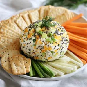 To make the Everything Bagel Cheese Ball, you need some tasty ingredients. Here’s what you’ll need: - 16 oz cream cheese, softened - 1 cup shredded cheddar cheese - 1/2 cup sour cream - 1/4 cup chopped green onions - 1/4 cup chopped fresh dill - 1 tablespoon lemon juice - 1/2 teaspoon garlic powder - Salt and pepper to taste - 3 tablespoons everything bagel seasoning - Optional: assorted crackers and vegetable sticks for serving These ingredients come together to create a rich and creamy cheese ball. The cream cheese gives a nice base. The cheddar adds sharpness, while sour cream makes it smooth. Fresh herbs like dill and green onions bring bright flavors. The lemon juice adds a twist, and garlic powder gives depth. Finally, the everything bagel seasoning coats the outside, adding texture and taste. When you gather your ingredients, choose fresh herbs for the best flavor. You can also mix in your favorite snacks for serving. Crackers and veggie sticks work well. They add crunch and pair nicely with the cheese ball. {{ingredient_image_1}} 1. Mixing the cheese base Start by taking a large mixing bowl. Add 16 ounces of softened cream cheese. Next, add 1 cup of shredded cheddar cheese and 1/2 cup of sour cream. Use a handheld mixer or spatula to mix until the blend is smooth and creamy. 2. Adding flavorings and seasonings Once your cheese base is ready, it's time to add flavor. Mix in 1/4 cup of chopped green onions, 1/4 cup of chopped fresh dill, and 1 tablespoon of lemon juice. Then, add 1/2 teaspoon of garlic powder. Season with salt and pepper to taste. Stir until all the ingredients blend well. 3. Shaping the cheese ball After mixing, gently form the cheese mixture into a ball shape. Make sure it is compact and holds together well. 4. Coating with everything bagel seasoning Roll the cheese ball in 3 tablespoons of everything bagel seasoning. Ensure that the ball is completely coated. Press the seasoning onto the surface so it sticks nicely. 5. Refrigeration process Wrap the cheese ball tightly in plastic wrap. Place it in the fridge for at least 2 hours. This step helps the cheese ball firm up and enhances the flavors. 6. Serving suggestions When you're ready to serve, take the cheese ball from the fridge. Let it sit for about 10 minutes so it softens slightly. Transfer it to a serving platter. Pair it with assorted crackers and vegetable sticks for a tasty treat. Garnish the platter with fresh dill and a sprinkle of everything bagel seasoning for a beautiful touch. To get a smooth and creamy cheese ball, start by softening the cream cheese. Leave it out at room temperature for at least 30 minutes. This step is key. If the cream cheese is too cold, it will not mix well. Next, use a handheld mixer or spatula to blend the cheese. Mix until it is fully smooth. This makes the cheese ball creamy and easy to spread. To maximize flavor, mix in your herbs and spices well. When you add green onions, dill, lemon juice, and garlic powder, stir until you don’t see any lumps. This helps each bite burst with flavor. A beautiful cheese ball makes a great snack. For a fresh touch, garnish with sprigs of dill. Place these around the cheese ball on your serving tray. It adds color and makes it inviting. Choose colorful trays or platters to serve your cheese ball. Bright colors attract attention. You can also add a sprinkle of everything bagel seasoning on top for extra flair. This makes the dish look appealing and fun to eat. Pro Tips Use Room Temperature Ingredients: Allow your cream cheese and sour cream to sit at room temperature for about 30 minutes before mixing. This will help achieve a smoother and creamier texture. Customize Your Seasoning: Feel free to experiment with different seasonings. Try adding spices like smoked paprika or onion powder to give it a unique twist. Chill for Better Flavor: Letting the cheese ball chill in the refrigerator for at least 2 hours allows the flavors to meld together more effectively, enhancing the overall taste. Presentation Matters: For an attractive serving, place the cheese ball on a wooden board and surround it with a variety of crackers and colorful vegetable sticks for a vibrant platter. {{image_2}} You can make the Everything Bagel Cheese Ball even more fun. Try adding nuts or seeds for a crunch. Chopped walnuts or sunflower seeds work great. Just mix them in with the other ingredients. This adds texture and a nutty flavor. You can also use different cheeses. Instead of cheddar, try Monterey Jack or smoked gouda. Each cheese brings its own taste. Mixing cheeses creates a unique flavor experience. You can even use a blend of cream cheese and goat cheese for tanginess. For gluten-free options, choose gluten-free crackers. Many brands offer tasty alternatives. This way, everyone can enjoy the cheese ball. You can also serve it with veggie sticks like carrots or bell peppers. If you're looking for vegan adaptations, swap out the cream cheese for a plant-based version. Use nutritional yeast to add a cheesy flavor. You can mix in silken tofu for creaminess. This way, everyone can enjoy this dish, no matter their diet. To keep your Everything Bagel Cheese Ball fresh, store it in the fridge. Wrap it tightly in plastic wrap. This helps keep the cheese ball moisture inside. Place it in an airtight container for extra protection. It’s best to eat it within a week. If you want to save it longer, freezing is an option. To freeze, wrap the cheese ball in plastic wrap and then in foil. This method prevents freezer burn. When you're ready to enjoy it, thaw in the fridge overnight. In the fridge, your cheese ball lasts about 5 to 7 days. After that, it may start to spoil. Look for changes in smell or texture. If it smells sour or feels slimy, it’s time to toss it out. Always trust your senses when checking for spoilage. Keeping track of how long it has been stored helps ensure you enjoy it at its best. You can make the cheese ball a day in advance. Just prepare it as usual and wrap it tightly in plastic wrap. Store it in the fridge. This lets the flavors blend well. When ready to serve, let it sit out for about 10 minutes. It will soften nicely for easy spreading. Yes, you can use low-fat cream cheese. It will still taste great. The texture might be a bit different but it works well. Just mix it the same way as full-fat cream cheese. The seasonings and flavors will still shine through. I love pairing this cheese ball with various crackers. Here are some great options: - Water crackers - Whole grain crackers - Pita chips - Rye crisps - Veggie sticks like carrots and celery These options give you a nice crunch and balance the creamy cheese. To soften cream cheese fast, cut it into small chunks. Place it in a microwave-safe bowl. Microwave it in short bursts, about 10 seconds each. Check it often to avoid melting. You want it soft, not runny. This makes mixing so much easier! This blog post showed you how to make a tasty cheese ball. You learned about key ingredients like cream cheese and cheddar. The step-by-step guide helped you mix and shape the cheese ball. Tips gave you ideas for texture and presentation. Plus, we explored fun variations for everyone. As you try this recipe, remember to get creative. Enjoy sharing this delicious treat with friends and family! Your gatherings will shine with this easy dish.