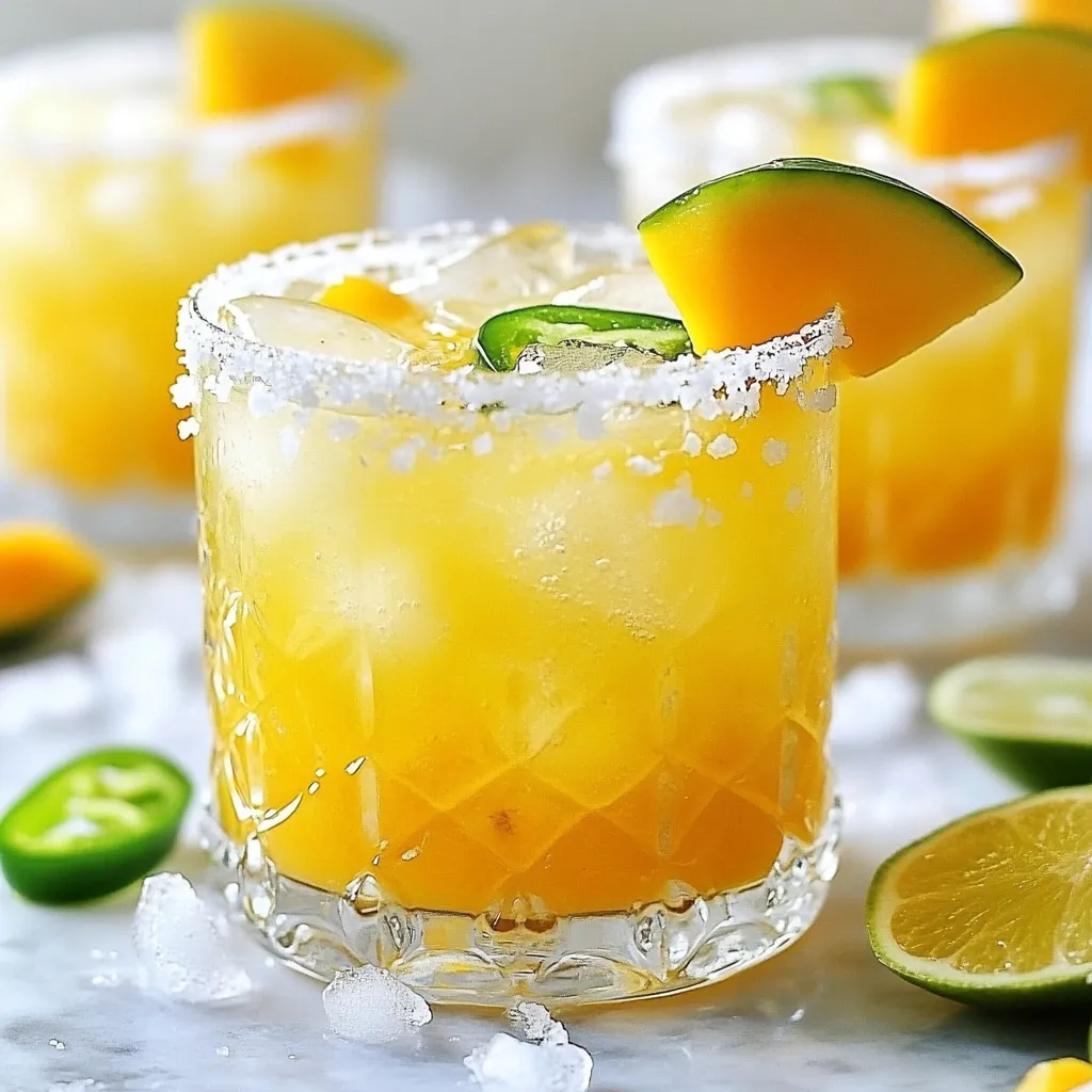 To make a Mango Jalapeño Margarita Mocktail, you need: - 1 ripe mango, peeled and diced - 1 jalapeño, seeds removed and finely chopped - 1/4 cup fresh lime juice - 2 tablespoons agave syrup (or honey) - 2 cups sparkling water or club soda - Ice cubes - Lime wedges and mango slices for garnish - Coarse salt for rimming glasses (optional) Each ingredient plays a big role in taste. The mango adds sweetness. The jalapeño gives heat. Fresh lime juice brings a zesty kick. Agave syrup balances flavors with its smooth sweetness. Sparkling water or club soda adds fizz. Ice keeps the drink cold and refreshing. Finally, garnishes like lime wedges and mango slices add appeal. While garnishes are optional, they enhance the mocktail. A rim of coarse salt gives a salty contrast to the sweet and spicy drink. Lime wedges add a splash of color and extra zing. Fresh mango slices look stunning and echo the fruit flavor. Enjoy experimenting with your garnishes! {{ingredient_image_1}} Start by preparing your glasses. Take a lime wedge and run it around the rim of each glass. This step adds flavor and helps the salt stick. If you like, dip the rim into coarse salt for a nice touch. Set the glasses aside to dry while you make the drink. Next, grab your blender. Add the diced mango, chopped jalapeño, lime juice, and agave syrup. Blend these ingredients until smooth. This mix gives your mocktail a fresh taste with a hint of spice. After blending, pour the mixture through a fine mesh sieve into a bowl or pitcher. This step removes any pulp and ensures a silky texture. Now, it's time to assemble your mocktail. Fill each prepared glass with ice cubes. Pour the mango-jalapeño mixture over the ice, filling each glass halfway. Then, gently top each glass with sparkling water or club soda. Stir lightly to mix the flavors. For a beautiful finish, garnish each drink with lime wedges and mango slices. Serve right away and enjoy your refreshing treat! To change the spice level, control the jalapeño amount. Use less jalapeño for a milder drink. You can also keep some seeds if you like more heat. For a less spicy option, skip the jalapeño entirely. This keeps the mango flavor front and center. You can prepare the mango-jalapeño mix ahead. Blend it and store in the fridge. This mix lasts up to two days. Just add sparkling water when you are ready to serve. This way, you have a quick drink ready for guests or a hot day. Serve in fun glasses for a vibrant touch. Rimming glasses with salt adds flair and flavor. Add lime wedges and mango slices for garnish. These make the drink look even prettier. For a festive touch, try serving with colorful straws or little umbrellas. Enjoy the blend of sweet and spicy! Pro Tips Choose the Right Mango: Select a ripe, sweet mango for the best flavor. Look for one that gives slightly when pressed and has a fruity aroma. Adjust the Spice Level: If you prefer a milder flavor, use less jalapeño or remove the seeds and membranes, which contain most of the heat. Chill Your Ingredients: For a refreshing drink, chill your sparkling water and glasses in advance, ensuring the mocktail stays cold longer. Experiment with Garnishes: Try adding fresh mint leaves or a sprinkle of chili powder to the rim for an exciting twist on your garnish. {{image_2}} You can swap some ingredients for different flavors. Try using peach or pineapple instead of mango. Both fruits add sweetness and a unique touch. For the jalapeño, you can use a milder pepper like poblano for less heat. If you want a sweeter drink, agave syrup can be replaced with maple syrup or simple syrup. Change the flavor with herbs or spices. Fresh mint or basil can add a fun twist. You can muddle these herbs with the mango for a fresh taste. For a zesty kick, add a splash of orange juice. This brightens the drink and balances the heat from the jalapeño. In summer, use fresh berries or citrus fruits. Strawberries or raspberries blend well with mango. In fall, try apple or pear instead of mango. These fruits add a cozy feel to the drink. You can also warm it slightly for a different experience. If you have leftover Mango Jalapeño Margarita Mocktail, store it in the fridge. Use a sealed container to keep it fresh. It is best to consume the mocktail within 24 hours for the best taste. If you add ice, it can dilute the drink. So, store the liquid without ice for better flavor. You don't need to heat this mocktail. Instead, if you want to refresh it, add more sparkling water or club soda. This will give it a nice fizz again. If it loses some flavor, mix in a splash of lime juice. Stir gently and enjoy it cold. - Mango: Use within 2 days after cutting. Keep it in the fridge. - Jalapeño: Can last about a week in the fridge. Keep it whole for freshness. - Lime Juice: Fresh juice lasts 2-3 days in the fridge. - Agave Syrup: Stores well for months in a cool, dark place. - Sparkling Water: Check the expiration date. Usually lasts for months if sealed. By knowing how to store these ingredients, you can enjoy your mocktail longer! A mocktail is a non-alcoholic drink that looks and tastes like a cocktail. It has the same fun and flavor without any alcohol. Mocktails use fresh fruits, herbs, and juices for a tasty experience. They are great for all ages and perfect for parties. You can enjoy them any time! Yes, you can make this drink without jalapeño. Simply skip it if you want a milder taste. The mango and lime juice will still give you a refreshing drink. If you like, try adding other fruits, like pineapple or berries, for a new twist. The key is to keep it fruity and fun! To make your mocktail less sweet, reduce the agave syrup or honey. Start with one tablespoon instead of two. You can also add more lime juice for a tangy kick. If you prefer, use sparkling water that is not sweetened. This will balance the flavors and keep it refreshing. This blog post covered how to make a tasty mango-jalapeño mocktail. We looked at the ingredients, measurements, and optional garnishes. I shared step-by-step instructions to help you prepare and blend the mixture. Tips on adjusting spice levels and making it ahead were included. We also explored fun variations and how to store any leftovers. I hope these insights inspire you to create and enjoy your own mocktail. Give it a try, and have fun experimenting!