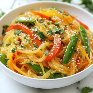 To make a tasty Sesame Ginger Noodle Stir Fry, gather these key ingredients: - 8 ounces rice noodles - 2 tablespoons sesame oil - 1 bell pepper (any color), julienned - 1 cup snap peas, trimmed - 1 large carrot, cut into thin strips - 3 green onions, chopped - 1 tablespoon fresh ginger, grated - 2 cloves garlic, minced - 3 tablespoons soy sauce (or tamari for gluten-free) - 1 tablespoon rice vinegar - 1 tablespoon honey or maple syrup - 2 tablespoons sesame seeds, toasted - Fresh cilantro for garnish Here are some handy conversions for your ingredients: - 1 tablespoon = 3 teaspoons - 1 cup = 8 fluid ounces - 8 ounces of rice noodles is about 227 grams - 2 tablespoons of sesame oil equals about 30 milliliters You can add a few fun garnishes for extra flavor and color: - Chopped peanuts for crunch - Red pepper flakes for heat - Lime wedges for a zesty kick With these ingredients and tips, you're all set to whip up a delightful Sesame Ginger Noodle Stir Fry! {{ingredient_image_1}} First, boil water in a large pot. Once it's boiling, add the rice noodles. Cook them as the package says, usually around 4 to 6 minutes. After they are soft, drain the noodles. Rinse them under cold water. This step keeps the noodles from sticking together. Next, take a large skillet or wok. Heat 2 tablespoons of sesame oil over medium-high heat. Once the oil is hot, add 1 tablespoon of grated ginger and 2 minced garlic cloves. Sauté these for about 30 seconds. You want to smell that lovely aroma! Now, toss in the julienned bell pepper, trimmed snap peas, and thin carrot strips. Stir-fry these colorful veggies for about 3 to 4 minutes. They should be tender but still crisp. This keeps the dish fresh and crunchy. After the veggies are ready, add the cooked rice noodles to the skillet. Pour in 3 tablespoons of soy sauce, 1 tablespoon of rice vinegar, and 1 tablespoon of honey or maple syrup. Toss everything together. Ensure the noodles and veggies are coated well with the sauce. Then, add in the chopped green onions. Cook for another 1 to 2 minutes. Finally, sprinkle 2 tablespoons of toasted sesame seeds on top. Serve it hot and enjoy! To stop your noodles from sticking, rinse them well with cold water after cooking. This helps remove extra starch. You can also toss them in a bit of sesame oil. This adds flavor and keeps them loose. Make sure to stir them often while cooking. If they start to stick, add a splash of water or oil. Stir-frying needs high heat. Use a large skillet or wok for best results. Heat your pan before adding oil. This helps cook the food quickly and keeps it crisp. Cut your veggies into uniform sizes. This ensures even cooking. Use a spatula to keep the food moving. This way, everything cooks evenly and doesn’t burn. You can change the flavors to fit your likes. If you want it sweeter, add more honey or maple syrup. For more heat, try adding red pepper flakes or sriracha. If you like it saltier, add more soy sauce. Taste as you go. This helps you find the perfect balance for your dish. Don't be afraid to experiment! Pro Tips Use Soaked Noodles: For an even better texture, soak the rice noodles in hot water for 15 minutes instead of boiling them. This prevents them from getting too soft. Customize Your Vegetables: Feel free to swap in your favorite vegetables such as broccoli, zucchini, or bok choy. Just ensure they are cut into similar sizes for even cooking. Get Creative with Proteins: Add protein like tofu, chicken, or shrimp to make it a more filling meal. Just cook the protein first before adding the vegetables. Perfect Your Sauce: Adjust the soy sauce and honey to your taste. If you like it spicier, add a dash of chili sauce or sprinkle some red pepper flakes. {{image_2}} You can boost your stir fry with protein. Tofu is a great choice for vegans. Use firm tofu for a nice texture. Press it to remove extra water. Cut it into cubes and sauté until golden. Chicken adds flavor and heartiness. Slice chicken breasts thinly to cook fast. Add the chicken right after the ginger and garlic. Shrimp is another quick option. Just toss in peeled shrimp after the veggies. Cook until they turn pink. Feel free to play with your veggies. Broccoli adds crunch and goes well with soy sauce. You can use zucchini for a fresh taste. Baby corn gives a nice pop of sweetness. Snow peas work great too, just like snap peas. If you love greens, throw in some spinach or bok choy. Use what you have on hand for a fun twist! To make this dish gluten-free, swap regular soy sauce for tamari. This will keep the flavor strong without gluten. For a vegan option, use maple syrup instead of honey. This keeps it sweet and plant-based. You can also check your noodles. Some rice noodles are gluten-free, but always read the label. Enjoy this dish without worry, making it fit your diet! To store your Sesame Ginger Noodle Stir Fry, let it cool first. Place the leftovers in an airtight container. Make sure to seal it well. Store it in the fridge for up to three days. This keeps the flavors fresh and tasty. When you're ready to eat, you can reheat it easily. Use a skillet over medium heat. Add a splash of water or oil to help it warm up. Stir it well until hot, about five minutes. You can also use a microwave. Heat in short bursts, stirring in between. This keeps the noodles from drying out. If you want to freeze your stir fry, it’s simple. Use a freezer-safe container. Make sure to leave some space at the top for expansion. Label the container with the date. It can last for up to three months. When you are ready to eat, thaw it overnight in the fridge. Reheat it in a skillet or microwave as mentioned earlier. Yes, you can prep the ingredients ahead of time. Chop the veggies, grate the ginger, and mince the garlic. Store them in separate containers in the fridge. This way, you save time when you cook. Just remember to keep the noodles and sauce ready too. To add spice, you can use red pepper flakes or sriracha. Mix these in with the soy sauce. Start with a small amount, then taste and adjust. You can also add chopped fresh chili peppers for extra heat. This will kick up the flavor and make it exciting. Rice noodles are great for this dish. They soak up flavors well and cook fast. You can also try soba or udon noodles for a different texture. Make sure to follow the cooking instructions on the package for best results. Choose what you enjoy most! In this post, I covered essential ingredients, step-by-step cooking, and storage tips. You learned how to cook perfect rice noodles and stir-fry fresh veggies. Remember to adjust flavors to suit your taste. Feel free to explore different proteins and veggies for variety. Keeping leftovers is easy, and reheating them is a breeze. Use this guide to make a tasty dish that fits your needs. Your kitchen can be a fun place for creativity! Enjoy every bite.