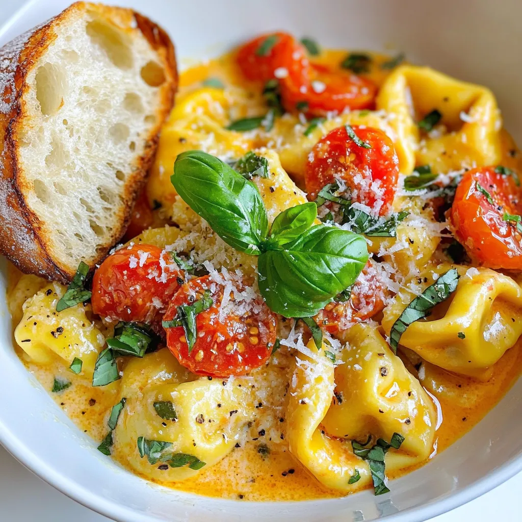 - 12 oz cheese tortellini (fresh or frozen) - 2 tablespoons olive oil - 3 cloves garlic, minced - 1 can (14 oz) diced tomatoes (fire-roasted preferable) - 1 cup heavy cream - 1 cup fresh basil leaves, chopped - 1 teaspoon Italian seasoning - Salt and pepper to taste - Grated Parmesan cheese for serving For this creamy tomato basil tortellini, the main stars are the cheese tortellini and ripe tomatoes. The tortellini can be fresh or frozen. I like using fire-roasted tomatoes for extra flavor. The heavy cream adds richness and smoothness. Fresh basil gives the dish its bright taste. - Crusty bread for serving - Extra basil for garnish - Red pepper flakes for heat These optional ingredients add more flavor. Crusty bread is perfect for soaking up the creamy sauce. Adding red pepper flakes gives a nice kick if you enjoy spice. - Large pot for boiling water - Large skillet for cooking - Wooden spoon or spatula for stirring - Colander for draining tortellini - Measuring cups and spoons Using the right tools makes cooking easier. A large pot helps boil the tortellini quickly. A skillet is great for mixing all the ingredients. Make sure to have a colander to drain the pasta well. {{ingredient_image_1}} Start by boiling a large pot of salted water. Add 12 oz of cheese tortellini. Cook it according to the package instructions, which usually takes about 3-5 minutes. You want it to be al dente. Once cooked, drain the tortellini, but save about 1/2 cup of the pasta water. This water will help adjust the sauce later if needed. Set the tortellini aside. Next, heat 2 tablespoons of olive oil in a large skillet over medium heat. When the oil is hot, add 3 minced garlic cloves. Sauté the garlic for about one minute. You want it to smell amazing, but be careful not to burn it. Burnt garlic can ruin the flavor. Now, it’s time to add flavor. Stir in a can of 14 oz diced tomatoes, preferably fire-roasted, along with their juices. Let this mixture cook for about 5 minutes. This will help the flavors blend together. After that, lower the heat to medium-low. Pour in 1 cup of heavy cream and stir until fully mixed. Let it simmer for another 3-4 minutes, allowing the sauce to thicken a bit. Finally, add the cooked tortellini to the skillet. Gently stir to coat the pasta in the creamy sauce. If you find the sauce is too thick, add a little of the reserved pasta water until you reach your desired consistency. Next, stir in 1 cup of chopped fresh basil and 1 teaspoon of Italian seasoning. Season with salt and pepper to taste. Let everything heat through for another 1-2 minutes. Serve hot, topped with grated Parmesan cheese and a sprinkle of extra basil for a fresh touch. To cook tortellini just right, use a big pot. Fill it with water and add salt. Bring the water to a boil before adding the tortellini. Follow the time on the package for cooking. I recommend cooking it until it is al dente. This keeps it firm and not mushy. After cooking, drain it but save half a cup of the pasta water. This water helps if your sauce gets too thick. For a creamier sauce, use heavy cream. It gives the sauce a rich, smooth texture. Stir the cream into the tomato mix slowly. Let it simmer on low heat for a few minutes. If it gets too thick, add a splash of the reserved pasta water. This makes the sauce silky and keeps it light. For a lovely presentation, serve the tortellini in bowls or on plates. Drizzle some olive oil on top for shine. A sprinkle of fresh basil adds color and flavor. You can also use grated Parmesan cheese for a tasty finish. Serve with a slice of crusty bread to soak up the sauce. This makes the meal look inviting and delicious! Pro Tips Fresh Basil for Flavor: Always use fresh basil instead of dried to enhance the flavor profile of the dish. Add it at the end of cooking to maintain its vibrant taste and aroma. Perfect Pasta Texture: Make sure to cook tortellini until al dente for the best texture. This helps the pasta hold its shape and prevents it from becoming mushy in the sauce. Customize the Creaminess: Adjust the amount of heavy cream based on your preference for creaminess. If you want a lighter dish, you can substitute half of the cream with vegetable broth. Garnish for Presentation: Use freshly grated Parmesan and a sprinkle of extra basil for garnish. This not only adds flavor but also makes the dish visually appealing when served. {{image_2}} For a vegetarian twist, keep the dish simple. You can use just the cheese tortellini and add more veggies. Consider spinach, mushrooms, or zucchini. These add color and texture. You can sauté them with garlic for added flavor. If you want more protein, chicken or shrimp works well. Cook bite-sized pieces in the skillet before adding the garlic. For a heartier dish, try adding cooked Italian sausage. Cook it until browned and mix it in with the tortellini. Not a fan of tortellini? You can switch to gnocchi or penne. Both pair nicely with the creamy sauce. Whole wheat or gluten-free pasta are great options too. Feel free to choose what fits your taste and diet best. Store leftover creamy tomato basil tortellini in an airtight container. It will stay fresh for up to three days in the fridge. Make sure to let the dish cool down before sealing it. If you want to keep it longer, consider freezing it instead. To freeze, place the tortellini in a freezer-safe container. Leave some space at the top for expansion. It can last up to three months in the freezer. For best results, freeze it without the cheese. When ready to eat, thaw overnight in the fridge. To reheat, place the tortellini in a skillet over medium heat. Add a splash of water or cream to prevent it from drying out. Stir gently until heated through. You can also use a microwave; just cover it to keep moisture. Heat in short bursts, stirring in between. Enjoy your creamy dish again! Yes, you can use store-bought tortellini. Fresh or frozen options work well. Just follow the cooking instructions on the package. They will taste great in this creamy sauce. To make this dish dairy-free, swap heavy cream for coconut cream or cashew cream. You can also use a dairy-free cheese tortellini. This keeps the flavor while making it suitable for dairy-free diets. You can use half-and-half, almond milk, or oat milk as a substitute for heavy cream. These options give a similar texture. For a thicker sauce, add a bit of cornstarch or flour to your milk. The dish lasts 3 to 5 days in the fridge. Store it in an airtight container to keep it fresh. Reheat it gently on the stove or in the microwave, adding a splash of water if needed. This blog post covered the key ingredients and tools for making tortellini. I walked through step-by-step cooking instructions. Everyone can learn useful tips for great taste and texture. You saw variations to suit different diets. Finally, we discussed how to store and reheat your dish. Embrace creativity as you make this recipe your own! Enjoy cooking and sharing this delicious meal with friends and family.