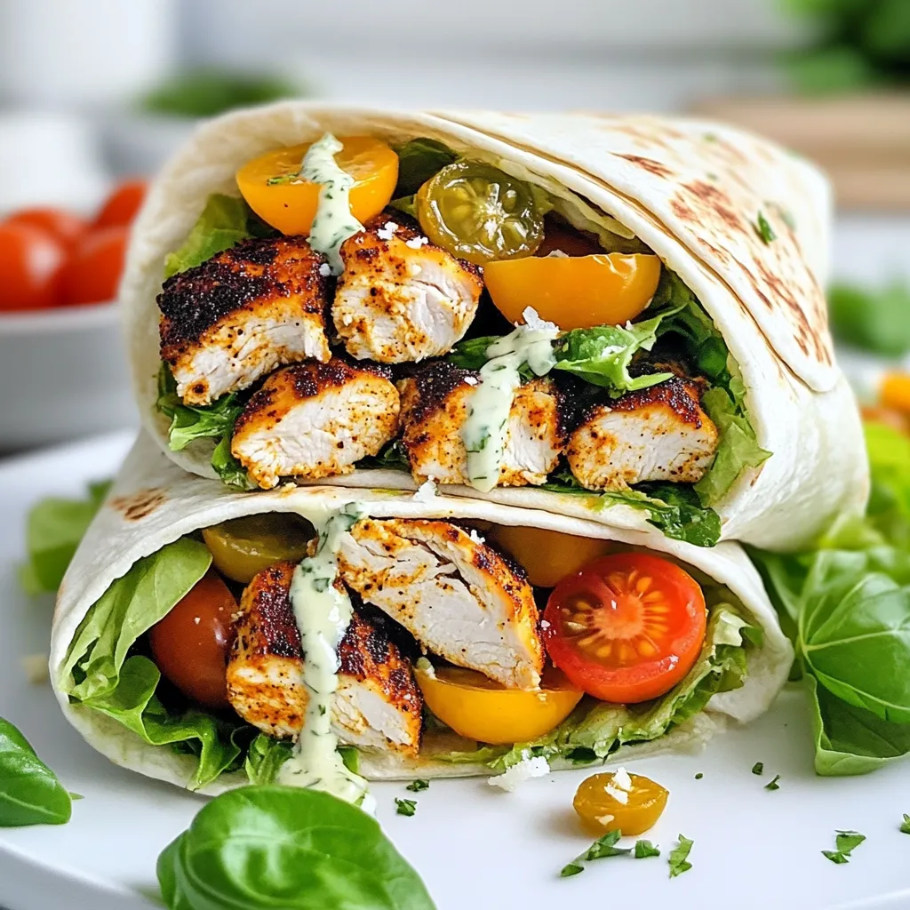 - 2 boneless, skinless chicken breasts - 2 tablespoons Cajun seasoning - 1 tablespoon olive oil - 4 large tortillas - 2 cups romaine lettuce, chopped - ½ cup cherry tomatoes, halved - ½ cup Parmesan cheese, grated - ½ cup Caesar dressing (store-bought or homemade) - Salt and pepper to taste The heart of this Blackened Chicken Caesar Wrap lies in its fresh and bold ingredients. The chicken adds protein, while the romaine brings crunch. Cherry tomatoes give a pop of color and sweetness. The Parmesan cheese melts into the wrap, adding a rich, creamy flavor. Lastly, the Cajun seasoning gives the chicken its signature kick. - Fresh basil leaves Adding fresh basil leaves not only looks great but also adds a nice herbal note. It balances the spicy flavors from the Cajun seasoning. You can sprinkle them on top for a touch of color and taste. - Chicken can be swapped for shrimp or tofu for different flavors. - Use spinach or mixed greens instead of romaine for variety. - Try feta cheese instead of Parmesan for a tangy twist. - If you can't find Cajun seasoning, a mix of paprika, garlic powder, and cayenne can work well. These substitutions allow for creativity. You can adjust the wrap to your taste or dietary needs. Don't hesitate to mix things up! {{ingredient_image_1}} Start by rubbing the chicken breasts with olive oil. Use about 1 tablespoon for both breasts. Next, sprinkle the Cajun seasoning evenly over the chicken. Make sure every part is well coated. This adds great flavor. You can also add salt and pepper to taste if you like. Heat your skillet on medium-high heat. Once it is hot, place the seasoned chicken breasts in the pan. Cook each side for 6 to 7 minutes. You want the internal temperature to reach 165°F. This ensures the chicken is safe to eat. After cooking, take the chicken out and let it rest for a few minutes. This helps keep it juicy. Take a tortilla and lay it flat on a clean surface. Add a layer of chopped romaine lettuce in the center. Next, place the sliced blackened chicken on top. Add halved cherry tomatoes and sprinkle grated Parmesan cheese over everything. Finally, drizzle Caesar dressing on top. Now, fold the sides of the tortilla inwards. Roll it tightly from the bottom up. Your wrap is now ready! Slice it in half for a great presentation. Optionally, you can add fresh basil leaves on top for a pop of color and flavor. When making a Blackened Chicken Caesar Wrap, seasoning is key. Use Cajun seasoning generously. This adds a bold flavor to the chicken. Make sure to rub the seasoning all over the chicken. You want every bite to burst with taste. If you like more heat, add a pinch of cayenne. For a milder flavor, use less seasoning. Cooking the chicken well makes a big difference. Heat your skillet over medium-high heat before adding the chicken. This helps create that nice blackened crust. Cook each side for about 6-7 minutes. Check the internal temperature; it should reach 165°F. Let the chicken rest after cooking. This keeps it juicy and tender. You can prepare this wrap in advance. Cook the chicken and slice it up. Store it in the fridge in an airtight container. You can also chop the lettuce and tomatoes ahead of time. When you're ready to eat, just assemble the wrap. This makes for a quick and easy lunch or dinner option. Pro Tips Seasoning Matters: Don’t skimp on the Cajun seasoning; it’s what gives the chicken its bold flavor. Make sure to cover all sides of the chicken breasts evenly. Rest the Chicken: Allowing the chicken to rest after cooking helps retain its juices, making it more tender and juicy when sliced. Fresh Ingredients: Use fresh romaine lettuce and cherry tomatoes for the best flavor and texture. They add freshness that balances the richness of the chicken and dressing. Wrap It Right: To prevent your wrap from falling apart, make sure to fold the sides inward snugly before rolling from the bottom up. {{image_2}} You can switch the chicken for shrimp or tofu. Shrimp cooks fast and adds a nice taste. Just season it like you would the chicken. Cook shrimp for about 3-4 minutes on each side. For tofu, use firm tofu and press it to remove water. Slice it and season well. Cook until it’s golden brown. Both options keep the wrap yummy and fun. While Caesar dressing is classic, many choices exist. Try ranch for a creamy twist. You can also use a zesty vinaigrette for a lighter option. If you want a kick, add buffalo sauce or a spicy yogurt dressing. Each dressing adds its own flavor, making the wrap unique. Boost the wrap's nutrition by adding more veggies. Spinach adds iron and flavor. Bell peppers add crunch and bright colors. You can also throw in cucumbers for a refreshing bite. Carrots add sweetness and crunch too. Mixing in different veggies makes the wrap healthier and more appealing. To keep your Blackened Chicken Caesar Wrap fresh, wrap it tightly in plastic wrap. You can also use aluminum foil. Place it in an airtight container. Store it in the fridge. This keeps the flavors and textures intact. Make sure it is completely cooled before storing. This prevents moisture buildup. When you're ready to eat, you can reheat the wrap. Unwrap it and place it in a skillet over low heat. Heat it for about 5 minutes, turning often. This ensures even warming without making it soggy. You can also microwave it. Place it on a microwave-safe plate, cover it with a damp paper towel, and heat for 30 seconds. Check to see if it's warm enough, then enjoy. The Blackened Chicken Caesar Wrap lasts for up to three days in the fridge. After that, the quality may drop. If you want to keep it longer, you can freeze it. Wrap it tightly in plastic wrap, then place it in a freezer bag. It can last for up to three months in the freezer. Just remember to thaw it in the fridge overnight before reheating. The Blackened Chicken Caesar Wrap comes from classic Cajun cooking. Cajun chefs often blacken fish or chicken. They use high heat and spices to create a crust. This wrap combines that bold flavor with a Caesar salad. It’s a fun twist on two favorites! Yes, you can make this wrap gluten-free. Just switch the regular tortillas for gluten-free ones. Many brands offer great options. Always check the label to ensure they are free from gluten. This way, everyone can enjoy this tasty meal! Making homemade Caesar dressing is easy. You will need: - 1 cup mayonnaise - 2 tablespoons lemon juice - 2 cloves garlic, minced - 2 tablespoons Parmesan cheese - Salt and pepper to taste Mix all ingredients in a bowl. Adjust to your taste. This dressing will give your wrap a fresh flavor! To change the spice level, adjust the Cajun seasoning. Use less for a milder flavor. Add some hot sauce for extra heat. You could also try other spices like paprika or cayenne. Taste as you go to find your perfect balance! This blog post covered everything you need for a Blackened Chicken Caesar Wrap. We discussed the key ingredients, step-by-step cooking methods, and valuable tips for great flavor. You learned how to make variations with different proteins and veggies, plus storage tips to keep your wraps fresh. With this guide, you can easily prepare a delicious meal that suits your taste. Enjoy making your wraps, and feel free to explore your own unique twists!