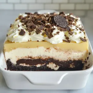 - 1 package of Oreo cookies (about 36 cookies), crushed - 1/2 cup unsalted butter, melted - 8 oz cream cheese, softened - 1 cup powdered sugar - 1 cup whipped topping (like Cool Whip) - 1 package (3.9 oz) instant chocolate pudding mix - 2 cups milk - 1 cup whipped topping (for topping) - Chocolate shavings or crushed Oreos for garnish You need simple, tasty ingredients for this Chocolate Oreo Lasagna. Start with a package of Oreo cookies. These will give the dessert its rich, chocolatey flavor. Crush the cookies and blend them with melted butter. This mixture forms the crust, so press it well into your pan. Next, you’ll need cream cheese. Soften it before mixing it with powdered sugar. This makes a sweet and creamy layer. Gently fold in whipped topping to make it light and fluffy. For the pudding layer, grab a package of instant chocolate pudding mix. Mix it with milk until it thickens. This layer adds a delicious chocolate taste. Don't forget more whipped topping for the final layer. It makes the dessert look pretty and adds creaminess. Finally, choose how to garnish. You can use chocolate shavings or crushed Oreos for a fun touch. Now, you are ready to create a delightful dessert! {{ingredient_image_1}} To make the crust, start by crushing the Oreo cookies. You need about 36 cookies for this. Place them in a bowl and pour in 1/2 cup of melted butter. Mix until the crumbs are evenly coated. Next, press this mixture into the bottom of a 9x13 inch baking pan. Make sure it is packed tightly. Once done, refrigerate the crust to set while you prepare the next layers. Now it’s time for the cream cheese layer. In a mixing bowl, take 8 ounces of softened cream cheese. Add 1 cup of powdered sugar and beat them together until smooth. Then, gently fold in 1 cup of whipped topping. This makes it light and fluffy. Spread this cream cheese mixture evenly over the chilled Oreo crust. Next, prepare the chocolate pudding layer. In another bowl, whisk together 1 package of instant chocolate pudding mix and 2 cups of milk. Whisk for about 2-3 minutes until it thickens nicely. Pour this chocolate pudding over the cream cheese layer. Use a spatula to spread it evenly. For the final layer, take the remaining 1 cup of whipped topping. Spread it over the chocolate pudding layer, covering the entire surface. Now, it's time to chill! Place the lasagna in the fridge for at least 4 hours, or overnight if you can wait. Before serving, add some chocolate shavings or crushed Oreos on top for a fun garnish. - Use a suitable baking pan: A 9x13 inch pan works best for this treat. It gives enough space for all the layers. - Ensure Oreo crumbs are finely crushed: Use a food processor for a fine texture. This helps the crust hold together well. - Substitute with mascarpone or ricotta cheese: These cheeses add a rich flavor twist to the layer. Both options are creamy and delicious. - Experiment with flavored whipped toppings: Try using vanilla or chocolate-flavored whipped toppings. This adds fun flavors to each bite. - Use chocolate pudding with added chocolate chips: This boosts the chocolate taste. The chips add a nice texture as well. - Add melted chocolate for richness: Melt some chocolate and mix it with the pudding. This gives a deep and satisfying chocolate flavor. Pro Tips Chill for Best Results: Allow the lasagna to chill overnight for the best flavor and texture. This helps the layers to set perfectly and makes cutting easier. Customize Your Layers: Feel free to add additional layers such as a layer of peanut butter or a layer of caramel for extra decadence. Use Fresh Ingredients: Ensure your cream cheese and whipped topping are fresh for the best taste. This can make a significant difference in the overall flavor of the dessert. Presentation Matters: When serving, consider using a warm knife to cut through the layers cleanly. This will give you beautiful squares that are perfect for presentation. {{image_2}} Pairing dessert wine with Chocolate Oreo Lasagna can enhance your experience. I suggest a sweet red wine, like a port or a late-harvest Zinfandel. These wines have a rich flavor that matches the chocolate well. You can also try a Moscato, which offers a light, fruity taste. Each sip will balance the creaminess of the lasagna. Adding fresh fruit to your lasagna can bring a new twist. Raspberries or strawberries work great. Their bright flavors cut through the rich chocolate. You can layer them in between the cream cheese and pudding layers. You can also use fruit as a topping. This adds color and freshness to each bite. Switching up the base can create fun new flavors. Instead of Oreos, try using chocolate wafer cookies or graham crackers. You can even use gluten-free cookies if you have dietary needs. Each cookie type brings its own special taste and texture. Don’t be afraid to experiment! Store any leftover Chocolate Oreo Lasagna in the fridge. Use an airtight container to keep it fresh. If you don’t have one, cover the dish with plastic wrap or foil. This helps prevent the dessert from drying out. Leftovers stay tasty for about three to five days in the fridge. You can freeze the lasagna for longer storage. Cut it into squares for easy serving later. Wrap each piece tightly in plastic wrap, then place them in a freezer-safe bag. This method keeps the layers intact. The lasagna can last for up to two months in the freezer. When you're ready to enjoy a piece, take it out of the freezer. Let it thaw in the fridge for several hours or overnight. This keeps the texture creamy and delicious. Avoid microwaving it; this can change the layers and make them soggy. Enjoy your treat! Chocolate Oreo Lasagna stays fresh for about 3 to 5 days in the fridge. After that, it might lose its texture and taste. Make sure to store it in an airtight container for best results. Yes, you can make Chocolate Oreo Lasagna a day or two ahead. This dessert tastes even better when it sits for a while. Just cover it well and refrigerate. It allows the layers to set and flavors to blend nicely. If you don't have whipped topping, you can use heavy cream whipped to soft peaks. Cream cheese mixed with a bit of milk can also work. For a non-dairy option, try coconut whipped cream or almond whipped topping. Absolutely! For a gluten-free version, use gluten-free Oreo cookies. If you need a dairy-free option, substitute cream cheese with a dairy-free alternative and use plant-based milk. Make sure your whipped topping is also dairy-free. These swaps let everyone enjoy this treat! You learned how to make a tasty Chocolate Oreo Lasagna. We covered ingredients, step-by-step instructions, and tips to make it great. Remember, you can change the flavors and make it your own. Store leftovers right to keep them fresh. This dessert is fun to share with friends and family. Enjoy your sweet creation, and don't forget to try different toppings! Delicious moments await you.