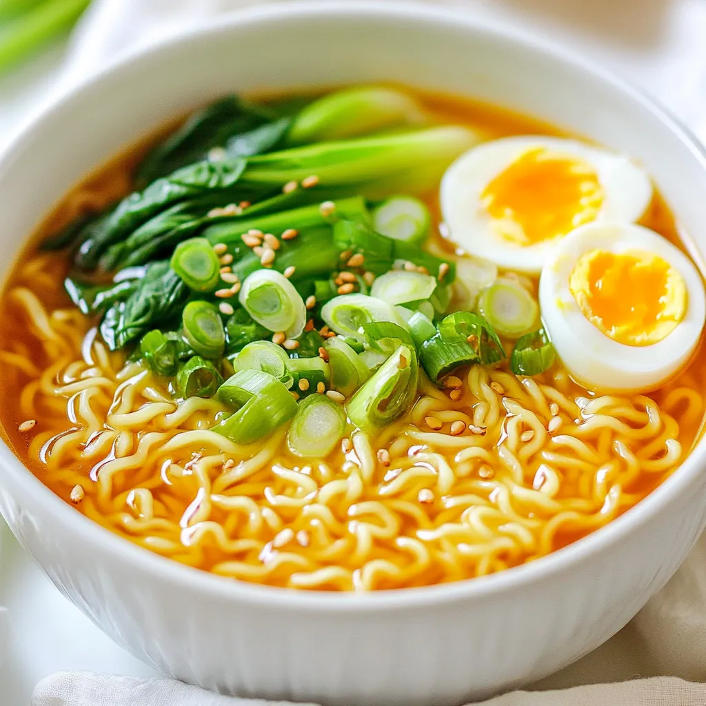 - 2 packs of instant ramen noodles (discard the seasoning packets) - 4 tablespoons unsalted butter - 6 cloves garlic, minced - 1 tablespoon red pepper flakes (adjust to taste) - 4 cups chicken or vegetable broth - 2 tablespoons soy sauce - 2 green onions, thinly sliced - 1 cup baby spinach or bok choy - Sesame seeds for garnish - Soft-boiled eggs (optional) I love using instant ramen noodles for this recipe. They cook quickly and soak up flavors well. Discard the seasoning packets since we will create our own rich taste. Unsalted butter gives the broth a creamy texture. The fresh garlic adds a strong, savory base. Red pepper flakes bring heat, but you can adjust this to your taste. The broth is crucial. Chicken or vegetable broth provides depth. Soy sauce adds a salty umami kick. Green onions and spinach or bok choy add freshness and color, making the dish pop. Finishing with sesame seeds adds a nice crunch. If you want, add soft-boiled eggs on top for extra protein and richness. You can swap in other vegetables like mushrooms or bell peppers if you prefer. If you need gluten-free noodles, look for rice noodles or gluten-free ramen. For a lighter dish, consider low-sodium broth options. To kick up the flavor, you can add a splash of lime juice or a dash of sesame oil. Fresh herbs like cilantro or basil add brightness too. Consider adding more spices like ginger or a spoonful of miso for extra depth. {{ingredient_image_1}} To start, fill a pot with water and bring it to a boil. Once boiling, add the instant ramen noodles. Cook them for about 3 to 4 minutes. You want them tender but not mushy. Keep an eye on the timer to avoid overcooking. After cooking, drain the noodles and set them aside. For best results, use a large pot. This allows the noodles to move freely. Stir them gently while cooking to prevent sticking. Next, grab a large skillet and place it over medium heat. Add 4 tablespoons of unsalted butter. Let it melt slowly. Once melted, add 6 cloves of minced garlic and 1 tablespoon of red pepper flakes. Sauté this mixture for 1 to 2 minutes. The goal is to make the garlic fragrant, not burnt. Stir it constantly to avoid any burning. This garlic butter sauce is the heart of the dish. It gives the ramen rich flavor and a lovely aroma. Now, pour in 4 cups of chicken or vegetable broth along with 2 tablespoons of soy sauce. Bring this mixture to a gentle simmer. Let it simmer for about 5 minutes to blend the flavors well. After the broth simmers, it’s time to add the cooked noodles. Gently stir to coat the noodles with the garlic butter broth. This step is crucial for flavor. Next, toss in 1 cup of baby spinach or bok choy. Cook for about 1 to 2 minutes until wilted. This adds color and nutrition to your ramen. For a great presentation, ladle the spicy garlic butter ramen into bowls. Top each bowl with sliced green onions and sesame seeds. If you like, add soft-boiled eggs for a nice touch. To serve, use a wide soup spoon or a deep bowl. This makes it easy to enjoy every bite. For an extra pop of flavor, drizzle some melted garlic butter on top before serving. To adjust spice levels, start small. Add red pepper flakes slowly. Taste as you go. You can make it mild or fiery. For a richer broth, add more soy sauce or a splash of mirin. This will deepen the taste. A dash of sesame oil can also boost flavor. When boiling noodles, use a big pot. This helps them cook evenly. Stir them gently to avoid sticking. For sautéing garlic, keep the heat medium. This helps prevent burning. If you're short on time, use leftover broth. It speeds up the cooking process. Get creative with garnishes. Try a sprinkle of sesame seeds or a drizzle of extra garlic butter. Use bright green onions for color. To plate like a pro, use a deep bowl. Layer the noodles first, then pour broth over. Add greens last for a fresh look. Pro Tips Adjust Spice Level: If you prefer a milder dish, reduce the amount of red pepper flakes or omit them entirely. You can always add more spice later if desired. Butter Quality Matters: Use high-quality unsalted butter for a richer flavor. If you want to experiment, try adding a flavored butter, like garlic herb butter, for an extra kick. Fresh Herbs Enhance Flavor: Consider adding fresh herbs like cilantro or basil just before serving. They add a delightful freshness that complements the rich garlic butter. Customize Your Toppings: Get creative with toppings—try adding sliced mushrooms, shredded carrots, or even a sprinkle of chili oil for additional flavor and texture. {{image_2}} You can boost your ramen with added protein. Chicken, shrimp, and tofu work well. - For chicken, use cooked, shredded pieces. - Shrimp cooks quickly and adds a nice taste. - Tofu is great for a vegetarian option. Just cube it and add to the broth. For vegan choices, use firm tofu or tempeh. Both absorb flavors well and keep the meal filling. Spicy garlic butter ramen can adapt to your taste. - If you want it milder, reduce the red pepper flakes. - Try adding ginger for a fresh kick or lime for brightness. You can also explore regional twists. For a Korean flair, add gochujang. For a Japanese touch, use miso paste. You can change the broth to fit your taste. - Use vegetable broth for a lighter option. - For more richness, try adding coconut milk. You can also switch up the seasonings. Add a splash of fish sauce for depth. If you want a creamy broth, blend in some sesame paste or miso. Both give a nice texture and flavor. After you make spicy garlic butter ramen, keep it in the fridge. Place the ramen in an airtight container. It stays fresh for about 3 days. Before eating, check for any odd smells or changes in color. If it seems off, toss it out. You can freeze ramen leftovers for later. First, let it cool completely. Then, put it in a freezer-safe container. It can last up to 2 months in the freezer. When you're ready to eat, thaw it in the fridge overnight. For reheating, use a pot on the stove or the microwave. Add a splash of broth or water to keep it moist. Meal prep makes cooking easy. You can make a big batch of spicy garlic butter ramen. Divide it into individual portions. Use small containers for quick meals. When hunger strikes, just grab a container and heat it. This way, you save time and enjoy tasty ramen anytime. Yes, you can! To make it vegan, use plant-based butter. For the broth, pick vegetable broth. This keeps the dish rich and tasty without animal products. To tone down the heat, reduce the red pepper flakes. You can also add more butter to balance the spice. A touch of sugar can help too. The total time is about 20 minutes. Prep takes about 10 minutes. Cooking the noodles and sauce takes another 10 minutes. It’s quick and easy! Fresh noodles work great! Just cook them per the package instructions. They may take a bit longer than instant noodles but will add a nice texture. In this post, I shared how to make a tasty garlic butter ramen dish. You learned about the main ingredients, flavor enhancements, and easy steps to cook. I also covered tips, variations, and how to store leftovers. Ramen is fun to customize, so feel free to mix and match ingredients. With a little creativity, you can make this dish your own. Enjoy your cooking adventure!