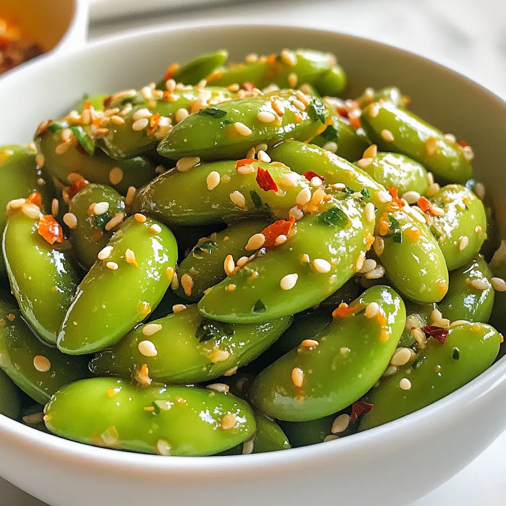 - 2 cups edamame in pods (fresh or frozen) - 3 tablespoons olive oil - 6 cloves garlic, minced - 1 teaspoon red pepper flakes (adjust to taste) - 1 tablespoon soy sauce - 1 teaspoon sesame oil - 1 tablespoon lemon juice - Salt to taste - Sesame seeds for garnish (optional) Spicy garlic edamame is packed with nutrients. Each serving contains protein, fiber, and healthy fats. Edamame is low in calories, making it a great snack. The garlic adds antioxidants, while olive oil provides good fats. This dish is not only tasty but also healthy. The flavor of spicy garlic edamame is bold and exciting. You get a nice blend of savory and spicy. The garlic gives a rich aroma and taste. The red pepper flakes add heat, which you can adjust. Soy sauce brings umami, while lemon juice adds a fresh zing. Together, these flavors create a delightful experience for your taste buds. {{ingredient_image_1}} To start, if you have frozen edamame, bring a pot of water to a boil. Once it boils, add the edamame pods. Cook them for five minutes. This helps to soften them. After five minutes, drain the pods and set them aside. Fresh edamame can skip this step. Just rinse them well before cooking. Next, grab a large skillet and turn the heat to medium. Pour in three tablespoons of olive oil. Let the oil heat up for a minute. Then, add six minced garlic cloves. Sauté the garlic for one to two minutes. You want the garlic to smell good but not brown. If it browns, it can taste bitter. Now, it’s time to mix in some spice. Add one teaspoon of red pepper flakes to the skillet. Cook for another minute so the oil absorbs the heat. After that, toss in the cooked edamame pods. Make sure they are well-coated in the garlic oil mixture. Drizzle one tablespoon of soy sauce and one teaspoon of sesame oil over the edamame. Squeeze in one tablespoon of lemon juice for a fresh kick. Toss everything again to blend the flavors well. Season with salt to taste. Remove the skillet from heat. Finally, transfer the spicy garlic edamame to a serving dish. If you like, sprinkle sesame seeds on top for a nice touch. To get a great garlic taste, use fresh garlic. I love using six cloves. Mince them well to release more flavor. Sauté the garlic for just one to two minutes. You want it fragrant, not brown. Brown garlic can taste bitter, which we don't want. If you like heat, add more red pepper flakes. Start with one teaspoon and taste. You can always add more if you want extra kick. For less spice, use half a teaspoon. This way, you can enjoy the garlic without too much heat. Serve Spicy Garlic Edamame in a bowl and top with sesame seeds. They add a nice crunch. Pair this dish with rice or noodles for a full meal. You can also serve it as an appetizer. It’s perfect for parties or movie nights. If you want to get creative, add a drizzle of chili oil for extra flavor. Pro Tips Use Fresh Edamame: For the best flavor and texture, opt for fresh edamame instead of frozen, if available. Adjust Spice Level: Feel free to modify the amount of red pepper flakes based on your heat preference; start with less and add more as needed. Garnish for Presentation: Adding sesame seeds not only enhances the flavor but also gives a beautiful finish to the dish. Serve Immediately: Enjoy the edamame while they are warm for the best taste and texture; they can lose their appeal if left to sit too long. {{image_2}} You can swap out edamame for other beans. Try using green peas or chickpeas. If you want less garlic, use only 3 cloves instead of 6. You can also replace olive oil with avocado oil for a different taste. For a gluten-free option, use tamari instead of soy sauce. Spicy garlic edamame tastes great with dips. Consider pairing it with a soy sauce mix or a spicy mayo. You can also serve it with a sweet chili sauce for a fun twist. Mixing in some lime juice can add a zesty punch too! You can steam the edamame instead of boiling it. This keeps them bright green and firm. If you like a smoky flavor, try grilling the edamame in a grill basket. You can also roast them in the oven at 400°F for 10-15 minutes for a crispy texture. These methods will change the taste, but they are still delicious! After you enjoy your spicy garlic edamame, store any leftovers in an airtight container. This keeps them fresh and tasty. Place the container in the fridge. They stay good for about 2 to 3 days. Make sure to cool them down first. If you store them hot, they may get mushy. To reheat your edamame, use a skillet for the best results. Heat a little olive oil over medium heat. Add the edamame and stir for about 3 to 5 minutes. This helps keep the garlic flavor strong. You can also use a microwave. Place the edamame in a bowl with a lid. Heat for about 1 to 2 minutes, stirring halfway. You can freeze leftover edamame if you want to save them for later. Place them in a freezer-safe bag. Make sure to squeeze out as much air as possible. They can last in the freezer for up to 2 months. When you're ready to eat, thaw them in the fridge overnight. Reheat them using the skillet or microwave method mentioned above. This way, you can enjoy your spicy garlic edamame anytime! Yes, you can use frozen edamame. It is quick and easy. Just boil them for five minutes. Drain them and set aside. Frozen edamame cooks fast and tastes great. I often keep some in my freezer for easy snacks. Absolutely! This recipe is vegan-friendly. It uses plant-based ingredients only. The edamame, olive oil, and garlic are all vegan. Enjoy this dish guilt-free, knowing it fits a vegan diet. To make this dish milder, reduce the red pepper flakes. You can start with half a teaspoon. Taste it and add more if you want more heat. Another way is to add a bit of extra olive oil. This will help tone down the spice. This blog post shows you how to make delicious Spicy Garlic Edamame. We covered what ingredients you need, their nutrition, and the taste. You learned step-by-step how to cook and combine flavors. We offered tips for perfect garlic, spice levels, and serving ideas. You can also swap ingredients or serve with dips. Lastly, we shared how to store, reheat, and freeze leftovers. Exploring this dish opens the door to tasty meals. Enjoy making it your own!