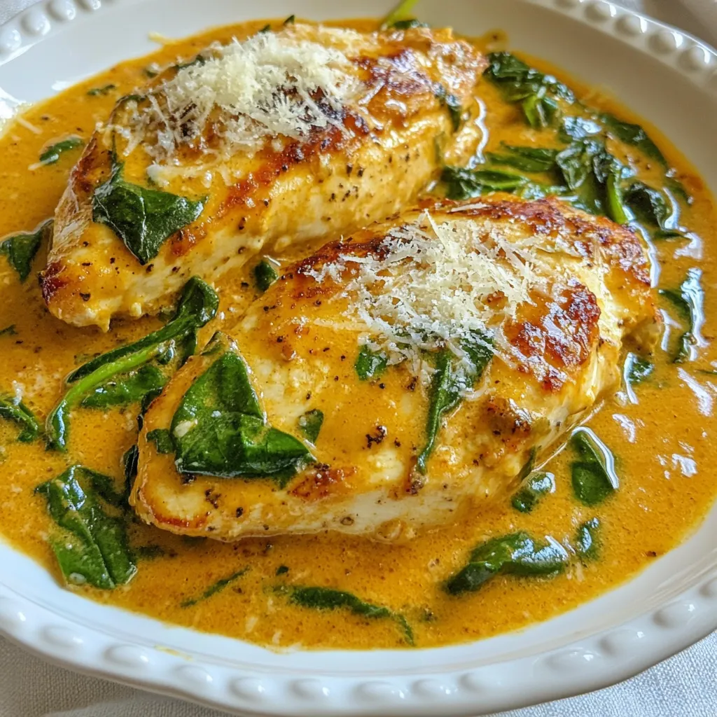 - 4 boneless, skinless chicken breasts - 2 tablespoons olive oil - 1 teaspoon garlic powder - 1 teaspoon onion powder - Salt and pepper to taste - 1 can (14 oz) crushed tomatoes - 1 cup heavy cream - 2 cups fresh spinach - 1 teaspoon dried basil - 1 teaspoon Italian seasoning - Grated Parmesan cheese for garnish Each ingredient in this dish plays a key role. The chicken is the star, providing protein and texture. Olive oil adds richness and helps cook the chicken. Garlic and onion powders give depth and warmth to the flavor. Crushed tomatoes bring acidity and sweetness, balancing the cream. Heavy cream makes the sauce rich and smooth. Fresh spinach adds color and a slight earthiness. Dried basil and Italian seasoning infuse herbs into the dish. Finally, Parmesan cheese adds a salty finish that ties everything together. You can easily adjust ingredients to fit your needs. For a lighter version, use chicken thighs instead of breasts. To avoid dairy, swap heavy cream for coconut milk. If you're vegan, replace chicken with tofu and use plant-based cream. For a gluten-free option, this recipe is naturally gluten-free. Always check labels to ensure no hidden gluten in canned products. Enjoy making this dish your own while still capturing its essence! {{ingredient_image_1}} Start by gathering all your ingredients. You need chicken, olive oil, spices, and tomatoes. The heavy cream and spinach will make the dish creamy and rich. This recipe is easy and quick. You will spend about 10 minutes prepping and 30 minutes cooking. 1. Heat 2 tablespoons of olive oil in a large skillet over medium-high heat. 2. Season 4 boneless, skinless chicken breasts with 1 teaspoon of garlic powder, 1 teaspoon of onion powder, salt, and pepper. 3. Place the seasoned chicken in the skillet. Sear it for 6-7 minutes on each side. The chicken should turn golden brown and be fully cooked. Remove the chicken and set it aside. 4. In the same skillet, add 1 can of crushed tomatoes. Bring it to a gentle simmer for 3-4 minutes, stirring now and then. 5. Turn the heat down to medium-low. Stir in 1 cup of heavy cream until the sauce is creamy. 6. Add 2 cups of fresh spinach, 1 teaspoon of dried basil, and 1 teaspoon of Italian seasoning to the sauce. Stir until the spinach wilts, which takes about 2-3 minutes. 7. Return the chicken breasts to the skillet. Coat them in the creamy tomato sauce. Let everything cook together for 2-3 minutes to meld the flavors. 8. Serve hot and sprinkle grated Parmesan cheese on top for garnish. To make sure your chicken is cooked, use a meat thermometer. The inside should reach 165°F (75°C). If you don’t have a thermometer, cut into the chicken. The meat should be white, not pink. Always check both thick and thin parts of the chicken. Cook it longer if needed. This will keep your meal safe and tasty. To make the sauce creamy, use heavy cream. This adds richness and smoothness. Stir it in slowly to avoid curdling. Adding crushed tomatoes first gives the sauce a nice base. Don’t forget to season with salt and pepper. Taste as you go, and adjust the flavors to your liking. For tender chicken, start with boneless, skinless breasts. Sear them well on medium-high heat. This gives a nice color and locks in the juices. Cook for about 6-7 minutes on each side. Make sure they reach an internal temperature of 165°F (74°C) for safety. This dish pairs well with several sides. Consider serving it with garlic bread for a classic touch. A simple green salad adds freshness and crunch. You could also serve it over rice or pasta to soak up the creamy sauce. For a low-carb option, try zucchini noodles or cauliflower rice. Pro Tips Perfectly Seasoned Chicken: Ensure to season your chicken breasts generously with salt and pepper to enhance their flavor before cooking. Fresh Spinach Alternative: If fresh spinach is unavailable, you can substitute it with frozen spinach. Just make sure to thaw and drain it before adding to the sauce. Customize the Creaminess: For a lighter version, you can use half-and-half instead of heavy cream, but the sauce will be less rich. Garnish for Extra Flavor: Besides Parmesan cheese, feel free to add fresh basil or a squeeze of lemon juice before serving for an added burst of freshness. {{image_2}} You can boost this dish with more veggies. Try adding bell peppers, mushrooms, or zucchini. Just chop them and add them to the skillet. Sauté them for a few minutes before adding the spinach. If you want to use other proteins, shrimp or tofu work well. Cook shrimp until they turn pink. For tofu, use firm or extra-firm. Cut it into cubes and sauté until golden. If you like spice, add red pepper flakes or diced jalapeños. This will give the dish a nice kick. For a low-carb version, swap heavy cream with coconut cream. You can also use cauliflower rice instead of regular rice. This keeps your meal light and full of flavor. To make this dish dairy-free, use coconut milk instead of heavy cream. It keeps the creaminess without dairy. For cheese, use nutritional yeast for a cheesy flavor. You can also try vegan Parmesan for a great topping. These swaps let everyone enjoy this tasty meal. After your meal, let the chicken cool. Place it in an airtight container. This keeps your dish fresh. Store it in the fridge for up to three days. Make sure to cover the sauce well to avoid drying out. To reheat, use a skillet over medium heat. Add a splash of water or cream. This helps keep the sauce creamy. Stir often, and heat until warm. You can also use a microwave. Heat in short bursts, stirring in between for even warmth. If you want to freeze this dish, let it cool fully. Use a freezer-safe container. Remember to leave room for expansion. It can last up to three months in the freezer. To use, thaw it in the fridge overnight. Reheat gently, as mentioned earlier. This way, you enjoy a tasty meal later! Yes, you can use frozen chicken. However, it’s best to thaw it first. If you cook it from frozen, the chicken will take longer to cook. Make sure the center reaches 165°F for safety. The chicken is fully cooked when it is no longer pink inside. Use a meat thermometer to check the thickest part. It should read 165°F. This ensures the chicken is safe to eat. This dish pairs well with many sides. You can serve it with rice, pasta, or crusty bread. A fresh salad also makes a great side. Enjoy your meal with something that complements the creamy sauce. This blog post covered key ingredients and their roles in flavor, plus smart substitutions. We went through step-by-step cooking instructions to ensure your chicken is perfect every time. I shared tips for a creamy sauce and the best chicken texture. You also learned fun variations and proper storage methods for leftovers. Remember, good cooking is about creativity and balance. Use these insights to make your dish your own. Enjoy your cooking journey!