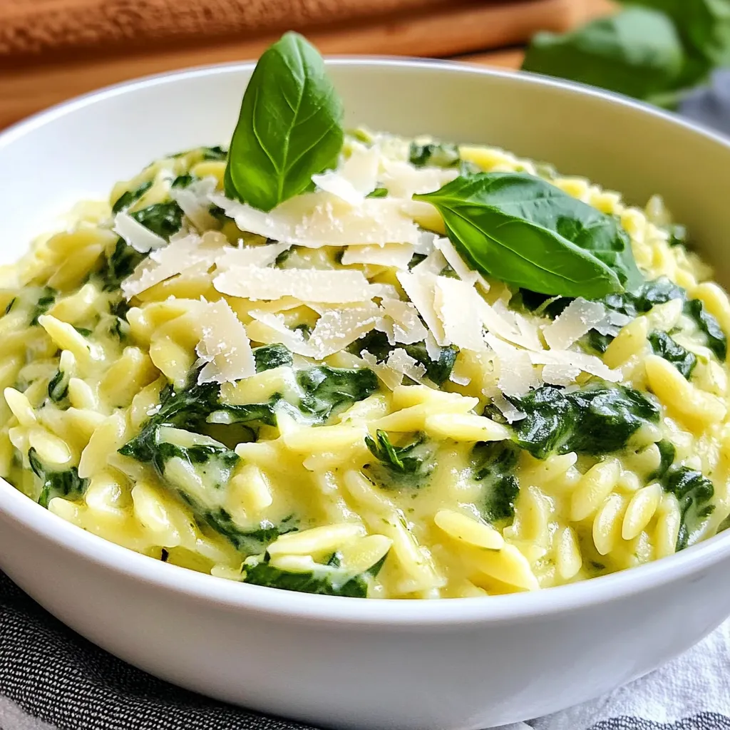 To make creamy spinach parmesan orzo, you will need: - 1 cup orzo pasta - 2 cups fresh spinach, chopped - 1 small onion, finely diced - 2 cloves garlic, minced - 2 cups vegetable broth - 1 cup heavy cream - 1 cup grated Parmesan cheese - 2 tablespoons olive oil - Salt and pepper to taste - ½ teaspoon red pepper flakes (optional) - Fresh basil leaves for garnish I always prefer fresh spinach in this dish. Fresh spinach has a vibrant color and a better texture. It wilts perfectly when cooked. If you can't find fresh spinach, frozen spinach works too. Just make sure to thaw and drain it well. This helps avoid excess water in your dish. Both options add great flavor, but fresh gives a nicer bite. You can swap some ingredients to fit your taste. Use whole wheat or gluten-free orzo if you like. Instead of heavy cream, try using Greek yogurt for a lighter option. You can also replace Parmesan cheese with nutritional yeast for a vegan twist. For added protein, toss in cooked chicken or shrimp. These swaps keep the dish tasty while fitting different diets. {{ingredient_image_1}} First, you need to heat the olive oil in a medium saucepan over medium heat. Add in the finely diced onion. Sauté the onion until it turns soft and clear, which takes about 3 to 4 minutes. Next, add the minced garlic and red pepper flakes if you want some spice. Cook this mixture for 1 to 2 minutes. The garlic smell will fill your kitchen and make you hungry! Now it’s time for the orzo. Stir the orzo into the saucepan, making sure it gets coated in the oil. Toast the orzo for about 1 to 2 minutes. This step adds a nice flavor. Then, pour in the vegetable broth and bring it to a boil. Once it boils, lower the heat and cover the pot. Let the orzo simmer for about 10 to 12 minutes. Check the orzo after 10 minutes. It should be soft and most of the broth should be gone. After the orzo is cooked, stir in the chopped spinach. Cook for an additional 2 to 3 minutes. You want the spinach to wilt but still stay bright green. Lower the heat again, and now add the heavy cream and grated Parmesan cheese. Stir this until the cheese melts and the sauce becomes creamy. Season with salt and pepper to taste. Let it rest for a minute or two. This will help it thicken up. Now, you’re ready to serve! To make the sauce creamy, use heavy cream. It adds richness and depth. Stir in the Parmesan cheese slowly. This helps it melt evenly. Taste the sauce and adjust the salt and pepper. You can add a pinch of nutmeg for warmth. This small touch makes a big difference. Cook the orzo until it is just tender. Follow the cooking time on the package. Stir it often while it cooks to prevent sticking. If you overcook it, the orzo can become mushy. Remember, it will continue to cook slightly after you remove it from heat. To boost the flavor, try adding herbs. Fresh basil or thyme works well in this dish. You can also mix in sun-dried tomatoes or cooked mushrooms. For some heat, add more red pepper flakes. Each of these upgrades adds unique tastes to your creamy orzo. Pro Tips Fresh Spinach: For the best flavor and texture, use fresh spinach instead of frozen. It wilts beautifully and adds a vibrant color to your dish. Cheese Variations: Try mixing different types of cheese, such as mozzarella or goat cheese, for a unique twist on the classic Parmesan flavor. Herb Infusion: Add herbs like thyme or oregano while cooking for an aromatic depth. Fresh herbs can be added just before serving for a burst of freshness. Leftover Makeover: This dish can be easily transformed into a baked casserole. Top with breadcrumbs and bake until golden for an exciting new meal. {{image_2}} You can make Creamy Spinach Parmesan Orzo even more filling by adding protein. Chicken is a great choice. Cook diced chicken in the pan before adding the onion. Shrimp also works well. Sauté shrimp until pink, then set aside. Add them back in with the spinach. This adds flavor and makes the dish heartier. To make this dish vegan, swap the heavy cream for coconut milk or a nut-based cream. Replace Parmesan cheese with a plant-based option or nutritional yeast for a cheesy flavor. Use vegetable broth and add extra veggies like mushrooms or bell peppers for more texture. This keeps the dish creamy and satisfying without dairy. While Parmesan is classic, you can try other cheeses. Feta adds a tangy kick. Goat cheese offers a creamy texture. For a sharper taste, use aged cheddar. Experiment with blending different cheeses for unique flavors. Just remember to melt them into the sauce to keep it creamy and smooth. To keep your creamy spinach Parmesan orzo fresh, store it in an airtight container. Let it cool before sealing. This prevents moisture buildup. The orzo can stay in the fridge for up to three days. Always label the container with the date. This helps you track freshness. When you're ready to enjoy leftovers, reheat the orzo in a saucepan. Add a splash of vegetable broth or cream. This helps restore its creamy texture. Heat it over medium-low until warm. Stir it often to avoid burning. You can also use the microwave. Heat in short bursts, stirring in between. Freezing creamy orzo is easy but may change the texture. To freeze it, let the dish cool completely. Place it in freezer-safe bags or containers. Remove as much air as possible to avoid freezer burn. It can last for up to three months. To thaw, place it in the fridge overnight before reheating. Yes, you can use other types of pasta. Try small shapes like penne or fusilli. Keep in mind that cooking times may change. Check the package for exact times. You want the pasta to be tender but not mushy. To make it less creamy, reduce the heavy cream. You can use half a cup instead of a full cup. Another option is to add more broth. This will balance the creaminess while still keeping the dish flavorful. You can also use low-fat milk for a lighter touch. Yes, you can prepare this dish ahead of time. Cook the orzo and mix in the spinach. Store it in the fridge without the cream. When ready to eat, heat it up and stir in the cream and cheese. This way, your creamy spinach parmesan orzo stays fresh and delicious! This blog post guided you through making a creamy orzo dish. We covered ingredients, prep steps, and tips. You learned how fresh and frozen spinach compare, and about protein options, like chicken or shrimp. We also shared storage tips and answered common questions. Remember, you can adjust flavors to suit your taste. Experiment with different ingredients to create your best dish. Enjoy cooking, and don't hesitate to share your results!