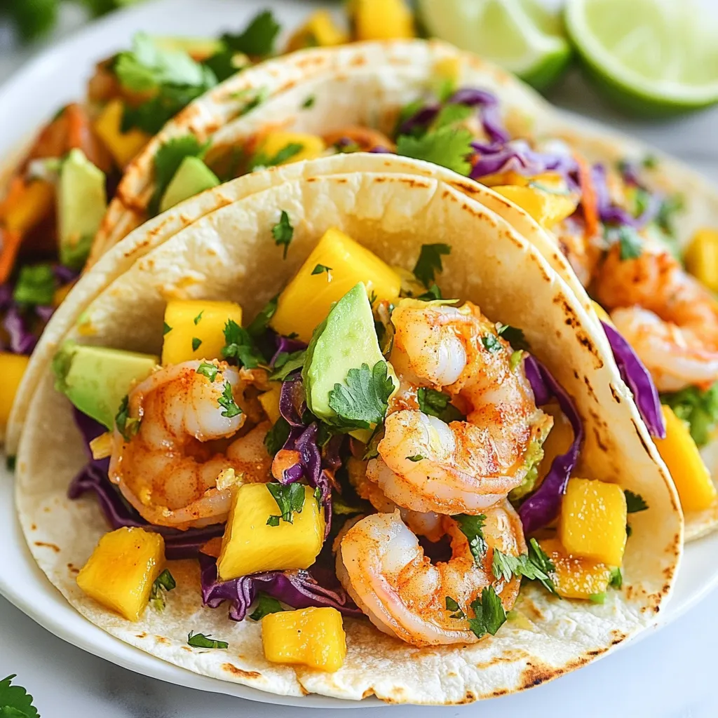 To make tasty Firecracker Shrimp Tacos, you need: - 1 pound of shrimp, peeled and deveined - 1 tablespoon olive oil - 8 small corn tortillas - 1 cup shredded cabbage (purple or green) - 1/2 cup diced mango - 1/4 cup fresh cilantro, chopped - 1 avocado, sliced - 1 lime, cut into wedges - 1/4 cup sour cream or Greek yogurt (optional) These ingredients come together to create a fresh and fun meal. The right spices make these tacos pop with flavor. You will use: - 2 teaspoons chili powder - 1 teaspoon smoked paprika - 1 teaspoon garlic powder - 1/2 teaspoon cayenne pepper (adjust to taste) - Salt and pepper, to taste The chili powder and smoked paprika give a warm kick. Garlic powder adds depth, while cayenne brings the heat. Want to add even more fun? Here are some optional toppings: - Extra cilantro for freshness - Slices of jalapeño for heat - Shredded cheese for creaminess - Fresh lime juice for a zesty touch Feel free to mix and match these toppings to create your perfect taco. {{ingredient_image_1}} Start by mixing the shrimp with olive oil and spices. In a bowl, add: - 1 pound of shrimp, peeled and deveined - 1 tablespoon olive oil - 2 teaspoons chili powder - 1 teaspoon smoked paprika - 1 teaspoon garlic powder - 1/2 teaspoon cayenne pepper - Salt and pepper to taste Toss the shrimp well to coat them evenly. Let them sit for 15-20 minutes. This step is key for flavor. The spices soak in and make the shrimp tasty. Heat a large skillet over medium-high heat. Add the marinated shrimp in a single layer. Cook for 2-3 minutes. Flip the shrimp and cook for another 2-3 minutes. They should turn pink and opaque when done. Remove them from heat and set aside. Use another skillet to warm corn tortillas. Heat each tortilla for about 30 seconds on each side. This makes them soft and pliable. You can also wrap them in foil and warm them in the oven. Warm tortillas make a big difference in your tacos. Now it's time to build your tacos. For each tortilla, place a few shrimp in the center. Top with: - Shredded cabbage - Diced mango - Sliced avocado - Fresh cilantro If you like, add a dollop of sour cream or Greek yogurt. The toppings add crunch and freshness. Serve your tacos right away. Place lime wedges on the side. Squeeze lime over the tacos for extra zest. Enjoy your flavorful meal! To cook shrimp just right, start with fresh shrimp. Look for shrimp that are firm and smell like the ocean. The key is not to overcook them. Cook shrimp for about 2-3 minutes on each side. They should turn pink and opaque. If they curl up tightly, they are overcooked. For extra flavor, let them marinate for 15-20 minutes. When it comes to tortillas, corn tortillas work best for Firecracker Shrimp Tacos. They add a nice texture and flavor. Make sure to warm them up first. This makes them soft and easy to fold. You can heat them in a skillet or wrap them in foil and place them in the oven. Flour tortillas are also an option if you prefer a softer bite. To boost the flavor of your tacos, try adding a creamy element. Sour cream or Greek yogurt adds richness. You can also drizzle a spicy sauce over the shrimp. A squeeze of lime juice brightens the dish. Fresh toppings like diced mango and cilantro add color and taste. Don’t forget to experiment with these extras to find your favorite combination! Pro Tips Perfectly Cooked Shrimp: Keep an eye on the shrimp while cooking; they only need 2-3 minutes per side to become pink and opaque. Overcooking can make them rubbery. Spice Level Adjustment: Tailor the heat of your tacos by adjusting the cayenne pepper. Start with a smaller amount and add more if you prefer a spicier kick. Freshness Matters: Use fresh ingredients for the best flavor. Opt for ripe avocados and fresh cilantro to enhance the taste of your tacos. Warm Tortillas: Warming the tortillas makes them more pliable and enhances the overall taco experience. Consider using a dry skillet for an extra touch of flavor. {{image_2}} You can easily swap shrimp for other tasty options. Try using grilled zucchini or mushrooms. Both add a nice texture. You can also use chickpeas for protein. They soak up flavors well. If you want a nutty twist, consider using tofu. Just marinate it with the same spices. Get creative with toppings to match your taste. Instead of cabbage, you can use lettuce or slaw. For a fruity kick, try adding pineapple or papaya. You can also use diced tomatoes for freshness. If you love crunch, sprinkle some crushed tortilla chips on top. Each topping adds a new layer of flavor. Adjust the heat to suit your taste. For a spicier taco, add more cayenne pepper or use hot sauce. You can also mix in jalapeños for an extra kick. If you prefer milder flavors, reduce the cayenne or skip it. You can also add more mango or avocado to balance the spice. To store leftover tacos, place them in an airtight container. Keep the shrimp, tortillas, and toppings separate. This keeps everything fresh and tasty. Store in the fridge for up to three days. If you mix them, the tortillas get soggy, and the shrimp loses its crunch. When you want to eat your tacos again, reheat the shrimp in a skillet. Use medium heat for about 2-3 minutes until warmed through. For tortillas, heat them in a pan for about 30 seconds on each side. This keeps them soft and warm. You can also use the microwave for a quick fix, but it may make them chewy. You can freeze shrimp tacos, but it's best to freeze the shrimp only. Place the cooked shrimp in a freezer-safe bag. They will keep well for up to three months. To thaw, move them to the fridge overnight. Reheat as mentioned above. Avoid freezing the tortillas and toppings, as they do not freeze well. You can use chicken, tofu, or fish as a substitute. Chicken works well when diced and cooked. Tofu is great for a vegetarian option and soaks up flavors. Fish fillets, like tilapia or cod, can also replace shrimp. Just adjust the cooking time based on the ingredient you choose. Yes, you can prepare some parts ahead. Marinate the shrimp and store it in the fridge for up to 24 hours. You can also prep the toppings, like diced mango and shredded cabbage, a day in advance. Just warm the shrimp and tortillas right before serving for the best taste. Some great sides include black beans, corn salad, or a fresh green salad. You can also serve chips with salsa or guacamole for a fun touch. These sides add color and flavor, making your meal extra special. To cool down the spice, reduce the cayenne pepper in the recipe. You can also serve the tacos with sour cream or Greek yogurt. This creamy addition helps balance the heat. Adding more toppings like avocado or mango also tones down the spice level. In this blog post, we covered how to make delicious Firecracker Shrimp Tacos. We discussed key ingredients, step-by-step cooking, and tips for great results. I shared ideas for vegetarian versions and ways to store leftovers. Remember, you can customize this dish with toppings to suit your taste. Enjoy the process and make it your own! With these steps, you can impress anyone with your tasty tacos. Now it's time to gather your ingredients and start cooking!