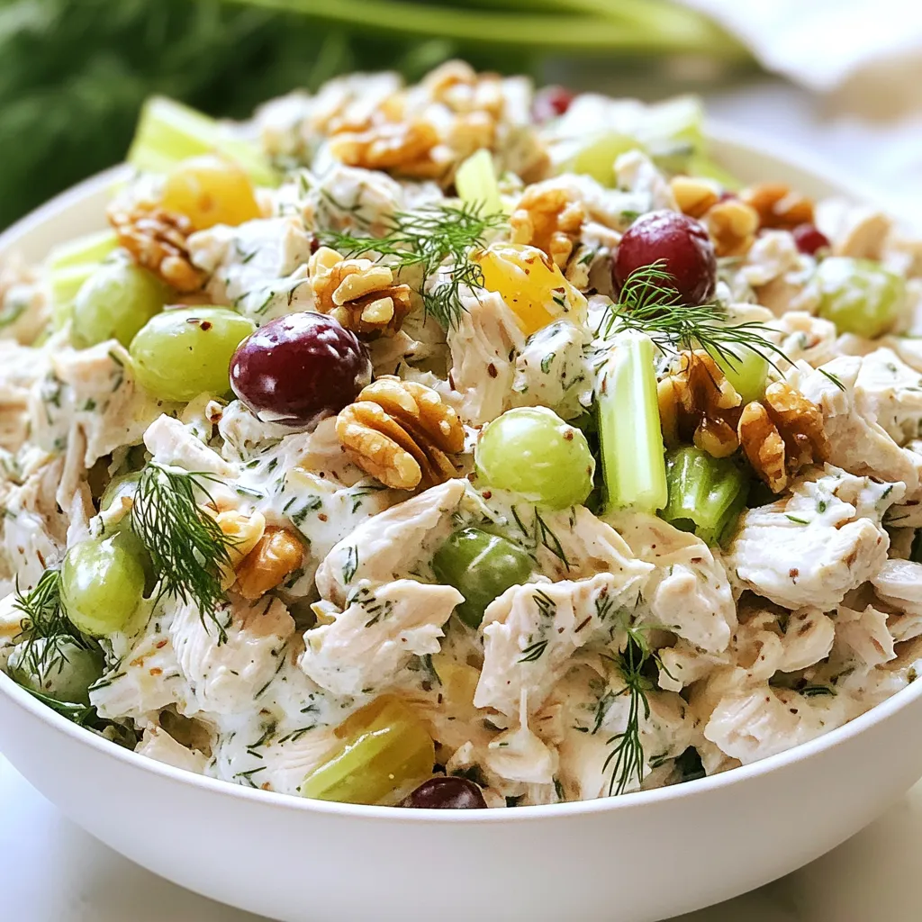 To make a tasty Greek yogurt chicken salad, gather these main ingredients: - 2 cups cooked chicken breast, shredded - 1 cup plain Greek yogurt - 1/2 cup celery, finely chopped - 1/2 cup red grapes, halved - 1/4 cup walnuts, chopped - 2 tablespoons fresh dill, chopped - 1 tablespoon Dijon mustard - 1 tablespoon honey - 1 tablespoon lemon juice - Salt and pepper to taste These ingredients form the base of your salad. The chicken gives protein, while Greek yogurt adds creaminess. Celery and grapes provide crunch and sweetness. Walnuts offer a nice nutty flavor. You can change the salad with these optional ingredients: - Romaine lettuce for serving - Whole grain bread for a sandwich Using lettuce makes a light meal. If you prefer a sandwich, whole grain bread works well. Feel free to mix in your favorite fruits or nuts too. Each ingredient has its own health benefits: - Cooked chicken breast: High in protein, low in fat. - Greek yogurt: Rich in protein and probiotics for gut health. - Celery: Low in calories and full of fiber. - Red grapes: Packed with antioxidants for heart health. - Walnuts: A great source of omega-3 fatty acids. - Fresh dill: Contains vitamins A and C, plus minerals. - Dijon mustard: Adds flavor with fewer calories. - Honey: Natural sweetener with antioxidants. - Lemon juice: Good source of vitamin C and aids digestion. These ingredients work together to create a salad that is not only tasty but also nutritious. Enjoy this healthy dish for lunch or a snack! {{ingredient_image_1}} To start, gather all your ingredients. You will need: - 2 cups cooked chicken breast, shredded - 1 cup plain Greek yogurt - 1/2 cup celery, finely chopped - 1/2 cup red grapes, halved - 1/4 cup walnuts, chopped - 2 tablespoons fresh dill, chopped - 1 tablespoon Dijon mustard - 1 tablespoon honey - 1 tablespoon lemon juice - Salt and pepper to taste First, shred the cooked chicken into small pieces. This makes it easier to mix. Next, chop your celery and halve the grapes. You want these pieces small enough to blend well with the chicken. In a large bowl, combine the shredded chicken and Greek yogurt. Stir until the chicken is coated well. This yogurt adds creaminess and a tangy flavor. Now, add the chopped celery, halved grapes, and walnuts to the chicken. Gently mix everything together. The grapes add sweetness, while the walnuts give a nice crunch. In a small bowl, whisk together the dill, Dijon mustard, honey, lemon juice, salt, and pepper. This mix will serve as your dressing. Pour this dressing over the chicken mixture. Stir until everything is well combined and coated evenly. Once mixed, cover the bowl and chill the chicken salad in the refrigerator for at least 30 minutes. This helps the flavors blend. When ready to serve, you can enjoy it over a bed of romaine lettuce or as a sandwich between slices of whole grain bread. This dish is not only tasty but also packed with nutrients! To make your chicken salad creamy, use full-fat Greek yogurt. It adds a rich texture. If you want extra creaminess, mix in a bit of mayonnaise. Start with one tablespoon. You can add more if needed. Another option is to use mashed avocado. It gives a unique flavor and is healthy. Cook your chicken breast gently. Boil or bake it without seasoning. This keeps the chicken moist. After cooking, let it cool before shredding. Use two forks to pull the chicken apart. You can also use a stand mixer for quick shredding. It works fast and saves time. Store any leftover chicken salad in an airtight container. It stays fresh in the refrigerator for up to three days. If you want to freeze it, use freezer bags. However, the texture may change when thawed. To enjoy the best flavor, eat it fresh. Pro Tips Use Rotisserie Chicken: For a quicker prep time, consider using store-bought rotisserie chicken. It adds flavor and saves cooking time! Customize Your Add-Ins: Feel free to add other ingredients like diced apples, cranberries, or chopped green onions to give your salad a personal touch. Chill Before Serving: Allow the chicken salad to chill for at least 30 minutes before serving. This helps the flavors develop and enhances the taste. Healthy Substitutions: To make it lighter, you can substitute Greek yogurt with low-fat yogurt or add more vegetables for extra crunch and nutrition. {{image_2}} You can make your Greek yogurt chicken salad even better with fun add-ins. Here are some tasty options: - Chopped apples for a sweet crunch. - Cranberries for a burst of tartness. - Chopped bell peppers for a crisp bite. - Avocado for a creamy texture. - Sunflower seeds for extra crunch. These add-ins not only change the taste but also boost nutrition. You can mix and match to find your favorite combo! While the yogurt dressing is great, you can experiment with different flavors. Here are some ideas: - Avocado dressing for a smooth and rich taste. - Vinaigrette for a light and tangy kick. - Pesto for an Italian twist. - Sour cream mixed with herbs for a creamy base. Trying new dressings can bring fresh excitement to your salad. You can cut calories without losing flavor. Here are some smart swaps: - Use Greek yogurt instead of mayonnaise for a creamy base. - Substitute walnuts with pumpkin seeds for less fat. - Replace honey with a touch of stevia or agave syrup for sweetness. - Opt for low-fat yogurt to reduce calories. These swaps help keep your salad light and healthy while still tasting great! To store Greek yogurt chicken salad, use an airtight container. This keeps the salad fresh and prevents odors from other foods. Make sure to place it in the fridge right after serving. Always label the container with the date, so you know when you made it. Greek yogurt chicken salad lasts about 3 to 4 days in the fridge. After that, it may lose its freshness. Always check for any signs of spoilage before eating. If it smells off or looks strange, it’s best to throw it away. You can freeze Greek yogurt chicken salad, but the texture may change. To freeze, place it in a freezer-safe container. Leave some space at the top for expansion. When ready to eat, thaw it in the fridge overnight. Mix well before serving to help restore some creaminess. It’s still tasty, but not as smooth as fresh. Yes, you can use other types of yogurt. Regular yogurt and non-dairy yogurt work well, too. However, Greek yogurt gives the salad a thicker, creamier texture. If you use regular yogurt, you might need less because it’s thinner. You can also try flavored yogurt, but it may change the taste. Greek Yogurt Chicken Salad should not sit out for more than two hours. If it is warm, keep it out for just one hour. After that, harmful bacteria can grow. Always store it in the fridge when not serving. This keeps it fresh and safe to eat. You can serve Greek Yogurt Chicken Salad in many fun ways! Here are some ideas: - On a bed of romaine lettuce for a light meal. - Between slices of whole grain bread for a tasty sandwich. - In a wrap with fresh veggies. - With whole grain crackers for a snack. - As a topping on baked potatoes. Feel free to be creative with how you serve it! Greek yogurt chicken salad is a tasty and healthy dish you can easily make. We covered main and optional ingredients and their benefits. The steps for prep and mixing made the process simple. I shared tips to enhance creaminess and ways to store leftovers. You can add flavor with different mix-ins or dressings. Now you can enjoy more meals with this salad. Experiment and find what you love best. This dish is versatile and can fit any meal plan. Happy cooking!