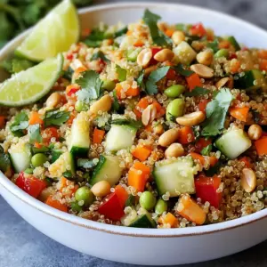 First, rinse 1 cup of quinoa under cold water. This helps remove bitterness. Next, place the rinsed quinoa in a medium saucepan. Add 2 cups of water. Bring this mix to a boil over medium-high heat. Once boiling, reduce the heat to low. Cover the pot and let it simmer for about 15 minutes. The quinoa should be fluffy and water-free. Remove it from the heat and let it cool. In a large bowl, combine the diced red bell pepper, diced cucumber, and grated carrot. Add 1 cup of cooked edamame. Then, toss in 1/4 cup of sliced green onions and 1/4 cup of chopped cilantro. Mixing these fresh veggies brings color and crunch to the salad. In a small bowl, whisk together the juice of 2 limes, 3 tablespoons of soy sauce, and 2 tablespoons of peanut butter. Add 1 tablespoon of maple syrup and 1 tablespoon of sesame oil for sweetness. For some heat, mix in 1 teaspoon of sriracha or chili paste. Season with salt and pepper to taste. This dressing ties all the flavors together. Once the quinoa is cool, add it to the bowl with the vegetables. Pour the dressing over the quinoa and veggies. Toss everything gently to combine. Make sure the dressing coats all the ingredients. Finally, sprinkle 1/4 cup of chopped roasted peanuts on top for extra crunch. Let the salad sit for at least 15 minutes. This helps the flavors meld together before serving. To make great quinoa, start with rinsing it well. This removes bitter saponins. Use a 2:1 water-to-quinoa ratio for cooking. Bring water to a boil, then lower the heat. Cover and let it simmer for about 15 minutes. Once done, let it sit for 5 minutes. Fluff it with a fork to get a light texture. Store leftovers in an airtight container in the fridge. The salad stays fresh for up to three days. When serving, let it rest for 15 minutes to enhance flavor. This also helps the ingredients blend well. Serve it cold or at room temperature. For extra color, add lime wedges and more peanuts on top. You can make this salad even better with fun add-ins. Consider adding grilled chicken or tofu for protein. If you like it spicy, add more sriracha or chili paste. Try different veggies like corn or snap peas. For a crunch, toss in some seeds or nuts. Each choice adds a new twist to your salad for more enjoyment. Pro Tips Rinse Your Quinoa: Rinsing quinoa before cooking helps to remove its natural coating, called saponin, which can give it a bitter taste. Customize Your Veggies: Feel free to substitute or add any of your favorite vegetables to the salad for a personal touch, such as bell peppers, snap peas, or even avocados. Make It Ahead: This salad can be made in advance and stored in the fridge for up to 3 days. The flavors will deepen as it sits! Adjust the Spice: If you prefer a milder flavor, reduce the amount of sriracha or chili paste, and taste the dressing before adding more. {{image_2}} You can easily boost this salad with protein. Add grilled chicken or baked tofu. Both options blend well with the flavors. For chicken, use about one cup, diced. For tofu, firm works best. Just cube it and bake or pan-fry until golden. This makes the salad more filling and adds great texture. If you want a vegan version, skip the chicken and use tofu. For gluten-free, check your soy sauce. Use tamari instead. It tastes great and keeps the salad safe for gluten-free diets. The peanut butter in the dressing is already vegan, so you’re all set there! Feel free to mix up the veggies based on the season. In summer, add fresh corn or zucchini. In fall, try roasted sweet potatoes or butternut squash. Each swap gives the salad a new twist. This keeps the dish exciting and fresh all year long! To keep your Spicy Thai Peanut Quinoa Salad fresh, store it in an airtight container. This helps keep moisture out and flavors in. Make sure the salad is completely cool before sealing the container. If you have leftovers, place them in the fridge as soon as possible. This salad stays good in the fridge for about 3 to 5 days. The flavor improves as it sits. Just check for any changes in smell or texture. If it looks or smells off, it’s best to toss it. You can freeze the quinoa salad, but I recommend freezing only the quinoa. The veggies can get mushy when thawed. To freeze, place the quinoa in a freezer-safe bag or container. It can last for up to 2 months in the freezer. When ready to eat, thaw it overnight in the fridge and mix it with fresh veggies and dressing. This way, you keep a nice crunch! You can use sunflower seed butter or almond butter. Both add great flavor. If you need a nut-free option, try tahini. It has a similar creamy texture. You may also use a mix of yogurt and a bit of oil for a lighter dressing. Just remember to adjust the taste to your liking. Yes, the salad can be spicy. The heat comes from sriracha or chili paste. I suggest starting with one teaspoon. You can add more if you want more heat. Taste the dressing before mixing it in. This way, you can control the spiciness. Absolutely! This salad tastes even better after it sits. You can prepare it a day in advance. Just keep it in the fridge in an airtight container. The flavors will blend nicely. If you do this, add the peanuts just before serving for crunch. This blog post covered how to make a tasty quinoa salad. You learned about the best ingredients and possible swaps. I provided step-by-step instructions for preparing the dish. You also found tips to improve texture and flavor. Try adding proteins or seasonal veggies to make it your own. Store it well for fresh meals later. Enjoy your cooking and make this recipe a go-to in your kitchen.