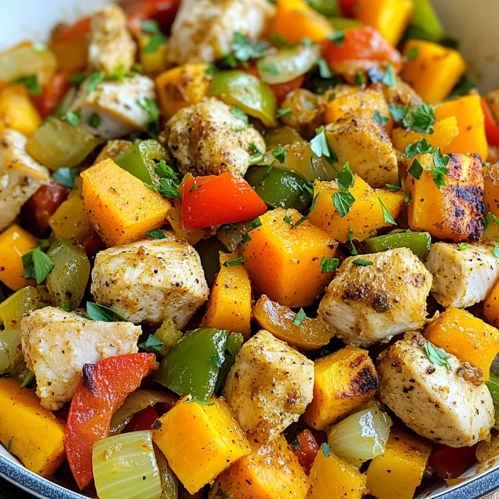 - 2 boneless, skinless chicken breasts, diced - 2 medium sweet potatoes, peeled and cubed - 1 red bell pepper, chopped - 1 green bell pepper, chopped - 1 medium onion, diced - 3 cloves garlic, minced - 2 tablespoons Cajun seasoning - 2 tablespoons olive oil - 1 cup chicken broth - Fresh parsley, chopped for garnish - Salt and pepper to taste To get the best results, you need to measure your ingredients correctly. Use dry measuring cups for solid items like sweet potatoes. For liquids like chicken broth, use liquid measuring cups. Always level off dry ingredients with a straight edge. This helps ensure your dish turns out just right. You can swap out ingredients if you need to. Instead of chicken, try shrimp or tofu for a different protein. If you don’t have sweet potatoes, regular potatoes work well too. For the Cajun seasoning, you can use a mix of paprika and chili powder if you're out. These swaps can keep your dish tasty and fun! {{ingredient_image_1}} First, heat 1 tablespoon of olive oil in a large skillet over medium-high heat. Once the oil is hot, add the diced chicken breasts. Sprinkle Cajun seasoning, salt, and pepper over the chicken. Cook for about 5-7 minutes. Stir often until the chicken is browned and cooked through. This step locks in the flavor and keeps the chicken juicy. After cooking, remove the chicken from the skillet and set it aside. In the same skillet, add another tablespoon of olive oil. Heat it up, then add cubed sweet potatoes, diced onions, and minced garlic. Sauté these for about 5 minutes. You want the onions to turn translucent. This step enhances the sweetness of the sweet potatoes and brings out the flavors. Next, add the chopped red and green bell peppers. Stir well and cook for an additional 5-7 minutes. The sweet potatoes should be tender but not mushy. Now it's time to bring everything together. Pour in 1 cup of chicken broth and let it simmer gently. This allows the flavors to meld beautifully. Cook for about 3-4 minutes. After that, return the cooked chicken to the skillet. Toss everything together to combine well. Cook for another 2-3 minutes until the chicken is heated through. You should notice the mixture thickening slightly. The final step is to garnish with fresh parsley before serving. This adds a pop of color and freshness to your dish. To boost the taste of your Cajun chicken sweet potato skillet, consider adding more spices. Try smoked paprika for a deeper flavor. A pinch of cayenne can add heat if you like spice. You could also add a splash of lime juice for a bright note. Fresh herbs like thyme or oregano can add earthiness. These small tweaks can make your dish even more delicious. For even cooking, cut the sweet potatoes into uniform pieces. This helps them cook at the same rate. Make sure your skillet is hot before adding oil and chicken. This sears the chicken well and locks in juices. Stir often to prevent burning, especially while sautéing the veggies. If things start to stick, add a little more chicken broth or oil. For a great presentation, serve the skillet right from the pan. It looks rustic and inviting. Garnish with chopped parsley for color and freshness. A lemon wedge on the side adds a nice touch. You can pair this dish with a simple green salad or crusty bread. These sides balance the rich flavors and add freshness to your meal. Pro Tips Use Fresh Ingredients: Fresh vegetables and herbs enhance the flavor of the dish significantly. Aim for the freshest sweet potatoes and bell peppers you can find. Customize the Heat: Adjust the amount of Cajun seasoning according to your preference. If you like it spicier, add more, or consider using a milder version for a less intense flavor. Cook Sweet Potatoes Thoroughly: Ensure that the sweet potatoes are cooked until tender. You can check this by piercing them with a fork; they should break apart easily. Garnish for Flavor: Fresh parsley not only adds a pop of color but also enhances the dish's flavor. Consider adding a squeeze of lemon juice for brightness just before serving. {{image_2}} You can switch up the protein in this dish. Shrimp works great! Just cook it until it turns pink. Sausage is another tasty choice. Slice it up and sauté it with the veggies. If you want a plant-based option, try tofu. Press and cube the tofu, then cook it until golden. It adds nice texture and flavor. Want a meatless meal? Use lentils or quinoa instead of chicken. They soak up all the Cajun spices. Cook the lentils until soft. For quinoa, rinse it first, then cook it in the broth. Both options give you a hearty dish without meat. You still get that great Cajun flavor! Feel free to get creative with spices and veggies. Add some corn or zucchini for color and crunch. You can also try different spices like smoked paprika or cayenne for extra heat. Experiment with herbs, too. Fresh thyme or oregano can change the whole vibe! Each twist gives you a new dish to enjoy. To store leftovers, let the dish cool first. Place it in an airtight container. You can keep it in the fridge for up to three days. For longer storage, freeze it in a freezer-safe container. Make sure to label the container with the date. When you're ready to eat, reheat in a skillet over medium heat. Stir often to heat evenly. You can also use the microwave. Heat in short bursts, stirring in between, to avoid hot spots. In the fridge, the Cajun Chicken Sweet Potato Skillet lasts about three days. If frozen, it can last up to three months. Just remember to thaw it in the fridge before reheating. This way, you keep the best flavor and texture. Yes, you can prepare Cajun Chicken Sweet Potato Skillet in advance. Start by cooking the chicken and veggies as directed. Let them cool completely before storing. You can keep it in the fridge for up to three days. When you are ready to eat, reheat it on the stove or in the microwave. Add a splash of chicken broth to keep it moist. This saves time on busy nights! To make this meal even better, serve it with some tasty sides. Here are a few ideas: - Steamed green beans: Their crunch pairs well with the skillet. - Cornbread: This adds a sweet, fluffy touch to your plate. - Simple salad: A fresh side salad with vinaigrette brightens the meal. - Rice or quinoa: These grains soak up the flavors nicely. Absolutely! If you prefer less heat, you can adjust the Cajun seasoning. Start with half the amount. Taste as you cook, and add more if you like. You can also mix in some mild spices like paprika or oregano. If you want to add flavor without the spice, try adding a little lemon juice or fresh herbs. This keeps the dish tasty but toned down. In this blog post, we explored a delicious Cajun chicken sweet potato skillet. We covered essential ingredients, measuring tips, and fun substitutes. I provided step-by-step instructions for cooking and sautéing, along with tips to enhance flavor and serving ideas. You can even try variations with different proteins or spice levels. Remember, storing leftovers properly keeps them fresh. With these insights, you can enjoy this tasty dish anytime. Cooking is about creativity and fun, so enjoy making it your own!