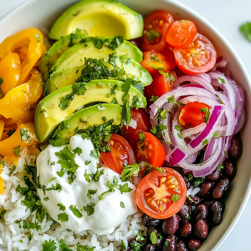 - 1 cup jasmine rice - 2 cups vegetable broth or water - 1/4 cup fresh cilantro, chopped - 2 tablespoons lime juice - Zest of 1 lime - 1 small red onion, diced - 1 bell pepper (red or yellow), diced - 1 can black beans, drained and rinsed - 1 avocado, sliced - 1 cup cherry tomatoes, halved - Sour cream - Jalapeños - Queso fresco Cilantro lime rice bowls are fresh and tasty. The main ingredients create a bright base. Jasmine rice gives a light and fluffy texture. Cooking it in vegetable broth adds depth. Fresh cilantro and lime juice give a zesty kick. Lime zest lifts the flavor even more. For a colorful touch, add diced red onion and bell pepper. They bring sweetness and crunch. Black beans add protein and fiber, making the meal hearty. Sliced avocado gives creaminess, while cherry tomatoes add a burst of flavor. If you want extra indulgence, try toppings like sour cream or jalapeños. Queso fresco adds a nice salty touch. The mix of flavors and textures makes each bite exciting. You can customize your bowl to fit your taste. Enjoy mixing and matching! {{ingredient_image_1}} - First, rinse 1 cup of jasmine rice under cold water. Keep rinsing until the water runs clear. This gets rid of extra starch and helps the rice stay fluffy. - Next, combine the rinsed rice with 2 cups of vegetable broth or water in a medium saucepan. Bring it to a boil over medium-high heat. - Once it boils, reduce the heat to low. Cover the saucepan and let it simmer for about 15 minutes. The rice will absorb all the liquid. After that, remove it from heat and let it rest for an additional 5 minutes while still covered. - While the rice is resting, heat 1 teaspoon of olive oil in a skillet over medium heat. - Add a small red onion, diced, and a bell pepper, diced. Sauté for about 5 to 7 minutes. They should become soft and a little caramelized. - Season the veggies with salt and pepper to taste. This will enhance their natural sweetness and flavor. - Fluff the rice with a fork once it’s ready. Stir in 1/4 cup of chopped cilantro, 2 tablespoons of lime juice, and the zest of 1 lime. Mix it well and adjust seasoning if needed. - In serving bowls, layer the cilantro lime rice first. Next, add a scoop of the sautéed onion and bell pepper. - Now, add a generous portion of 1 can of black beans, drained and rinsed, sliced avocado, and halved cherry tomatoes on top. - For extra flavor, finish off with optional toppings like sour cream, sliced jalapeños, or crumbled queso fresco. Enjoy your fresh and flavorful meal! Fresh ingredients make a big difference. Always choose the best veggies and herbs. For example, use fresh cilantro instead of dried. Fresh lime juice adds brightness. When cooking, season the rice with salt. This helps bring out all the flavors. A beautiful bowl makes meals more fun. Start with a base of rice. Add vegetables in neat layers. Use bright colors like red bell pepper and green avocado. Garnish with a lime wedge or some extra cilantro. This adds a nice touch and makes your dish pop. One common mistake is overcooking the rice. It should be fluffy, not mushy. Follow the cooking time closely. Another mistake is skipping the rinsing step. Rinsing removes excess starch. This helps the rice stay light and fluffy. Always rinse your jasmine rice until the water runs clear. Pro Tips Perfect Rice: Always rinse jasmine rice before cooking to remove excess starch, which helps achieve fluffy grains. Customize Flavor: Feel free to add spices like cumin or chili powder to the sautéed vegetables for extra flavor. Freshness Matters: Use fresh lime juice and zest for the best flavor in your cilantro lime rice. Layering is Key: Layer your ingredients in the bowl for a beautiful presentation and a mix of flavors in every bite. {{image_2}} You can boost your cilantro lime rice bowls with protein. Grilling chicken or shrimp adds a nice touch. Simply season them with salt, pepper, and lime juice. Grill until cooked to your liking. For a vegetarian option, try tofu. Press the tofu to remove extra moisture. Cut it into cubes and sauté until golden brown. The tofu absorbs flavors well, making it a tasty choice. To make your bowls more colorful and fun, add different veggies. Corn or zucchini work great in these bowls. Corn adds sweetness, while zucchini adds a nice crunch. You can also switch up the bell peppers. Use red, yellow, or even green ones. Each color brings a unique taste and makes the dish vibrant. Want a twist? Swap out jasmine rice for quinoa. Quinoa has a nutty flavor and packs more protein. Just follow the same cooking steps for perfect results. You can also change the beans. Black beans are great, but try pinto or kidney beans. Each type gives a different flavor and texture, keeping things fresh and exciting. To keep your cilantro lime rice bowls fresh, follow these tips: - Refrigerate: Place leftovers in an airtight container. Store them in the fridge for up to three days. - Freeze: For longer storage, freeze the rice bowls. Use freezer-safe containers or bags. They can last up to three months in the freezer. Reheating your rice bowls is easy. Here are some methods: - Microwave: Place in a microwave-safe bowl. Cover with a damp paper towel. Heat in short bursts, stirring in between. - Stovetop: Add a splash of water in a skillet. Heat on medium-low, stirring often until warm. To keep the flavors and textures intact: - Add moisture: A bit of water helps prevent drying out. - Heat gently: Avoid high heat to keep the rice fluffy. How long do these bowls last? - Fridge: They stay good for about three days when stored properly. - Freezer: Cilantro lime rice bowls can last up to three months in the freezer. Just remember to label your containers! Yes, you can make cilantro lime rice ahead of time. The best way is to cook the rice and let it cool. Store it in an airtight container in your fridge. It will stay fresh for up to four days. When ready to serve, just reheat it gently. You can add extra lime juice and cilantro to boost the flavor. If you don’t have jasmine rice, don’t worry! You can use other types of rice. Here are some good options: - Basmati rice: It has a nice aroma and fluffy texture. - Brown rice: This option is healthy and adds a nutty flavor. - Quinoa: It’s a great gluten-free choice and adds protein. Each of these substitutes will change the taste and texture a bit. Yes, this recipe can easily become vegan! Just skip any non-vegan toppings like sour cream. Instead, you can use vegan sour cream or guacamole. Also, check the vegetable broth to ensure it is vegan. The rest of the ingredients, like rice and veggies, are already plant-based. Enjoy your fresh meal! Cilantro lime rice bowls offer a delicious mix of flavors and colors. We explored key ingredients like jasmine rice, fresh cilantro, and lime juice. I shared step-by-step cooking instructions for perfecting your rice and sautéed veggies. Tips on enhancing flavors and avoiding common mistakes will boost your dish. Plus, I covered protein options and how to store leftovers. Enjoy custom variations, whether vegan or with different grains. These bowls are simple to prepare and packed with flavor, ready to impress anyone you serve.