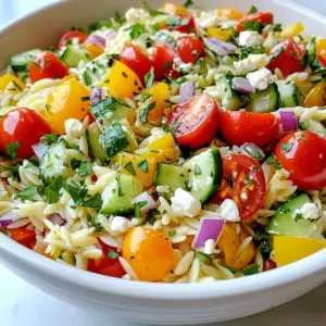 To make Lemon Garlic Orzo Salad, gather these fresh ingredients: - 1 cup orzo pasta - 2 cups vegetable broth (or water) - 1 cup cherry tomatoes, halved - 1 cucumber, diced - 1 bell pepper (red or yellow), diced - 1/4 red onion, finely chopped - 1/4 cup fresh parsley, chopped - 1/4 cup feta cheese, crumbled (optional) - 3 tablespoons olive oil - 2 tablespoons lemon juice - 2 cloves garlic, minced - Salt and pepper to taste You can add a few extras to boost flavor and nutrition: - Avocado for creaminess - Olives for a briny bite - Chickpeas for extra protein - Spinach for added greens - Nuts like pine nuts or almonds for crunch This salad is not just tasty; it’s good for you too! Here’s why: - Orzo pasta is a great source of carbs for energy. - Olive oil has healthy fats that support heart health. - Garlic can help boost your immune system. - Cherry tomatoes are rich in vitamins and antioxidants. - Cucumbers keep you hydrated and are low in calories. - Parsley is full of vitamins A, C, and K. Eating this salad gives you a mix of nutrients that support overall wellness. Enjoy making it fresh and colorful! {{ingredient_image_1}} To start, boil two cups of vegetable broth or water in a medium saucepan. This adds flavor to the orzo. Once boiling, add one cup of orzo pasta. Cook it for about eight to ten minutes. You want the orzo to be al dente, meaning it should still have a slight bite. After cooking, drain the orzo using a colander. Rinse it under cold water. This stops the cooking process and cools it down. Set the orzo aside. While the orzo cooks, prepare the vegetables. Take one cup of cherry tomatoes and cut them in half. Next, dice one cucumber and one bell pepper. You can choose either a red or yellow bell pepper for color. Then, finely chop a quarter of a red onion. Finally, chop a quarter cup of fresh parsley. Combine all these fresh veggies in a large mixing bowl. They will add color and crunch to the salad. In a small bowl, whisk together three tablespoons of olive oil and two tablespoons of lemon juice. Add two cloves of minced garlic, salt, and pepper to taste. Whisk until the dressing is well mixed. Now, add the cooled orzo to the bowl with the vegetables. Pour the lemon garlic dressing over the mix. Toss everything together gently until well combined. If you like, fold in a quarter cup of crumbled feta cheese for extra creaminess. Taste your salad and adjust the seasoning if needed. Cover it and refrigerate for at least thirty minutes. This allows the flavors to blend beautifully. To cook orzo well, follow these steps: - Boil water or vegetable broth in a medium pan. - Add your orzo pasta and stir. - Cook until al dente, which takes about 8-10 minutes. - Drain it in a colander and rinse with cold water. This quick rinse stops the cooking. It helps keep the orzo from getting mushy. To boost the flavor of your Lemon Garlic Orzo Salad, try these tips: - Add fresh herbs like basil or mint for a bright taste. - Mix in olives for a salty kick. - Use different types of vinegar for a unique twist. - Toast the garlic briefly in olive oil before mixing it in. These options can elevate the dish. Each will add a new layer of flavor. For a stunning presentation, consider these ideas: - Serve the salad in a large, colorful bowl. - Use individual cups for a fun, personal touch. - Garnish with extra parsley and lemon wedges. - Drizzle a little olive oil on top before serving. These simple touches make your dish look inviting. A beautiful salad can make any meal special. Pro Tips Use Fresh Ingredients: Opt for fresh, seasonal vegetables to enhance the flavor and nutrition of your salad. Perfectly Cooked Orzo: Ensure your orzo is al dente for the best texture; overcooked pasta can become mushy. Add Extra Flavor: Consider adding olives or sun-dried tomatoes for a unique twist on the classic recipe. Chill Before Serving: Allowing the salad to chill for at least 30 minutes enhances the flavors and makes for a refreshing dish. {{image_2}} You can easily make this salad vegetarian or vegan. Simply skip the feta cheese for a vegan option. Replace it with a handful of nuts or seeds for extra crunch. Try adding avocado for creaminess. You can also use nutritional yeast to give a cheesy flavor without dairy. This salad is great year-round. In summer, add fresh basil or zucchini. In fall, you might enjoy roasted butternut squash or Brussels sprouts. Winter calls for roasted root vegetables, like carrots or beets. Spring is perfect for fresh peas or asparagus. The key is to use what is fresh and in season. You can serve this salad in many ways. As a side dish, it pairs well with grilled chicken or fish. For a main course, add protein like chickpeas or grilled shrimp. You can also serve it in a wrap or pita for a fun twist. No matter how you serve it, this salad shines bright on the table. To keep your Lemon Garlic Orzo Salad fresh, store it in an airtight container. Make sure to let the salad cool completely before sealing. This helps prevent moisture buildup. Place the container in the fridge. It will stay fresh for up to three days. If you added feta cheese, eat the salad sooner for the best taste. You can freeze this salad, but it may change texture. To freeze, put the salad in a freezer-safe container. Leave some space at the top for expansion. Seal tightly and label it with the date. It’s best to eat frozen salad within a month. Thaw in the fridge overnight before serving. Lemon Garlic Orzo Salad lasts about three days in the fridge. When ready to eat, check for any off smells or colors. If it looks and smells good, it’s safe to eat. You can enjoy this salad cold, straight from the fridge. If you prefer it warm, gently reheat it on the stove. Use low heat to avoid cooking it further. Stir often to heat evenly. Orzo pasta is a small, rice-shaped pasta. It cooks quickly and absorbs flavors well. It works great in salads or soups. I love using it in this Lemon Garlic Orzo Salad. The texture adds a nice bite to the dish, making it feel hearty and satisfying. Yes, you can make this salad ahead of time. I often prepare it a few hours before serving. This allows the flavors to blend and deepen. Just keep it in the fridge until you are ready to serve. If you want to replace feta cheese, try goat cheese or mozzarella. You could also skip cheese altogether for a lighter dish. For a vegan option, use avocado or a sprinkle of nutritional yeast. Each option brings its own flavor and texture. Lemon Garlic Orzo Salad will last in the fridge for about three days. Make sure to store it in an airtight container. Over time, the veggies may lose some crunch, but the taste will still be great. Absolutely! You can use any dressing you like. A balsamic vinaigrette or a creamy yogurt dressing would work well. Just make sure it complements the fresh flavors of the salad. Experiment and find your favorite! This blog covers all you need to know about making Lemon Garlic Orzo Salad. We explored key ingredients, their health benefits, and quick cooking steps. You learned tips for perfect orzo, how to boost flavors, and present the dish well. We shared variations for all diets and best practices for storing leftovers. Now you can create a delicious, healthy dish any time. Enjoy trying new ingredients and make it your own!