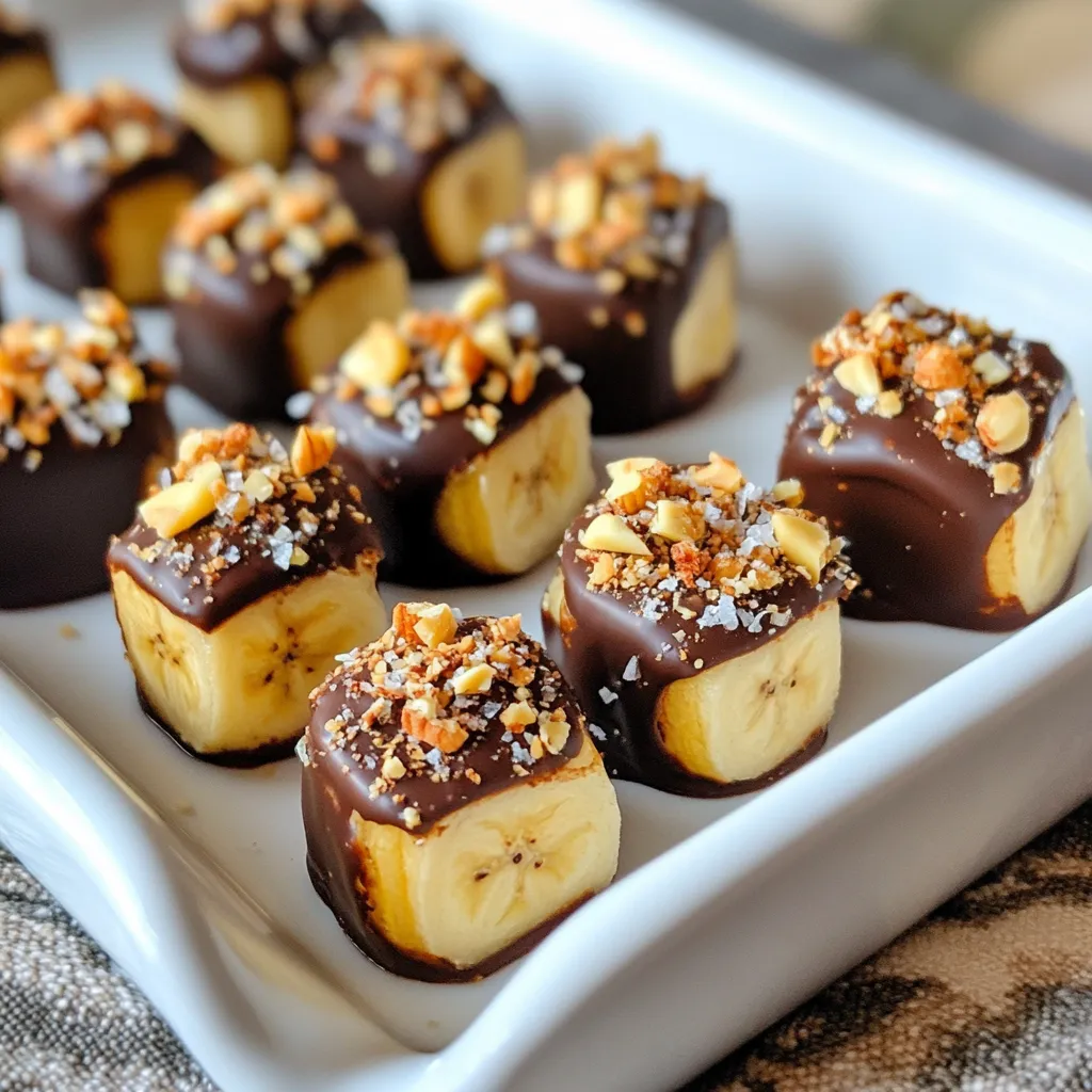 To make chocolate-covered banana bites, you need some simple ingredients. Gather these items for a tasty treat: - Ripe bananas - 1 cup dark chocolate chips (or milk chocolate if preferred) - 1 tablespoon coconut oil - 1/4 cup chopped nuts (walnuts or almonds) - 1/4 cup shredded coconut (optional) - Sea salt for sprinkling (optional) These ingredients bring the best flavors together. Ripe bananas offer natural sweetness. Dark chocolate chips melt easily and give a rich taste. Coconut oil helps the chocolate become smooth and shiny. Chopped nuts add crunch and flavor, while shredded coconut can bring a tropical twist. A sprinkle of sea salt enhances the sweetness of the chocolate. You can mix and match some ingredients to suit your taste. Enjoy the fun of creating this easy and tasty treat! {{ingredient_image_1}} - First, peel the bananas. - Next, slice them into 1-inch thick rounds. Set them aside. - In a microwave-safe bowl, mix dark chocolate chips and coconut oil. - Microwave this mix in 30-second bursts, stirring in between. Keep going until it is smooth. - Line a baking sheet with parchment paper for easy cleanup. - Dip each banana slice into the melted chocolate. Ensure it's fully coated. - Use a fork to lift the slice and let excess chocolate drip off. - Place each coated slice on the lined baking sheet. - For a crunch, add chopped nuts on top of the coated banana. - You can also sprinkle shredded coconut for extra flavor. - A pinch of sea salt adds a nice touch if you like it sweet and salty. - After coating all the banana slices, put the baking sheet in the freezer. - Freeze for about 30 minutes, or until the chocolate is firm. - Serve them chilled or at room temperature for a tasty treat. Enjoy your chocolate-covered banana bites! To melt chocolate, use a microwave-safe bowl. Add chocolate chips and coconut oil. Heat in 30-second bursts. Stir after each round. Keep heating until smooth. This method keeps the chocolate from burning. For an even coating, dip each banana slice fully. Use a fork to lift it out. Let excess chocolate drip off. This way, you avoid clumps. Arrange your banana bites on a nice plate. Place them in a single layer for a clean look. You can also stack them for fun. Use colorful paper liners to add charm. For serving, consider adding fruit skewers. They make a great party treat. You can also serve them with a drizzle of melted chocolate. If you need more bites, just double the recipe. Use four bananas and two cups of chocolate chips. For fewer bites, use one banana. Adjust the other ingredients too. This way, you always have the right amount. Pro Tips Choose Ripe Bananas: The riper the bananas, the sweeter and more flavorful your bliss bites will be. Look for bananas with brown spots for optimal sweetness. Use Quality Chocolate: Opt for high-quality dark or milk chocolate for better flavor and a smoother texture. It makes a significant difference in the final taste! Experiment with Toppings: Feel free to customize your toppings! Try adding mini chocolate chips, dried fruits, or seeds for added texture and flavor. Store Properly: Keep your bliss bites in an airtight container in the freezer for up to a month. Let them sit at room temperature for a few minutes before serving for the best texture. {{image_2}} You can switch up the chocolate for a fun twist. Try white chocolate if you want a sweeter taste. It gives a nice color too. For a lighter option, use yogurt. Greek yogurt works well and adds a creamy texture. Both options make your banana bites unique and tasty. Want to spice things up? Add cinnamon or nutmeg to the melted chocolate. These spices give a warm flavor that pairs nicely with bananas. You can also infuse flavors like vanilla extract. Just a drop can make your bites more aromatic and special. Dips and drizzles add extra fun. You can make a chocolate drizzle with extra melted chocolate. Just take a spoon and drizzle it over your bites after coating. Peanut butter or almond butter is another great choice. A light drizzle of nut butter adds creaminess and richness. To keep your chocolate-covered banana bites fresh, you have two great options: - Storing in the refrigerator: Place the bites in a covered container. This keeps them cool and tasty. They will stay fresh for a few days in the fridge. - Freezing banana bites: For longer storage, the freezer is best. Arrange the bites in a single layer on a baking sheet. Once frozen, transfer them to a freezer-safe bag. This helps them avoid freezer burn. How long do they last in the fridge? Chocolate-covered banana bites can last about 3 to 5 days in the refrigerator. Their taste and texture will stay good for this time. How long do they last in the freezer? If you freeze them, they can last up to 2 months. They will still taste yummy when you pull them out later. How do you thaw frozen bites safely? There are two simple methods: 1. In the refrigerator: Transfer the bites from the freezer to the fridge. Let them sit overnight to thaw slowly. 2. At room temperature: If you're in a hurry, place them on the counter for about 15 to 30 minutes. This will help them thaw quickly while keeping them tasty. To make chocolate-covered banana bites, follow these easy steps: 1. Peel and slice two ripe bananas into 1-inch thick rounds. 2. In a microwave-safe bowl, mix 1 cup of dark chocolate chips and 1 tablespoon of coconut oil. 3. Microwave this mix in 30-second intervals, stirring until it's smooth. 4. Line a baking sheet with parchment paper. 5. Dip each banana slice in the melted chocolate. 6. Use a fork to lift the slice and let excess chocolate drip off. 7. Place the coated slice on the parchment paper. 8. Sprinkle with chopped nuts or shredded coconut if you like. 9. Freeze for about 30 minutes until the chocolate sets. These bites are fun and quick to make! Yes, you can use other types of chocolate! - Milk chocolate gives a sweeter taste. - White chocolate adds a creamy touch. - You can even try dark chocolate for a richer flavor. Just remember to adjust the sweetness of your toppings to match. Chocolate-covered banana bites have some healthy aspects. - Bananas are full of potassium and fiber. - Dark chocolate contains antioxidants. - Nuts add healthy fats and protein. Using dark chocolate can make them a bit healthier. Enjoy them in moderation for a tasty treat! You now know how to make tasty chocolate-covered banana bites. We covered the ingredients, preparation steps, and topping options. I shared tips for perfect coatings and fun variations to try. These bites store well, whether in the fridge or freezer. You can enjoy them for a snack or treat at any time. Whichever way you choose to indulge, these bites will please everyone. Get ready to impress your friends and family with this simple recipe. Enjoy making and sharing your delicious chocolate-covered banana bites!