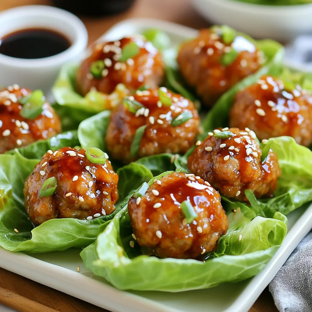 For these tasty teriyaki meatballs, you can use ground chicken or turkey. Both options are lean and pack great flavor. I prefer ground chicken for its juicy texture. However, turkey is just as good and healthy. Aromatic ingredients make this dish shine. You will need: - 1/4 cup breadcrumbs - 1/4 cup green onions, chopped - 1 clove garlic, minced - 1 teaspoon ginger, freshly grated These add depth and a wonderful smell to the meatballs. The green onions give a nice crunch. Garlic and ginger add warmth and zest. To create that delicious teriyaki flavor, gather these sauces: - 1/4 cup soy sauce (low-sodium) - 2 tablespoons honey - 2 tablespoons rice vinegar - 1 tablespoon sesame oil - 1 teaspoon cornstarch mixed with 1 tablespoon water (for thickening) The soy sauce offers saltiness, while honey brings sweetness. Rice vinegar adds a tangy kick, and sesame oil gives a nutty aroma. The cornstarch helps the sauce thicken perfectly. Garnishes enhance the presentation and taste. For this recipe, I suggest: - Sesame seeds - Additional chopped green onions Sprinkling sesame seeds gives a nice crunch. Extra green onions add freshness and color. These little touches make your lettuce boats look and taste gourmet! {{ingredient_image_1}} To start, grab a large mixing bowl. Add 1 pound of ground chicken or turkey. Next, toss in 1/4 cup of breadcrumbs. Then, chop 1/4 cup of green onions and add them to the bowl. Don't forget to mince 1 clove of garlic and grate 1 teaspoon of ginger. Mix all these ingredients together until they are well combined. It should look evenly mixed and feel sticky. Now, form this mixture into small meatballs, about 1 inch wide. This size helps them cook evenly. Heat a large skillet over medium heat. Add a drizzle of olive oil to the pan. When the oil is hot, gently place the meatballs in the skillet. Cook them for about 8 to 10 minutes. Remember to turn them occasionally. You want them to be golden brown and fully cooked. Once they are done, remove them from the skillet and set them aside on a plate. In the same skillet, lower the heat. Pour in 1/4 cup of soy sauce, 2 tablespoons of honey, 2 tablespoons of rice vinegar, and 1 tablespoon of sesame oil. Stir the mixture well and let it come to a simmer. This will take just a couple of minutes. Once it simmers, add 1 teaspoon of cornstarch mixed with 1 tablespoon of water. Stir continuously until the sauce thickens. This should only take about 1 to 2 minutes. Now it’s time to bring it all together! Return the cooked meatballs to the skillet. Gently toss them in the thickened teriyaki sauce until they are well coated. Cook for an additional 2 to 3 minutes to let the flavors blend. To serve, take a leaf from a head of butter lettuce. Place a few teriyaki meatballs inside each leaf. If you like, drizzle with extra teriyaki sauce. Finish with a sprinkle of sesame seeds and some chopped green onions for a pop of color and taste. Enjoy your fresh and flavorful meal! To make juicy meatballs, use ground chicken or turkey. Lean meat keeps it moist. Add breadcrumbs to the mix; they help hold in moisture. Don't overwork the meat when mixing. Form the meatballs gently, about 1 inch in size. Cook them in a hot skillet to get a nice crust. This helps seal in the juices. Let them rest briefly after cooking. This keeps them tender and juicy. Butter lettuce is the best choice for these boats. Its leaves are soft and wide, perfect for holding meatballs. Romaine is another option; it has a nice crunch. Avoid crispy lettuce types like iceberg. They can break easily under the weight of the filling. Choose fresh, green leaves for a great presentation and taste. Store any leftover meatballs and sauce in an airtight container. Keep them in the fridge for up to three days. If you have extra lettuce, keep it separate. Wrap lettuce leaves in a damp paper towel for freshness. You can freeze meatballs, too. Just make sure they cool completely. Place them in freezer bags for up to three months. Reheat them gently in a skillet or microwave. This keeps their flavor and texture. Pro Tips Use Fresh Ingredients: The flavor of your meatballs will significantly improve with the use of fresh garlic and ginger. Opt for freshly grated ginger instead of powdered for a vibrant taste. Don’t Overcrowd the Skillet: When cooking the meatballs, ensure there’s enough space in the skillet. Overcrowding can cause them to steam rather than brown, affecting both texture and flavor. Garnish Generously: Adding sesame seeds and extra green onions not only enhances the visual appeal of your dish but also adds a delightful crunch and fresh flavor. Serve Immediately: For the best experience, serve the lettuce boats right after assembling. The lettuce will retain its crispness, making each bite refreshing and enjoyable. {{image_2}} You can switch the ground chicken or turkey for other meats. Ground beef or pork works well too. If you want lighter options, try ground lamb or bison. Each meat gives a unique taste. Just remember, cooking times may change based on the meat you choose. For a vegetarian or vegan choice, use plant-based meat. Products like lentils, chickpeas, or black beans are great. You can mash them and add breadcrumbs for texture. Mix in some minced veggies for extra flavor. This way, you still enjoy the tasty teriyaki sauce while keeping it plant-based. While teriyaki sauce is a classic, you can try other sauces too. Sweet and sour sauce adds a nice tang. Hoisin sauce gives a rich flavor. For a spicy kick, use sriracha mixed with soy sauce. Each sauce changes the dish while keeping it fresh and fun. Explore different flavors to find your favorite! To keep your teriyaki meatball lettuce boats fresh, store them in the fridge. Place the meatballs in an airtight container. Wrap the lettuce leaves in a damp paper towel. This helps them stay crisp. The meatballs will last for about 3 days. Enjoy them cold or reheated. You can freeze the meatballs for later use. First, let them cool completely. Then, place them in a freezer-safe bag. Squeeze out the air before sealing. The meatballs will stay good for about 3 months. When ready to eat, thaw them in the fridge overnight. To reheat, warm the meatballs in a skillet over low heat. Add a splash of water or sauce to keep them moist. Stir them gently until they are heated through. You can also use the microwave. Heat in short intervals, stirring in between for even warmth. Serve with fresh lettuce leaves for a great meal! Yes, you can. Ground beef, pork, or lamb work great in this recipe. Each type brings its own flavor. If you want a leaner option, go for ground turkey or chicken, as I often do. Mixing different meats can add depth and variety. Just remember to adjust cooking times if needed. To make it gluten-free, use gluten-free breadcrumbs. You can also swap soy sauce for tamari, which is gluten-free. Always check labels to ensure your ingredients are safe. This way, everyone can enjoy the teriyaki meatball lettuce boats without worry. These boats are a great meal on their own. However, you can pair them with rice or quinoa for extra carbs. Steamed veggies like broccoli or snap peas add color and nutrients. For a refreshing touch, serve a side salad with sesame dressing. Leftovers can last up to three days in the fridge. Store them in an airtight container to keep them fresh. You can also freeze leftovers for up to a month. Just reheat in a skillet or microwave when you're ready to eat again. This blog post covered how to make tasty Teriyaki Meatball Lettuce Boats. We explored ground meat options, aromatic ingredients, sauces, and garnishes. I shared step-by-step cooking methods and gave tips for juicy meatballs. We also discussed variations for different diets, storage guidelines, and answered common questions. In simple terms, try new flavors and ingredients to create your favorite version. Enjoy these fun and healthy bites!