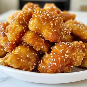- 1 lb boneless, skinless chicken breasts - 1/2 cup cornstarch - 1/2 cup all-purpose flour - 1/4 cup sesame seeds - 1 teaspoon garlic powder - 1 teaspoon onion powder - Salt and pepper to taste - 2 eggs, beaten - 1/2 cup honey - 1/4 cup soy sauce (low sodium preferred) - 2 tablespoons rice vinegar - 1 tablespoon sesame oil - 1 teaspoon fresh grated ginger - 1 tablespoon sesame seeds The ingredients for honey sesame chicken bites make this dish special. You start with 1 pound of boneless, skinless chicken breasts. Cut these into small, bite-sized pieces. This helps them cook quickly and makes them easy to eat. Next, you need a coating mix. Combine 1/2 cup of cornstarch and 1/2 cup of all-purpose flour in one bowl. The cornstarch adds great crunch, while the flour gives a nice texture. Add 1/4 cup of sesame seeds to this mixture. The seeds bring a nutty flavor and extra crunch. For the seasoning, mix in 1 teaspoon of garlic powder and 1 teaspoon of onion powder. Don’t forget to add salt and pepper to taste. These spices will boost the chicken's flavor. You also need 2 beaten eggs in a separate bowl. This will help the coating stick to the chicken. Now, let’s move on to the honey sesame sauce. Start with 1/2 cup of honey. This will add sweetness to the dish. Next, you’ll need 1/4 cup of low-sodium soy sauce. This gives the sauce a savory taste. Add 2 tablespoons of rice vinegar for a tangy kick. Pour in 1 tablespoon of sesame oil for a rich flavor. Finally, grate 1 teaspoon of fresh ginger into the sauce. This adds warmth and depth. Stir in 1 tablespoon of sesame seeds to finish. These ingredients come together to create a delicious meal that you can enjoy anytime. {{ingredient_image_1}} To start, you need to season the chicken pieces. In a bowl, mix salt, pepper, garlic powder, and onion powder. Toss the chicken in this mix until it’s evenly coated. This step adds lots of flavor. Next, set up your breading station. You will need three bowls: one for cornstarch, one for beaten eggs, and one for a mix of flour and sesame seeds. This setup makes the coating process easier and faster. Now it’s time to coat the chicken. First, dredge each piece in cornstarch. Make sure to shake off the excess. Then, dip it into the beaten eggs. This helps the flour stick. Finally, coat the chicken in the flour and sesame seed mix. Press gently to ensure a good coating. This will give your bites a nice crunch. Heat the oil in a large skillet over medium-high heat. You want about half an inch of oil. It should reach around 350°F. To check, drop a tiny piece of batter in. If it sizzles, you are ready. Carefully add the coated chicken pieces in batches. Avoid overcrowding the pan to keep them crispy. Fry for about 4 to 5 minutes until golden brown and cooked through. Turn them occasionally for even cooking. When done, place the chicken bites on a paper towel-lined plate. This helps drain any excess oil. In a small saucepan, combine honey, soy sauce, rice vinegar, sesame oil, and grated ginger. Stir well. Heat over medium heat until it starts to simmer. Let it cook for about 3 to 4 minutes. This thickens the sauce nicely. At the end, stir in sesame seeds for extra crunch and flavor. In a large mixing bowl, add the crispy chicken bites. Pour the honey sesame sauce over them. Gently toss everything together. Ensure each piece is coated well with the sauce. For serving, transfer the chicken bites to a platter. For a fun touch, use toothpicks for easy grabbing. You can also place them in small cups for a cute display. Garnish with more sesame seeds or chopped green onions if you like. - Maintaining oil temperature: Heat your oil to about 350°F (175°C). This helps make your chicken crispy. Use a thermometer to check the heat. If the oil is too cool, the chicken absorbs too much oil and gets soggy. If it’s too hot, the outside burns before the inside cooks. - Avoiding overcrowding in the pan: Fry in small batches. If you add too many pieces, the oil cools down. This leads to uneven cooking. Leave space around each piece. This way, they fry nicely and get golden brown all over. - Adding spices to the coating: You can mix in a little cayenne pepper or paprika to the flour. This adds a tasty kick to your chicken bites. You can also try adding a touch of cumin or smoked paprika for a deeper flavor. - Alternative sauces: While the honey sesame sauce is a hit, feel free to switch it up. Try a sweet chili sauce or a teriyaki glaze for a different taste. You can also mix soy sauce and honey for a quick dip. - Pairing with sides: Honey sesame chicken bites go great with rice or noodles. You can also serve them with steamed veggies or a crisp salad. The fresh crunch of veggies balances the sweet and savory flavors. - Garnishing ideas: Top your chicken bites with extra sesame seeds or chopped green onions. These add a nice crunch and a pop of color. You can also serve with lime wedges for a bright finish. Pro Tips Perfectly Crispy Bites: Ensure the oil is hot enough before frying to achieve a crispy texture. A temperature of around 350°F (175°C) is ideal. Flavor Boost: Marinate the chicken in the soy sauce and garlic powder for 30 minutes before coating for an extra layer of flavor. Adjust Sweetness: Feel free to adjust the amount of honey in the sauce based on your preference for sweetness. You can also add a splash of sriracha for heat! Serving Suggestions: For a fun presentation, serve the chicken bites with toothpicks or in small cups, and pair with steamed rice or a fresh salad. {{image_2}} You can make oven-baked honey sesame chicken bites for a lighter option. Simply coat the chicken as usual. Instead of frying, place the chicken on a baking sheet. Bake at 400°F for about 20 minutes. This method keeps the bites crispy without all the oil. For gluten-free alternatives, use gluten-free flour and cornstarch. This way, everyone can enjoy these tasty bites. If you like spice, try making spicy honey sesame chicken. Add red pepper flakes or sriracha to the honey sauce. This will give your dish a nice kick. Another fun idea is to create a citrus-infused honey sesame sauce. Add some orange or lemon juice to the sauce for a zesty twist. This brightens the flavors and adds a refreshing taste. These honey sesame chicken bites are great as an appetizer. Serve them with toothpicks for easy snacking. You can also use them as a main dish, paired with rice or veggies. For a fresh meal, toss the bites into salads or wraps. They add protein and flavor, making any dish more filling. To keep your honey sesame chicken bites fresh, store them right. Place leftovers in an airtight container. This helps maintain their crunch and flavor. Refrigerate them within two hours of cooking. They will last up to three days in the fridge. For best results, separate the chicken from the sauce. This prevents sogginess. When it’s time to enjoy your leftovers, reheating matters. Avoid the microwave if you want them crispy. Instead, use an oven. Preheat your oven to 375°F (190°C). Place the chicken on a baking sheet. Heat for about 10-15 minutes, flipping halfway through. This method keeps them crunchy. If you must use the microwave, do so in short bursts. Check often to avoid overcooking. Yes, you can prepare the chicken bites in advance. Just cook them, then cool and store. Keep them in the fridge for up to two days. When ready to eat, reheat in the oven for a crispy finish. To check if the chicken is done, use a meat thermometer. The thickest part of the chicken should reach 165°F. If you don't have a thermometer, cut a piece open. The meat should be white with no pink inside. Yes, you can use frozen chicken. Just make sure to thaw it fully before cooking. This helps the chicken cook evenly and ensures the coating sticks well. These bites pair well with many sides. Try serving them with rice, steamed veggies, or a fresh salad. They also taste great with a dipping sauce like sweet chili or extra honey sesame sauce. Absolutely! You can use tofu or tempeh instead of chicken. Just cut them into bite-sized pieces, coat, and fry as you would with chicken. They will soak up the sauce nicely and taste great. You learned how to make honey sesame chicken bites from scratch. We covered the key ingredients, step-by-step instructions, and helpful tips to get it just right. You also discovered ways to adapt the recipe and store leftovers properly. Making these bites can impress guests or be a fun meal for your family. With simple steps, you can enjoy a tasty dish at home that offers both flavor and variety. Start cooking, and enjoy these delicious bites today!