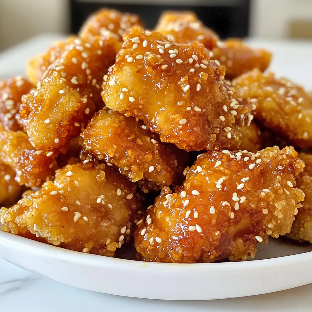 - 1 lb boneless, skinless chicken breasts - 1/2 cup cornstarch - 1/2 cup all-purpose flour - 1/4 cup sesame seeds - 1 teaspoon garlic powder - 1 teaspoon onion powder - Salt and pepper to taste - 2 eggs, beaten - 1/2 cup honey - 1/4 cup soy sauce (low sodium preferred) - 2 tablespoons rice vinegar - 1 tablespoon sesame oil - 1 teaspoon fresh grated ginger - 1 tablespoon sesame seeds The ingredients for honey sesame chicken bites make this dish special. You start with 1 pound of boneless, skinless chicken breasts. Cut these into small, bite-sized pieces. This helps them cook quickly and makes them easy to eat. Next, you need a coating mix. Combine 1/2 cup of cornstarch and 1/2 cup of all-purpose flour in one bowl. The cornstarch adds great crunch, while the flour gives a nice texture. Add 1/4 cup of sesame seeds to this mixture. The seeds bring a nutty flavor and extra crunch. For the seasoning, mix in 1 teaspoon of garlic powder and 1 teaspoon of onion powder. Don’t forget to add salt and pepper to taste. These spices will boost the chicken's flavor. You also need 2 beaten eggs in a separate bowl. This will help the coating stick to the chicken. Now, let’s move on to the honey sesame sauce. Start with 1/2 cup of honey. This will add sweetness to the dish. Next, you’ll need 1/4 cup of low-sodium soy sauce. This gives the sauce a savory taste. Add 2 tablespoons of rice vinegar for a tangy kick. Pour in 1 tablespoon of sesame oil for a rich flavor. Finally, grate 1 teaspoon of fresh ginger into the sauce. This adds warmth and depth. Stir in 1 tablespoon of sesame seeds to finish. These ingredients come together to create a delicious meal that you can enjoy anytime. {{ingredient_image_1}} To start, you need to season the chicken pieces. In a bowl, mix salt, pepper, garlic powder, and onion powder. Toss the chicken in this mix until it’s evenly coated. This step adds lots of flavor. Next, set up your breading station. You will need three bowls: one for cornstarch, one for beaten eggs, and one for a mix of flour and sesame seeds. This setup makes the coating process easier and faster. Now it’s time to coat the chicken. First, dredge each piece in cornstarch. Make sure to shake off the excess. Then, dip it into the beaten eggs. This helps the flour stick. Finally, coat the chicken in the flour and sesame seed mix. Press gently to ensure a good coating. This will give your bites a nice crunch. Heat the oil in a large skillet over medium-high heat. You want about half an inch of oil. It should reach around 350°F. To check, drop a tiny piece of batter in. If it sizzles, you are ready. Carefully add the coated chicken pieces in batches. Avoid overcrowding the pan to keep them crispy. Fry for about 4 to 5 minutes until golden brown and cooked through. Turn them occasionally for even cooking. When done, place the chicken bites on a paper towel-lined plate. This helps drain any excess oil. In a small saucepan, combine honey, soy sauce, rice vinegar, sesame oil, and grated ginger. Stir well. Heat over medium heat until it starts to simmer. Let it cook for about 3 to 4 minutes. This thickens the sauce nicely. At the end, stir in sesame seeds for extra crunch and flavor. In a large mixing bowl, add the crispy chicken bites. Pour the honey sesame sauce over them. Gently toss everything together. Ensure each piece is coated well with the sauce. For serving, transfer the chicken bites to a platter. For a fun touch, use toothpicks for easy grabbing. You can also place them in small cups for a cute display. Garnish with more sesame seeds or chopped green onions if you like. - Maintaining oil temperature: Heat your oil to about 350°F (175°C). This helps make your chicken crispy. Use a thermometer to check the heat. If the oil is too cool, the chicken absorbs too much oil and gets soggy. If it’s too hot, the outside burns before the inside cooks. - Avoiding overcrowding in the pan: Fry in small batches. If you add too many pieces, the oil cools down. This leads to uneven cooking. Leave space around each piece. This way, they fry nicely and get golden brown all over. - Adding spices to the coating: You can mix in a little cayenne pepper or paprika to the flour. This adds a tasty kick to your chicken bites. You can also try adding a touch of cumin or smoked paprika for a deeper flavor. - Alternative sauces: While the honey sesame sauce is a hit, feel free to switch it up. Try a sweet chili sauce or a teriyaki glaze for a different taste. You can also mix soy sauce and honey for a quick dip. - Pairing with sides: Honey sesame chicken bites go great with rice or noodles. You can also serve them with steamed veggies or a crisp salad. The fresh crunch of veggies balances the sweet and savory flavors. - Garnishing ideas: Top your chicken bites with extra sesame seeds or chopped green onions. These add a nice crunch and a pop of color. You can also serve with lime wedges for a bright finish. Pro Tips Perfectly Crispy Bites: Ensure the oil is hot enough before frying to achieve a crispy texture. A temperature of around 350°F (175°C) is ideal. Flavor Boost: Marinate the chicken in the soy sauce and garlic powder for 30 minutes before coating for an extra layer of flavor. Adjust Sweetness: Feel free to adjust the amount of honey in the sauce based on your preference for sweetness. You can also add a splash of sriracha for heat! Serving Suggestions: For a fun presentation, serve the chicken bites with toothpicks or in small cups, and pair with steamed rice or a fresh salad. {{image_2}} You can make oven-baked honey sesame chicken bites for a lighter option. Simply coat the chicken as usual. Instead of frying, place the chicken on a baking sheet. Bake at 400°F for about 20 minutes. This method keeps the bites crispy without all the oil. For gluten-free alternatives, use gluten-free flour and cornstarch. This way, everyone can enjoy these tasty bites. If you like spice, try making spicy honey sesame chicken. Add red pepper flakes or sriracha to the honey sauce. This will give your dish a nice kick. Another fun idea is to create a citrus-infused honey sesame sauce. Add some orange or lemon juice to the sauce for a zesty twist. This brightens the flavors and adds a refreshing taste. These honey sesame chicken bites are great as an appetizer. Serve them with toothpicks for easy snacking. You can also use them as a main dish, paired with rice or veggies. For a fresh meal, toss the bites into salads or wraps. They add protein and flavor, making any dish more filling. To keep your honey sesame chicken bites fresh, store them right. Place leftovers in an airtight container. This helps maintain their crunch and flavor. Refrigerate them within two hours of cooking. They will last up to three days in the fridge. For best results, separate the chicken from the sauce. This prevents sogginess. When it’s time to enjoy your leftovers, reheating matters. Avoid the microwave if you want them crispy. Instead, use an oven. Preheat your oven to 375°F (190°C). Place the chicken on a baking sheet. Heat for about 10-15 minutes, flipping halfway through. This method keeps them crunchy. If you must use the microwave, do so in short bursts. Check often to avoid overcooking. Yes, you can prepare the chicken bites in advance. Just cook them, then cool and store. Keep them in the fridge for up to two days. When ready to eat, reheat in the oven for a crispy finish. To check if the chicken is done, use a meat thermometer. The thickest part of the chicken should reach 165°F. If you don't have a thermometer, cut a piece open. The meat should be white with no pink inside. Yes, you can use frozen chicken. Just make sure to thaw it fully before cooking. This helps the chicken cook evenly and ensures the coating sticks well. These bites pair well with many sides. Try serving them with rice, steamed veggies, or a fresh salad. They also taste great with a dipping sauce like sweet chili or extra honey sesame sauce. Absolutely! You can use tofu or tempeh instead of chicken. Just cut them into bite-sized pieces, coat, and fry as you would with chicken. They will soak up the sauce nicely and taste great. You learned how to make honey sesame chicken bites from scratch. We covered the key ingredients, step-by-step instructions, and helpful tips to get it just right. You also discovered ways to adapt the recipe and store leftovers properly. Making these bites can impress guests or be a fun meal for your family. With simple steps, you can enjoy a tasty dish at home that offers both flavor and variety. Start cooking, and enjoy these delicious bites today!