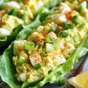 To make tasty avocado egg salad lettuce wraps, gather these simple ingredients: - 4 hard-boiled eggs, chopped - 1 ripe avocado, mashed - 2 tablespoons Greek yogurt - 1 tablespoon Dijon mustard - 1 tablespoon fresh lemon juice - Salt and pepper to taste - 1/4 cup green onions, finely chopped - 1/4 cup celery, finely chopped - 1 head of romaine lettuce or butter lettuce, leaves separated If you run out of an ingredient, don't worry! Here are some substitutes you can use: - Replace Greek yogurt with sour cream for a creamier texture. - If you don’t have Dijon mustard, use yellow mustard instead. - Swap lemon juice with lime juice for a zesty twist. - For more crunch, use diced bell peppers instead of celery. This avocado egg salad lettuce wrap is not just tasty but also nutritious. Here’s what you get per serving (assuming 6 servings): - Calories: 150 - Protein: 7g - Fat: 10g - Carbohydrates: 8g - Fiber: 4g These wraps are high in healthy fats from avocado and packed with protein from eggs. They make a great low-carb option! Enjoy knowing you’re treating your body well while savoring each bite. {{ingredient_image_1}} 1. Start by chopping the hard-boiled eggs in a bowl. 2. Next, mash the ripe avocado and mix it with the eggs. 3. Then, add the Greek yogurt and Dijon mustard. Stir until smooth. 4. Squeeze in fresh lemon juice and mix well. 5. Now, season with salt and pepper to taste. 6. Fold in finely chopped green onions and celery. Make sure it’s even. 7. Take a lettuce leaf and spoon the mixture into the center. 8. Wrap the leaf around the filling to create a tasty handheld wrap. 9. Repeat this until you use all the mixture. Enjoy these wraps fresh! - Use ripe avocados for a creamy texture. - Fresh lemon juice brightens the flavors. - Adjust salt and pepper to your taste. - Mix the salad gently to avoid smashing the eggs. - Serve the salad immediately for the best taste. - Present the wraps on a wooden platter for a rustic look. - Add lemon wedges for a fresh garnish. - Sprinkle paprika or chili flakes for extra flavor and color. - Pair with a side of fresh veggies or fruit for balance. - Enjoy with a refreshing drink to complete the meal. One common mistake is over-mashing the avocado. You want some texture. If you mash it too much, the egg salad will turn mushy. Also, avoid adding too much salt at once. Start with a pinch and taste as you go. Another mistake is skipping the lemon juice. This adds freshness and keeps the avocado from browning. Lastly, don't forget to chop your green onions and celery finely. Big chunks can overpower the salad. To elevate the flavor, consider adding fresh herbs like dill or cilantro. These herbs pair well with the creamy avocado. You can also try using different mustards, like whole grain. This adds a nice crunch and depth. A dash of hot sauce can bring some heat if you enjoy spice. Lastly, a sprinkle of paprika or chili flakes on top gives a pop of color and flavor. For storing leftovers, place the egg salad in an airtight container. It stays fresh for about three days in the fridge. Be sure to keep it chilled. If the salad starts to look brown, that's just the avocado oxidizing. Stir it up again to refresh it. Avoid freezing the egg salad, as it changes the texture. Fresh is always best for this dish! Pro Tips Use Fresh Ingredients: Make sure your avocados are ripe and your vegetables are fresh for the best flavor and texture in your wraps. Customize Your Seasoning: Feel free to experiment with herbs and spices like dill, paprika, or even a dash of hot sauce for a unique twist on the classic salad. Chill Before Serving: For a refreshing bite, chill the egg salad mixture in the refrigerator for about 30 minutes before serving, allowing the flavors to meld. Perfect Lettuce Selection: Romaine or butter lettuce works well, but you can also use collard greens or cabbage leaves for a sturdier wrap alternative. {{image_2}} You can make your avocado egg salad even heartier by adding chicken or tuna. Simply use cooked, shredded chicken or canned tuna. Mix it in with the egg and avocado base. This adds protein and makes your wraps more filling. You can use about one cup of either chicken or tuna. Adjust the seasoning to fit your taste. This variation is great for meal prep or a quick lunch. For a vegetarian twist, try adding beans or chickpeas. These add protein without meat. You can mash them and mix them with the avocado and eggs. Another option is to add diced bell peppers or cucumbers for extra crunch. This keeps the salad fresh and vibrant. You can also try adding grated carrots for sweetness. These additions make your wraps colorful and tasty while keeping them meat-free. Herbs and spices can elevate your avocado egg salad. Fresh herbs like dill or cilantro add bright flavors. Simply chop them finely and mix them in. You can also use spices like paprika or cumin for a warm taste. A pinch of garlic powder can add depth without being too strong. Experiment with these options to find your favorite flavor combination. These small changes can make a big difference in taste. To keep your avocado egg salad lettuce wraps fresh, store them correctly. Place the wraps in an airtight container. This helps maintain their crunch. If you plan to eat them later, keep the egg salad and lettuce separate. This way, the lettuce won't get soggy. Use parchment paper between layers if stacking them. It helps absorb moisture. Your avocado egg salad wraps can last about 2-3 days in the fridge. After that, the lettuce may wilt, and the salad may lose flavor. Always check for any odd smells or changes in texture before eating. If you see any signs of spoilage, it’s best to toss them out. Freezing these wraps is not recommended. The lettuce does not freeze well and turns mushy. Instead, you can freeze the avocado egg salad itself. Store it in a sealed container or freezer bag. It can last up to 3 months in the freezer. When ready to eat, thaw it in the fridge overnight. Prepare fresh lettuce wraps the next day for the best taste. Yes, you can use many kinds of lettuce. Butter lettuce and romaine work best. You can also use green leaf or even iceberg for a crisper bite. Just pick lettuce that holds its shape well. This choice will make your wraps fun and easy to eat. To make this avocado egg salad vegan, swap the eggs and Greek yogurt. Use mashed chickpeas instead of eggs for protein. You can also try silken tofu for creaminess. Add a splash of lemon juice for a fresh taste. This way, you still get a tasty salad without any animal products. Try these great side dishes to enjoy with your wraps: - Fresh vegetable sticks like carrots and cucumbers - A light fruit salad with berries and melon - Crispy baked sweet potato fries - A simple green salad with lemon vinaigrette These sides add color and flavor, making your meal complete and fun. This blog explored how to make a tasty avocado egg salad. You learned about ingredients, including substitutes and nutrition. We shared step-by-step instructions and tips for a perfect dish. We also covered common mistakes and fun variations to try. Lastly, we discussed storage tips to keep your salad fresh. Enjoy experimenting with the recipe and making it your own!