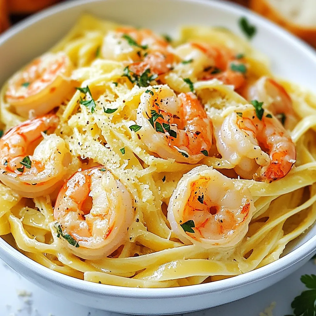 - 8 oz fettuccine or linguine pasta - 1 lb large shrimp, peeled and deveined - 4 cloves garlic, minced - 1 cup heavy cream - 1 cup chicken or vegetable broth - 1/2 cup grated Parmesan cheese - 2 tablespoons olive oil - 1 tablespoon butter - Salt and pepper to taste - 1 teaspoon red pepper flakes (optional) - Fresh parsley, chopped, for garnish - Pasta: Use 8 ounces of fettuccine or linguine. This is enough for four servings. - Shrimp: One pound of large shrimp works best. Make sure they are peeled and deveined. - Garlic: You need four cloves, minced. Fresh garlic gives the best flavor. - Heavy cream: One cup creates a rich and creamy sauce. - Broth: Use one cup of chicken or vegetable broth. This adds depth to the sauce. - Parmesan cheese: Half a cup of grated cheese gives a nice salty touch. - Olive oil: Two tablespoons help cook the shrimp and garlic. - Butter: One tablespoon adds flavor and richness. - Salt and pepper: Use to taste, enhancing the dish. - Red pepper flakes: One teaspoon adds a little heat, if you like it spicy. - Parsley: Freshly chopped parsley is for garnish, adding color and freshness. Both fresh and frozen shrimp work well for this recipe. Fresh shrimp has a sweet flavor and a firmer texture. Frozen shrimp is convenient and often just as good. If using frozen shrimp, thaw them in the fridge overnight or run them under cold water briefly. Always pat them dry before cooking. This helps them sear well, giving you that perfect pink color. {{ingredient_image_1}} Start by filling a large pot with water. Add a good amount of salt to flavor the pasta. Bring it to a boil over high heat. Once boiling, add 8 oz of fettuccine or linguine pasta. Cook it according to the package instructions until it's al dente. This usually takes about 8-10 minutes. Reserve 1/2 cup of the pasta water before draining. Drain the pasta and set it aside. In a large skillet, heat 2 tablespoons of olive oil and 1 tablespoon of butter over medium heat. Wait for the butter to melt completely. Add 4 cloves of minced garlic to the skillet. Sauté for about 30 seconds until it smells amazing. Next, add 1 lb of peeled and deveined shrimp. Season with salt, pepper, and optional red pepper flakes. Cook for 2-3 minutes on each side until the shrimp turn pink and opaque. Remove the shrimp and set them aside. In the same skillet, pour in 1 cup of chicken or vegetable broth. Bring it to a simmer. Lower the heat and add 1 cup of heavy cream. Let the mixture simmer for 2-3 minutes. Stir occasionally until it thickens slightly. This is your creamy sauce base. Now it’s time to bring it all together. Add the drained pasta and cooked shrimp back into the skillet. Stir well to coat everything in the creamy sauce. If the sauce seems too thick, gradually add the reserved pasta water until it reaches your desired consistency. Finally, stir in 1/2 cup of grated Parmesan cheese. Mix until the cheese melts and blends into the sauce. Taste and adjust the seasoning if needed. To get the right sauce for creamy garlic shrimp pasta, start with the cream. Use heavy cream for a rich texture. Let it simmer gently in the pan. This helps thicken the sauce. If it gets too thick, add a little reserved pasta water. This will loosen it up without losing flavor. Stir well to mix everything. The sauce should coat the pasta nicely. Cooking shrimp is simple, but timing is key. Use large shrimp for a nice bite. Heat olive oil and butter in a skillet. Once hot, add minced garlic first. This makes the kitchen smell great. Then, add the shrimp. Cook them for 2-3 minutes per side. Watch for color change. When they turn pink and opaque, they are done. Overcooking makes shrimp tough. So, remove them from the heat as soon as they are ready. For extra flavor, don’t skip the seasonings. Salt and pepper are essential. Red pepper flakes add a nice kick if you like heat. Fresh herbs like parsley give a burst of freshness. You can also add lemon zest for a bright note. Parmesan cheese enriches the sauce, so don’t hold back on it. Taste your sauce before serving. Adjust the seasonings if needed. This ensures a dish that impresses every time. Pro Tips Use Fresh Shrimp: Fresh shrimp will enhance the flavor of the dish significantly. If possible, buy shrimp from a reputable source or a seafood market for the best taste and texture. Don't Overcook the Pasta: Cooking the pasta al dente is crucial as it will continue to cook slightly when combined with the sauce. This helps prevent a mushy texture. Adjust the Sauce Consistency: If the sauce becomes too thick, gradually add the reserved pasta water to achieve the desired creaminess without watering down the flavor. Enhance with Lemon: A squeeze of fresh lemon juice just before serving can brighten the flavors of the creamy sauce and shrimp, adding a refreshing touch. {{image_2}} You can easily boost the nutrition of this dish by adding vegetables. Spinach is a great choice. Just add it to the pan with the shrimp. It will wilt quickly and mix well with the sauce. Bell peppers also work. Slice them thin and add them while cooking the shrimp. They add color and crunch. If you need a gluten-free option, don’t worry! Many brands offer gluten-free pasta. You can find rice, chickpea, or lentil pasta. These options cook well and taste great. Just follow the package instructions for cooking time. The creamy sauce pairs well with these gluten-free pastas. To make this dish even more exciting, try adding new flavors. Lemon zest gives a fresh twist. Just grate a little lemon peel and mix it into the sauce. Fresh herbs like basil or cilantro can add a nice touch, too. Chop them finely and stir them in right before serving. These simple changes will make your creamy garlic shrimp pasta unique. To keep your creamy garlic shrimp pasta fresh, let it cool first. Place the pasta in an airtight container. You can store it in the fridge for up to three days. Be sure to cover it well. This helps keep moisture in and flavors strong. When you are ready to enjoy the leftovers, reheating is key. You can use the microwave or a skillet. If using the microwave, heat in short bursts of 30 seconds. Stir in between to avoid hot spots. If using a skillet, add a splash of broth or cream. Heat over low to medium heat, stirring gently until warmed through. This keeps the pasta creamy and delicious. Freezing is a great option if you want to save some pasta for later. First, let the pasta cool completely. Separate the pasta and sauce before freezing. Store each in different airtight containers. This helps them freeze well. You can freeze the sauce for up to three months. The pasta can also freeze, but it is best used within one month. To reheat, thaw overnight in the fridge. Then, use the microwave or stove to warm both up, adding a bit of cream if needed. Yes, you can use any pasta you like! While fettuccine or linguine work best, feel free to try penne, spaghetti, or even gluten-free options. The key is to cook the pasta until it's al dente. This gives you the best texture in the dish. To lighten the dish, swap heavy cream for half-and-half or a plant-based cream. You can also reduce the amount of butter and cheese. Adding more veggies like spinach or zucchini can boost nutrition without adding too many calories. This pasta pairs well with a simple green salad. A light vinaigrette can balance the richness of the dish. Garlic bread is a great choice too. It lets you soak up that creamy sauce. You could also serve it with a glass of white wine for a nice touch. This post shared how to make creamy garlic shrimp pasta. We covered key ingredients and their amounts, plus fresh versus frozen shrimp. The step-by-step guide helped you cook pasta, sauté shrimp, and make a rich sauce. Tips on perfect sauce and shrimp ensured great flavor. Variations let you add veggies or try gluten-free pasta. Lastly, we discussed how to store and reheat leftovers. You now have the tools to create this dish any time. Enjoy your cooking!