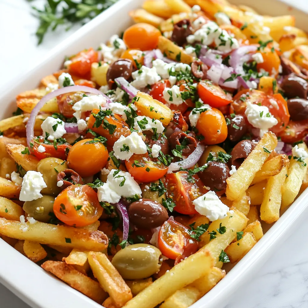 - Potatoes: Use 4 large russet potatoes. They make the best fries with a fluffy inside. - Seasoning ingredients: - 1 tablespoon olive oil adds richness. - 1 teaspoon garlic powder gives a nice, savory flavor. - 1 teaspoon dried oregano brings a hint of the Mediterranean. - Salt and pepper enhance all the flavors. - Toppings and garnishes: - 1 cup crumbled feta cheese adds creaminess and a salty bite. - 1/2 cup Greek yogurt gives a cool, tangy touch. - 1/2 cup halved cherry tomatoes adds freshness and color. - 1/4 cup sliced Kalamata olives brings a briny flavor. - 1/4 cup thinly sliced red onion gives a crunchy texture. - Fresh parsley, chopped, makes the dish look vibrant and fresh. These ingredients work together, creating a tasty experience with each bite. Each element plays a role in making this dish a delightful treat! {{ingredient_image_1}} 1. Preheating the oven: Start by setting your oven to 425°F (220°C). This hot temperature helps the fries become crispy. 2. Tossing fries with oil and seasonings: In a large bowl, take your cut fries. Add 1 tablespoon of olive oil, 1 teaspoon of garlic powder, and 1 teaspoon of dried oregano. Sprinkle in some salt and pepper. Mix until all fries are well coated. 3. Arranging fries on a baking sheet: Line a baking sheet with parchment paper. Spread the seasoned fries in a single layer so they cook evenly. 1. Baking time and temperature: Place the baking sheet in the preheated oven. Bake the fries for 25 to 30 minutes. 2. Flipping fries during baking: Halfway through baking, take out the sheet and flip the fries. This helps them cook evenly and get that golden color we love. 1. Preparing the Greek yogurt topping: While the fries bake, grab a small bowl. Mix 1/2 cup of Greek yogurt with a pinch of salt. This adds flavor and creaminess. 2. Layering the toppings after baking: Once the fries are crisp, take them out of the oven. Sprinkle 1 cup of crumbled feta cheese over the hot fries. Then, add 1/2 cup of halved cherry tomatoes, 1/4 cup of sliced Kalamata olives, and 1/4 cup of thinly sliced red onion on top. 3. Final garnishing: Drizzle your seasoned Greek yogurt over all the toppings. For a pop of color, finish with some freshly chopped parsley. Now, you have a plate of loaded Greek fries that burst with flavor! Enjoy every bite. - Choosing the right potatoes I love using large russet potatoes for fries. They have a high starch content, which gives you that fluffy inside and crisp outside. Make sure to cut them evenly. This way, they cook at the same rate. - Techniques for achieving maximum crispiness For crispier fries, soak the cut potatoes in cold water for at least 30 minutes. This removes excess starch. After soaking, dry them well before adding olive oil and seasonings. Bake them in a single layer on a lined sheet for best results. Flipping halfway through helps them get golden and crispy. - Additional spices or herbs to consider Try adding smoked paprika or cumin for a warm flavor. Fresh herbs like dill or mint can brighten the dish. You can also mix in some crushed red pepper for a kick. - Alternatives for proteins or toppings If you want to add protein, grilled chicken or lamb works great. You can swap feta with goat cheese for a different taste. For a vegetarian twist, add roasted chickpeas for extra crunch and protein. Pro Tips Use a Mandoline for Perfect Fries: A mandoline slicer can help achieve uniform fry sizes, ensuring they cook evenly and get crispy all around. Soak the Potatoes: Soaking the cut fries in cold water for at least 30 minutes before baking can help remove excess starch and result in crispier fries. Experiment with Seasonings: Feel free to add other spices like paprika or cumin to the fry seasoning for an extra kick of flavor tailored to your taste. Serve Immediately: Loaded fries are best enjoyed fresh out of the oven while they are still hot and crispy. Serve them right away for maximum enjoyment! {{image_2}} You can make loaded Greek fries even better by adding more veggies. Think bell peppers, zucchini, or spinach. These veggies add color and flavor. You can roast them alongside the fries. This way, they get soft and tasty. Another great option is using plant-based yogurt. This swap keeps the dish creamy. It also makes it vegan-friendly. Look for a good brand of plant-based yogurt that is thick. This will give you the same smooth texture as Greek yogurt. If you love meat, try adding grilled chicken or lamb. This addition makes the dish heartier. Simply slice the meat thin and layer it on top of the fries. The warm meat will melt the feta cheese nicely. You can also enhance the dish with other dairy options. Try using cheddar cheese or ricotta. Both add a different flavor that pairs well with the Greek toppings. Just sprinkle them over the fries after baking for a delicious twist. To keep your loaded Greek fries fresh, follow these tips: - Refrigeration: Place the fries in an airtight container. This helps prevent moisture loss. - Duration of freshness: They last about 2-3 days in the fridge. After that, they may lose flavor and texture. Reheating loaded Greek fries can be tricky. You want to keep them crispy. Here are some methods: - Oven method: Preheat your oven to 375°F (190°C). Spread the fries on a baking sheet. Heat for about 10-15 minutes. This helps regain their crispiness. - Air fryer option: If you have an air fryer, use it! Set it to 350°F (175°C) and cook for 5-7 minutes. This method also keeps them crispy. - Microwave warning: While it's quick, avoid using the microwave. It makes fries soggy. With these tips, you can enjoy your loaded Greek fries even after the first serving! Yes, you can use frozen fries. They save time and effort. Frozen fries are already cut and prepped. However, fresh fries taste better. Fresh russet potatoes give you a crispy texture. If you use frozen fries, check the packaging. Follow the cooking time on the bag. You may want to add extra seasoning for flavor. To make Loaded Greek Fries healthier, try these tips: - Use less olive oil, or spray the fries lightly. - Swap regular Greek yogurt for a low-fat option. - Add more veggies like bell peppers or spinach. - Use a smaller amount of feta cheese, or choose a reduced-fat version. These swaps will lower calories but keep the taste. Pair Loaded Greek Fries with these great options: - A fresh Greek salad for a light side. - Tzatziki sauce for an extra dip. - A cold glass of lemonade or sparkling water. These pairings will round out your meal and enhance the flavors. This article provided a clear guide to making loaded Greek fries. You learned about the right potatoes and seasonings to use. I shared tips for baking and assembling the dish to perfection. Plus, we discussed variations for different diets. With proper storage and reheating tips, leftovers can still taste great. I hope you feel ready to try this dish fun and easy. Filled with flavor, these fries can amaze your friends and family. Enjoy your cooking adventure!