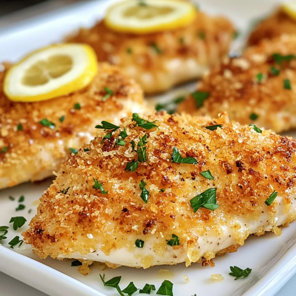 - 4 boneless, skinless chicken breasts - 1 cup breadcrumbs (panko preferred for crunch) - 1 cup grated Parmesan cheese - 2 teaspoons garlic powder - 1 teaspoon Italian seasoning - 1/2 teaspoon salt - 1/4 teaspoon black pepper - 2 large eggs - 1/4 cup all-purpose flour - Olive oil spray or cooking oil To make crispy Parmesan crusted chicken, you need a few simple ingredients. First, grab four chicken breasts. They should be boneless and skinless. This keeps the dish light and easy to eat. Next, you will need breadcrumbs. I always prefer panko because it gives a great crunch. You also need grated Parmesan cheese. This cheese adds a rich flavor that you can't miss. For seasoning, use garlic powder and Italian seasoning. These will make the chicken taste amazing. Don’t forget salt and black pepper for extra flavor. You will also need two eggs and a bit of all-purpose flour. The flour helps the coating stick better. Finally, an olive oil spray or cooking oil will help the chicken brown in the oven. With these ingredients, you are ready to create a tasty and crispy chicken dish. Using fresh and quality items will make a big difference in taste. {{ingredient_image_1}} First, preheat your oven to 400°F (200°C). This helps the chicken cook evenly. Next, prepare a baking sheet. You can line it with parchment paper or lightly grease it. In a shallow dish, mix the breadcrumbs, grated Parmesan cheese, garlic powder, Italian seasoning, salt, and black pepper. Stir until everything is well combined. In another shallow dish, beat the two large eggs. Finally, place the flour in a third dish. This setup is key for dredging the chicken. Take each chicken breast and dredge it in flour. Make sure each piece is fully coated. Shake off any excess flour. Then, dip the floured chicken into the beaten eggs. Be sure to coat it thoroughly. After that, press the chicken breast into the breadcrumb and Parmesan mix. Cover both sides completely. This coating gives the chicken its crispy texture. Now, lay the coated chicken breasts onto your prepared baking sheet. If you want extra crispiness, lightly spray the tops with olive oil. Bake in your preheated oven for 25–30 minutes. The chicken is done when it reaches an internal temperature of 165°F (74°C) and the coating is golden brown. Once you take it out, let the chicken rest for a few minutes. This step makes the meat juicier and more enjoyable to eat. - Use panko breadcrumbs. They add great crunch to your chicken. - Lightly spray the chicken with olive oil. This boosts crispiness while baking. - Rest the chicken after baking. This helps keep the juices inside. - Cook until the internal temperature is 165°F (74°C). A meat thermometer is helpful. - Garnish with fresh parsley and lemon wedges. They add color and brightness. - Serve with roasted vegetables or a fresh salad. These sides balance the meal nicely. Pro Tips Use Panko Breadcrumbs: For an extra crunch, opt for panko breadcrumbs instead of regular ones. They create a lighter, crispier texture that elevates the dish. Season the Flour: Don't forget to season the flour with a pinch of salt and pepper. This adds an additional layer of flavor to the chicken before it even hits the egg wash. Let It Rest: After baking, allow the chicken to rest for a few minutes. This helps retain the juices, resulting in tender and flavorful meat. Experiment with Cheese: Feel free to mix different cheese types into the breadcrumb mixture, such as mozzarella or cheddar, for a unique twist on flavor. {{image_2}} You can make your crispy Parmesan crust even tastier. Try adding herbs like rosemary or thyme. A pinch of paprika gives a nice kick. You can also mix different cheeses for a richer flavor. Blend in some mozzarella or cheddar with the Parmesan. This adds great depth to the taste. You can switch up how you cook the chicken too. Air frying gives you a healthier option. It still gets crispy and tastes amazing. Preheat your air fryer to 375°F (190°C) and cook for about 20 minutes. This method uses less oil but keeps the crunch. Grilling is another fun way to prepare this dish. Just coat the chicken and grill over medium heat. Cook each side for about six to eight minutes. This gives the chicken a smoky flavor that’s hard to resist. If you want to change things up, you can swap ingredients. Whole wheat or gluten-free breadcrumbs work great. They give the same crunch without the gluten. For chicken, you can use thighs or tenders instead of breasts. They are juicier and very flavorful. To keep your crispy Parmesan crusted chicken fresh, store it in the refrigerator. Place the chicken in an airtight container. This will help keep moisture out, and it will stay tasty longer. If you have a lot of chicken, you can also wrap it in plastic wrap or foil before putting it in a container. For freezing, let the chicken cool first. Then, wrap each piece in plastic wrap. Place the wrapped chicken in a freezer bag. Try to remove as much air as possible. This helps avoid freezer burn. The chicken can stay good in the freezer for about three months. When reheating crispy chicken, the goal is to keep it crispy. The best way to do this is in the oven or air fryer. Preheat your oven to 375°F (190°C). Place the chicken on a baking sheet and cover it loosely with foil. This keeps it warm without making it soggy. Heat for about 10-15 minutes, checking to avoid overcooking. If using an air fryer, set it to 350°F (175°C). Place the chicken in the basket in a single layer. Cook for around 5-8 minutes or until it’s hot and crisp. This method gives you a great crunch back. In the fridge, crispy chicken lasts about 3-4 days. Make sure to check for any signs of spoilage before eating. Look for changes in color, smell, or texture. If the chicken feels slimy or has an off smell, it is best to throw it away. Always prioritize your safety first! You can pair crispy Parmesan crusted chicken with many side dishes. Here are some tasty ideas: - Roasted vegetables: Carrots, broccoli, or bell peppers add color and nutrition. - Fresh salad: A simple green salad with vinaigrette brings a nice crunch. - Mashed potatoes: Creamy potatoes balance the crispy chicken well. - Rice pilaf: Fluffy rice with herbs complements the flavors. - Garlic bread: This adds a comforting touch to the meal. These sides will enhance your chicken dish and make a full meal. Yes, you can prepare crispy Parmesan crusted chicken ahead of time. Here is how: 1. Prep the chicken: Follow the recipe and coat the chicken. 2. Chill: Place the coated chicken on a baking sheet and cover it. Keep it in the fridge for up to 24 hours. 3. Reheat: When ready to bake, remove it from the fridge. Bake it straight from the fridge for best results. This method saves time on busy days and keeps dinner stress-free. To check if the chicken is fully cooked, use a meat thermometer. Here’s how: - Insert the thermometer into the thickest part of the chicken. - The internal temperature should reach 165°F (74°C) for safety. - Look for juices running clear, not pink, when you cut into it. These tips ensure your chicken is juicy and safe to eat. This blog post guided you through making crispy Parmesan crusted chicken. You learned the ingredients needed, the step-by-step cooking method, and how to add flavor. I shared tips for extra crispiness and keeping your chicken juicy. You can explore variations like grilling or using different crumbs. Now, you have the tools to whip up this dish and impress your family. Enjoy your delicious meal and get creative with your servings!