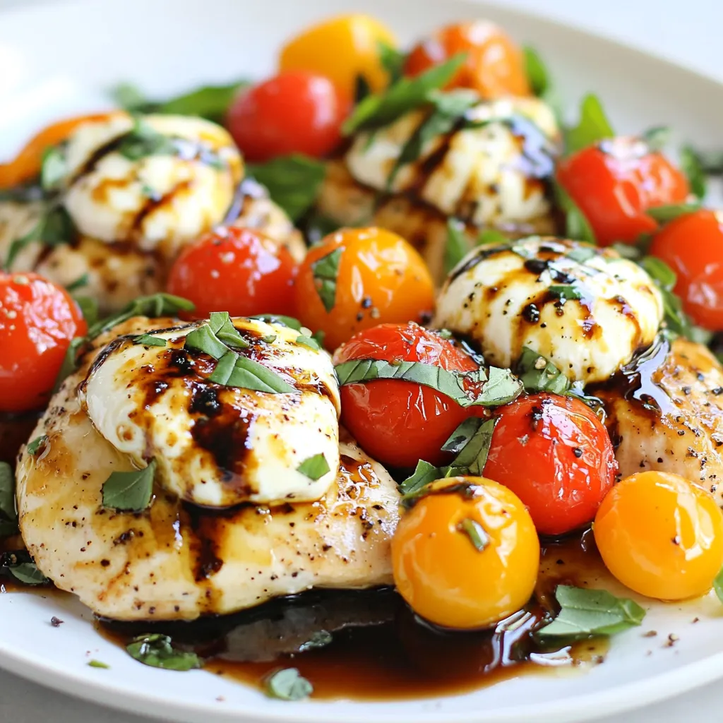 Here’s what you need for Caprese chicken skillet: - 4 boneless, skinless chicken breasts - 1 tablespoon olive oil - Salt and pepper to taste - 2 cups cherry tomatoes, halved - 1 cup fresh mozzarella balls (bocconcini), sliced or halved - 1 cup fresh basil leaves, roughly chopped - 2 tablespoons balsamic glaze - 1 teaspoon garlic powder - 1 teaspoon dried oregano You can mix it up with these ideas: - Add crushed red pepper for heat. - Use fresh garlic instead of garlic powder. - Try Italian seasoning for an added flavor boost. To make this dish, gather these tools: - A large skillet for cooking. - A sharp knife for chopping. - A cutting board for prep work. - A spatula for flipping the chicken. - Measuring spoons for precise amounts. These simple ingredients and tools make it easy to whip up a tasty meal. Enjoy cooking! {{ingredient_image_1}} First, take the chicken breasts out of the package. Pat them dry with paper towels. This step helps the chicken brown better. Next, sprinkle salt, pepper, garlic powder, and dried oregano on both sides of each chicken breast. This seasoning adds great flavor. Heat 1 tablespoon of olive oil in a large skillet over medium heat. Once the oil is hot, carefully place the chicken in the skillet. Cook each side for about 6-7 minutes. Look for a nice golden brown color. Use a meat thermometer to check the chicken’s temperature. It should reach 165°F or 75°C. After cooking, remove the chicken from the skillet and place it on a plate. Let it rest for a moment. In the same skillet, add 2 cups of halved cherry tomatoes. Cook for about 3-4 minutes until they soften. This step brings out the tomatoes' sweetness. Lower the heat and return the chicken to the skillet. Top each chicken piece with the cooked tomatoes and 1 cup of fresh mozzarella. Cover the skillet with a lid for 2 minutes. This helps the cheese melt nicely. After 2 minutes, remove the lid and add 1 cup of roughly chopped fresh basil on top. Finally, drizzle 2 tablespoons of balsamic glaze over the chicken and serve hot. To make your chicken juicy, start with good quality meat. I prefer boneless, skinless chicken breasts for this dish. Before cooking, season both sides well with salt, pepper, garlic powder, and oregano. This adds flavor and helps keep moisture in. Cook the chicken on medium heat for 6-7 minutes on each side. This allows the chicken to brown nicely while cooking through. Always check the internal temperature; it should be 165°F or 75°C. Rest the chicken for a few minutes after cooking to lock in juices. For that gooey, melty mozzarella, add it at the right time. After cooking the chicken and tomatoes, place mozzarella on top of the chicken. Cover the skillet with a lid to trap heat. This helps the cheese melt without burning. Keep the heat low to avoid overcooking. The mozzarella should be soft and slightly gooey in about 2 minutes. Fresh ingredients make a big difference in flavor. Choose ripe cherry tomatoes for sweetness and juiciness. Look for smooth, firm mozzarella balls; they should feel slightly springy. Fresh basil adds a bright taste. Cut or tear the leaves just before serving to keep them vibrant. Always wash your produce well. Using high-quality, fresh ingredients ensures a tasty dish every time. Pro Tips Use Fresh Ingredients: Fresh basil and high-quality mozzarella can elevate the flavor of your dish significantly. Opt for fresh ingredients whenever possible for the best results. Don’t Overcook the Chicken: To keep the chicken juicy, make sure you do not overcook it. Use a meat thermometer to check for doneness at 165°F (75°C). Customize the Toppings: Feel free to add other toppings like sautéed spinach or roasted red peppers for extra flavor and nutrition. Get creative! Serve with a Side: This dish pairs wonderfully with a simple green salad or garlic bread to soak up the juices. Make it a complete meal! {{image_2}} If you're watching carbs, you can still enjoy this dish. Swap the cherry tomatoes for zucchini noodles or spiralized cucumber. This keeps the dish light and fresh. You can also replace the balsamic glaze with vinegar. It adds flavor without the extra sugar. This Caprese Chicken Skillet is naturally gluten-free. Just make sure your balsamic glaze is gluten-free as well. Most brands are safe, but check the label. You can serve this dish with a side of rice or quinoa for a hearty meal. For a vegetarian version, replace the chicken with eggplant or portobello mushrooms. They have a nice texture and soak up flavors well. Cook the vegetables the same way as you would the chicken. Add the mozzarella and basil for that classic Caprese taste. After you finish your meal, let the Caprese chicken cool. Then, place it in an airtight container. Store it in the fridge for up to four days. This helps keep the flavors fresh. If you need to separate the chicken from the toppings, do it. This way, the tomatoes and cheese stay tasty. When you want to eat your leftovers, reheat them gently. Use a skillet on low heat. This helps keep the chicken juicy. You can also use a microwave. Heat in short bursts, around 30 seconds. Check often so you don’t overcook it. If you want to save some for later, freezing works well. Wrap the chicken tightly in plastic wrap, then place it in a freezer bag. Make sure to remove as much air as possible. You can freeze it for up to three months. When you’re ready to eat, thaw it in the fridge overnight before reheating. You can serve Caprese Chicken Skillet with various sides. A fresh green salad pairs nicely. Garlic bread is also a great option. You might like to add some pasta. The flavors mix well with a light sauce. If you want something simple, steamed veggies work too. These sides will enhance the meal's taste and feel. Yes, you can use different cheeses. Provolone or gouda adds a nice twist. Feta cheese gives a tangy flavor. If you want a creamier texture, try ricotta. Each cheese will change the dish's taste. Stick with mild flavors to complement the tomatoes and basil. Cooking chicken in a skillet takes about 12 to 14 minutes. Cook for 6-7 minutes on each side. Make sure the chicken is golden brown. Check the internal temperature; it should be 165°F or 75°C. This ensures your chicken is safe to eat. Cooking times may vary with different chicken sizes. This blog post covered how to make a Caprese Chicken Skillet. We discussed the key ingredients, options for seasoning, and tools you might need. You learned step-by-step instructions for prepping and cooking the chicken, plus adding tasty Caprese elements. We shared tips for juicy chicken, melting cheese, and using fresh ingredients. You saw variations for low-carb, gluten-free, and vegetarian diets. We also looked at storage tips for leftovers and answered common questions. Enjoy making this dish your own!