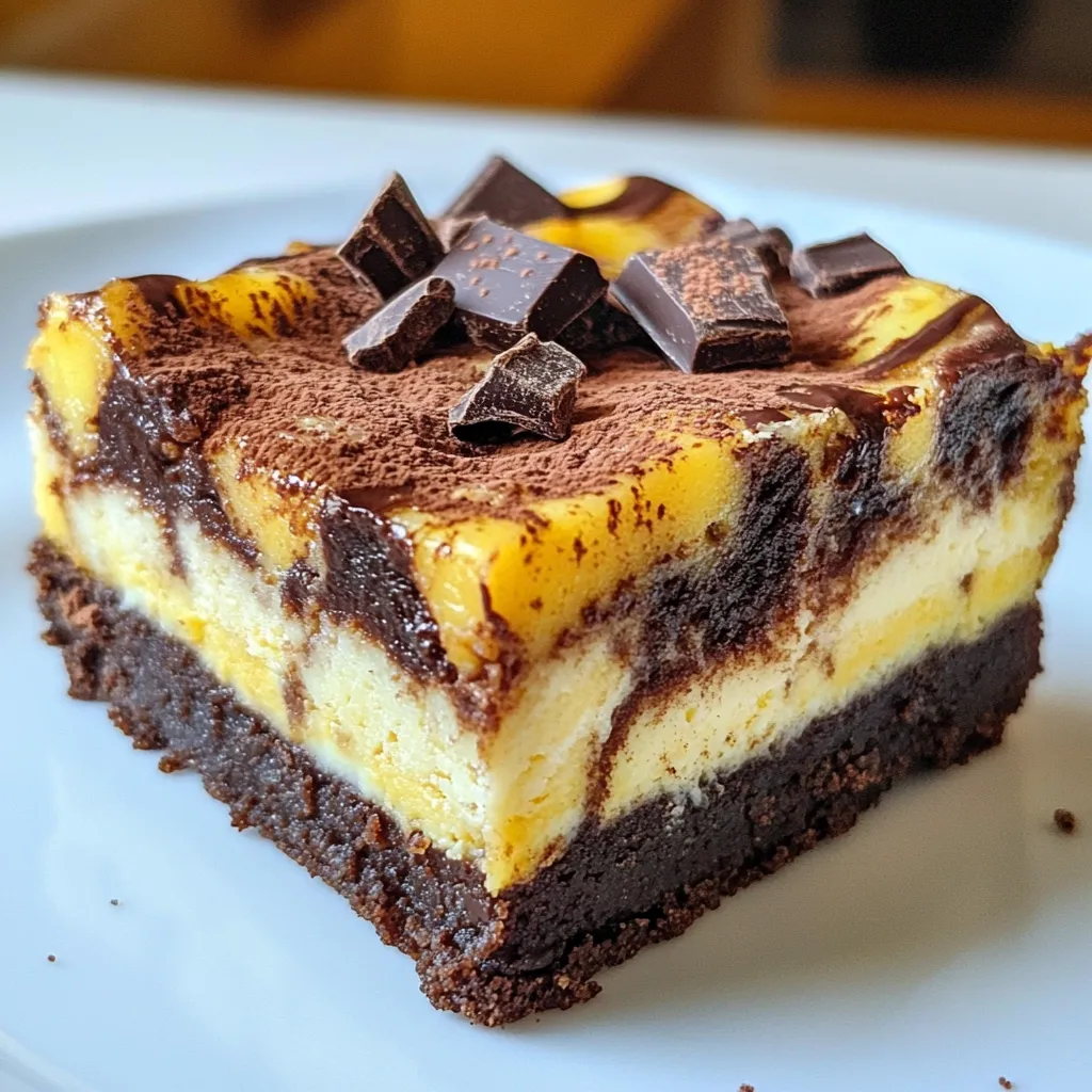 - 1 cup unsalted butter - 2 cups granulated sugar - 4 large eggs - 1 teaspoon vanilla extract - 1 cup all-purpose flour - 1 cup cocoa powder - 1 teaspoon baking powder - ½ teaspoon salt - 1 cup semi-sweet chocolate chips - 8 oz cream cheese, softened - ½ cup pumpkin puree - ½ cup powdered sugar - 1 teaspoon vanilla extract - 1 teaspoon pumpkin pie spice These ingredients create a rich and flavorful dessert. The unsalted butter adds creaminess, while the granulated sugar gives sweetness. Eggs help bind the mix and add moisture. Vanilla extract enhances the taste with warmth. The all-purpose flour and cocoa powder form the brownie base. Baking powder makes it rise, and salt balances the sweetness. Semi-sweet chocolate chips add little bursts of chocolate in every bite. For the pumpkin cheesecake swirl, softened cream cheese provides a smooth texture. Pumpkin puree brings a lovely autumn taste. Powdered sugar sweetens the mix, while vanilla extract and pumpkin pie spice add depth and warmth. Each ingredient plays a key role in making these brownies a special treat. The blend of flavors is simply irresistible. {{ingredient_image_1}} - Preheat the oven to 350°F (175°C). - Grease or line a 9x13-inch baking pan. - Melt 1 cup of unsalted butter in a saucepan over low heat. - Mix in 2 cups of granulated sugar until smooth. - Add 4 large eggs, one at a time, mixing well. - Stir in 1 teaspoon of vanilla extract. - In a separate bowl, combine 1 cup of all-purpose flour, 1 cup of cocoa powder, 1 teaspoon of baking powder, and ½ teaspoon of salt. - Gradually fold this mix into the wet ingredients. - Finally, add 1 cup of semi-sweet chocolate chips and stir until evenly mixed. - Beat 8 oz of softened cream cheese in a bowl until smooth. - Mix in ½ cup of pumpkin puree, ½ cup of powdered sugar, 1 teaspoon of vanilla extract, and 1 teaspoon of pumpkin pie spice. - Ensure the mixture is creamy and well blended. - Pour half of the brownie batter into the prepared pan, spreading it evenly. - Add dollops of the pumpkin cheesecake mixture on top of the brownie layer. - Use a knife to gently swirl the cheesecake mix into the brownie layer. - Pour the remaining brownie batter over the cheesecake swirl. - Use the knife again to create swirls, mixing some cheesecake into the brownie. - Bake for 30-35 minutes. A toothpick should come out with a few moist crumbs. - Allow the brownies to cool in the pan for 15 minutes. - Lift out using the parchment paper and let cool completely on a wire rack before slicing into squares. To get great brownies, check for doneness with a toothpick. Insert it into the center. If it comes out with a few moist crumbs, they are ready. If it has wet batter, bake a bit longer. Avoid overmixing the batter. This keeps your brownies fudgy and rich. Want to take these brownies up a notch? Add nuts like walnuts or pecans for crunch. You can also toss in extra chocolate chips for more sweetness. For even deeper flavor, mix in a dash of espresso. This little touch makes a big difference in taste. Make your brownies look as good as they taste. Serve them warm with a dollop of whipped cream. Top with a sprinkle of cinnamon for a cozy touch. If you're feeling fancy, add chocolate shavings for a beautiful garnish. These details make your treat stand out and impress your guests! Pro Tips Use Room Temperature Ingredients: Ensure that your cream cheese and eggs are at room temperature before mixing. This helps create a smoother cheesecake mixture that blends seamlessly into the brownie batter. Don't Overmix the Batter: When combining the dry ingredients with the wet ingredients, mix just until combined. Overmixing can lead to dense brownies, so be gentle! Swirl with Care: When creating the swirls with the pumpkin cheesecake mixture, use a gentle hand. Aim for a marbled effect rather than fully incorporating the layers for the best visual appeal. Cool Before Cutting: Allow the brownies to cool completely before cutting. This helps them set properly and makes it easier to achieve clean, neat squares. {{image_2}} If you want to make these brownies gluten-free, you can use gluten-free flour blends. Look for a blend that has a mix of rice flour, potato starch, and tapioca flour. This will work well in your recipe. Just substitute the all-purpose flour with the same amount of the gluten-free blend. Your brownies will still taste amazing! You can switch things up by using white chocolate instead of semi-sweet chocolate chips. This change gives your brownies a sweeter taste. You can also try different spices. Adding cinnamon or nutmeg can boost the fall flavor. These spices pair well with pumpkin and make your brownies stand out. Add a fun crunch by mixing in crushed gingersnap cookies. This gives your brownies a spicy kick that is perfect for the season. If you want extra sweetness, top your brownies with caramel sauce. It adds a rich layer of flavor that everyone will love. To keep your pumpkin cheesecake swirl brownies fresh, store them in an airtight container at room temperature. This helps maintain their soft texture and delicious flavor. If you want them to last longer, place the container in the fridge. Chilling extends their shelf life and keeps them from spoiling too quickly. If you want to save some brownies for later, freezing works great. First, let the brownies cool completely. Then, cut them into squares. Wrap each piece tightly in plastic wrap. Place the wrapped brownies in a freezer-safe bag or container. They can stay in the freezer for up to three months. When you're ready to enjoy them, take out the brownies and let them thaw in the fridge. For a quick treat, you can also warm them in the microwave. Enjoy them fresh out of the freezer! To check for doneness, insert a toothpick into the center. If it comes out with a few moist crumbs, the brownies are ready. Avoid overbaking them, as this will dry them out. The ideal baking time is 30-35 minutes. Keep an eye on them during the last few minutes of baking for best results. Yes, you can use homemade pumpkin puree! It gives a fresh taste and can be healthier. To make it, roast a sugar pumpkin, scoop out the flesh, and blend until smooth. This method allows you to control the texture and flavor. Homemade puree also has less water than some store-bought options, ensuring a thicker cheesecake swirl. You can try mascarpone cheese or ricotta as a creamy alternative. Greek yogurt can also work, but it may be tangier. Silken tofu is a great dairy-free option if you want a lighter swirl. Each substitute will give a unique flavor and texture, so choose based on your preference. To make the brownies dairy-free, swap butter with coconut oil or a dairy-free margarine. Use dairy-free chocolate chips for the batter. For the swirl, replace cream cheese with a dairy-free cream cheese or silken tofu. This way, you can still enjoy the rich flavors without dairy. These brownies are rich and creamy. You learned how to make them with a pumpkin swirl. We covered each step, from baking to storage. I shared tips to enhance flavor and create variations. You can even make them gluten-free or dairy-free. Enjoying your brownies fresh adds to their taste. Don't forget to experiment with flavors. With practice, you will perfect your technique. Now, go bake and share these delicious treats!