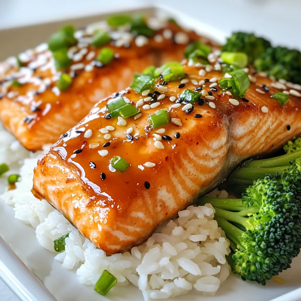 To make teriyaki glazed salmon, gather these key ingredients: - 2 salmon fillets (about 6 ounces each) - 1/4 cup soy sauce (low-sodium) - 2 tablespoons honey - 1 tablespoon rice vinegar - 1 teaspoon sesame oil - 1 tablespoon fresh ginger, grated - 2 cloves garlic, minced - 1 teaspoon cornstarch mixed with 1 tablespoon water (for thickening) - 1 tablespoon sesame seeds (for garnish) - 2 green onions, finely chopped (for garnish) - Cooked jasmine rice (for serving) - Steamed broccoli (optional, for serving) These ingredients create a sweet and savory glaze that pairs perfectly with salmon. While the recipe shines with jasmine rice and broccoli, feel free to mix it up! You can serve the salmon with: - Quinoa for a nutty flavor - Stir-fried vegetables for added crunch - Sautéed spinach for a healthy boost - A side salad to freshen the plate These options make the dish more colorful and fun. Using fresh ingredients makes a big difference. Look for: - Wild-caught salmon for better taste and texture - Fresh ginger instead of powdered for a bright flavor - Low-sodium soy sauce to control saltiness - Organic honey for a pure sweetness Choosing high-quality ingredients elevates your dish and makes it even more enjoyable. {{ingredient_image_1}} To make the teriyaki sauce, grab a small saucepan. Add 1/4 cup of low-sodium soy sauce. Next, mix in 2 tablespoons of honey, 1 tablespoon of rice vinegar, and 1 teaspoon of sesame oil. Then, add 1 tablespoon of grated fresh ginger and 2 minced garlic cloves. Stir all the ingredients well. Heat the mixture over medium heat until it simmers gently. Once it simmers, mix 1 teaspoon of cornstarch with 1 tablespoon of water. Stir this mixture into the sauce to thicken it. Cook for 1-2 more minutes until the sauce coats the back of a spoon. Remove it from heat and set it aside. Now, let’s cook the salmon. Preheat your grill or non-stick skillet over medium-high heat. Lightly oil the surface to keep the salmon from sticking. Season the salmon fillets with a pinch of salt and pepper. Place the fillets skin-side down. Let them cook for about 4-5 minutes. Carefully flip the salmon and brush half of the teriyaki sauce on top. Cook for another 4-5 minutes. The salmon is done when it flakes easily with a fork. In the last minute, brush the remaining glaze over the salmon for extra flavor. After cooking, let the salmon rest for a minute on a plate. Serving teriyaki glazed salmon is easy and fun! Place the salmon on a colorful plate. Serve it over a mound of jasmine rice. If you like, add steamed broccoli on the side for color and nutrition. Drizzle any extra teriyaki sauce over the salmon. For a beautiful touch, sprinkle sesame seeds and chopped green onions over the top. This simple presentation makes your dish look gourmet and inviting! For a perfect teriyaki glaze, you need balance. The mix of soy sauce, honey, and rice vinegar creates a sweet and savory taste. Make sure to simmer the sauce until it thickens. This helps it stick to the salmon better. Don't rush this step. Patience pays off! Brush the glaze on the salmon twice while cooking. This adds layers of flavor. You can grill or pan-sear salmon for the best results. Grilling gives a smoky flavor, while pan-searing offers a nice crust. Preheat your grill or skillet well. This helps the salmon cook evenly. Always start with the skin-side down. This keeps the fish moist. Flip it carefully to avoid breaking the fillet. Avoid cooking salmon at too high a heat. This can lead to burnt edges and raw centers. Also, don’t forget to season the salmon before cooking. A little salt and pepper make a big difference. Lastly, don’t overcook the salmon. It should flake easily with a fork when done. If it feels tough, it’s likely overcooked. Pro Tips Fresh Ingredients: Always use fresh salmon and high-quality ingredients for the best flavor. Freshness enhances the overall taste of your teriyaki glaze. Marinate for Flavor: For an extra flavor boost, consider marinating the salmon in the teriyaki sauce for 30 minutes before cooking. This allows the flavors to penetrate the fish. Don’t Overcook: Salmon is best when it’s just cooked through and still moist. Keep an eye on the cooking time to avoid dry fish. Versatile Glaze: This teriyaki glaze is not just for salmon! Try it on chicken or grilled vegetables for a delicious alternative. {{image_2}} You can use chicken or tofu for a tasty twist on teriyaki. Chicken thighs work well because they stay juicy. Just follow the same cooking steps. For tofu, press it first to remove extra water. Cut it into cubes and sauté until golden. Then glaze it with the teriyaki sauce. If you want a meat-free meal, try vegetables instead. Grilled eggplant or zucchini absorbs the teriyaki flavor nicely. Slice them thick, brush with the sauce, and grill until soft. You can also use mushrooms for a hearty option. Portobello mushrooms are perfect because they have a meaty texture. Want to boost the flavor? Add pineapple juice to the teriyaki glaze for sweetness. You can also mix in some chili paste for heat. Fresh herbs like cilantro or basil add a nice touch too. Try sprinkling sesame seeds or chopped nuts on top for crunch. These small changes can make a big difference in taste. After enjoying your teriyaki glazed salmon, let it cool. Place the salmon in an airtight container. Make sure to store it in the fridge. It will stay fresh for up to two days. If you have leftover rice, store it in a separate container. Keeping it separate helps maintain its texture. To reheat your salmon, use the microwave or a skillet. For the microwave, cover the salmon with a damp paper towel. Heat it on medium power for about one minute. Check it to avoid overcooking. If using a skillet, add a tiny bit of water and cover it. Warm it on low heat for a few minutes. This keeps the salmon moist. You can freeze teriyaki glazed salmon for later meals. Wrap each fillet tightly in plastic wrap, then in aluminum foil. This prevents freezer burn. It can last for up to three months in the freezer. When ready to eat, thaw it in the fridge overnight. Reheat as described earlier for the best taste. Teriyaki sauce is a mix of simple ingredients. It has soy sauce, honey, and rice vinegar. You add sesame oil, ginger, and garlic for more flavor. You can also thicken it with cornstarch and water. This sauce gives the salmon its sweet and savory taste. Yes, you can bake Teriyaki glazed salmon in the oven. Preheat your oven to 400°F (200°C). Place the salmon fillets on a lined baking tray. Brush them with half of the teriyaki glaze. Bake for about 12-15 minutes. Make sure to check if they flake easily with a fork. Salmon is perfectly cooked when it flakes easily. Use a fork to gently test it. The inside should be a light pink color, not raw or overly dry. A good rule is to cook it for 4-6 minutes per half-inch of thickness. Teriyaki glazed salmon pairs well with jasmine rice. You can add steamed broccoli for crunch and color. Other great sides are stir-fried vegetables or a fresh salad. These sides balance the rich flavors of the salmon and sauce. In this post, we explored how to make teriyaki glazed salmon. We covered the main ingredients and tips for quality. I shared step-by-step instructions for cooking the salmon and making the sauce. You learned about variations, storage tips, and common mistakes. Teriyaki glazed salmon is easy and tasty. Feel free to play with flavors or proteins. Enjoy your cooking and make it your own.