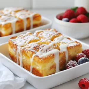 - 2 cans (8 oz each) refrigerated cinnamon roll dough - 4 large eggs - 1 cup milk - 1/2 cup heavy cream - 1 teaspoon vanilla extract - 1 teaspoon ground cinnamon - 1/4 teaspoon nutmeg - 1/2 cup maple syrup (plus extra for serving) The main star of this dish is the cinnamon roll dough. It provides a soft, sweet base. The eggs and dairy products create a creamy, rich texture. Milk and heavy cream work together to add depth and flavor. The vanilla extract brings warmth and sweetness to the mix. Ground cinnamon and nutmeg add extra spice, making each bite special. Maple syrup sweetens the dish and adds a lovely caramel flavor. - Powdered sugar - Whipped cream - Fresh berries Optional toppings can elevate your casserole. Dusting powdered sugar adds a touch of sweetness. Whipped cream gives a light and fluffy finish. Fresh berries add color and a burst of freshness. You can mix and match these toppings to suit your taste. Adding these extras makes the dish even more enjoyable. {{ingredient_image_1}} First, you need to preheat your oven to 350°F (175°C). This step makes sure the casserole bakes evenly. While the oven heats, grease a 9x13-inch baking dish. You can use cooking spray or butter. This helps the casserole come out easily after baking. Now it’s time to cut and place the cinnamon rolls. Open the two cans of refrigerated cinnamon roll dough. Separate the rolls and cut each roll into four pieces. Spread them evenly in the greased baking dish. This forms the base of your casserole. Next, prepare the egg mixture. In a large mixing bowl, whisk together four large eggs, one cup of milk, and half a cup of heavy cream. Add one teaspoon of vanilla extract, one teaspoon of ground cinnamon, and a quarter teaspoon of nutmeg. Finally, stir in half a cup of maple syrup. Mix well until it looks smooth. Pour the egg mixture over the cut cinnamon rolls in the baking dish. Make sure all pieces are coated. Gently press down with a spatula. This helps the rolls absorb the liquid. Let it sit for about 10 minutes to soak up all the flavors. Now, it’s time to bake. Place the dish in the preheated oven. Bake for 25 to 30 minutes. You want it to be golden brown and cooked through in the center. While it bakes, you can prepare the icing from the cinnamon roll packages if you like. Once the casserole is baked, take it out of the oven. Drizzle it with the icing. Let it cool slightly before serving. Enjoy your warm, tasty Cinnamon Roll French Toast Casserole! To get the best results, adjust the soaking time. You can soak the cinnamon rolls for 10 minutes. If you want a softer texture, let them soak for 20 minutes. This extra time allows the rolls to absorb more of the egg mixture. To check for doneness, look for a golden brown color on top. The center should be firm but not jiggly. Use a toothpick to test it. If it comes out clean, the casserole is ready. Serve the casserole warm for the best flavor. You can cut it into squares and place it on plates. Drizzle with extra maple syrup for a sweet touch. Pair this dish with coffee or hot chocolate. A glass of cold milk also works well. For a fresh twist, add fresh berries on the side. They add color and a burst of flavor. Pro Tips Use Day-Old Bread: If you have leftover cinnamon rolls from the previous day, they work great for this casserole, absorbing the liquid better for a richer flavor. Customize the Toppings: Feel free to add nuts, chocolate chips, or your favorite fruits to the casserole for added texture and flavor. Check for Doneness: Use a toothpick to check if the center is set; it should come out clean when the casserole is fully cooked. Make Ahead Option: Prepare the casserole the night before, cover it, and refrigerate. Bake it in the morning for an easy breakfast. {{image_2}} You can make your Cinnamon Roll French Toast Casserole even better with fun twists. One great idea is to add chocolate chips. Just sprinkle them over the cinnamon rolls before pouring the egg mixture. This gives a rich and sweet flavor. Another tasty option is to add nuts or dried fruits. Chopped walnuts or pecans add a nice crunch. Dried cherries or cranberries give a sweet and tangy taste. Mix these in with the cinnamon rolls for added texture and taste. If you need gluten-free options, look for gluten-free cinnamon roll dough. Many brands offer this choice at stores. You can use the same method with the gluten-free dough. For a dairy-free version, swap regular milk and cream for almond or oat milk. Use coconut cream instead of heavy cream. These swaps keep the dish tasty without dairy. Enjoy all these variations while making this recipe your own! To keep your Cinnamon Roll French Toast Casserole fresh, use these storage tips: - Refrigeration guidelines: After serving, let the casserole cool for about 30 minutes. Cover it tightly with plastic wrap or foil. Store it in the fridge for up to 3 days. The cold will help it stay safe and tasty. - Freezing recommendations: If you want to save leftovers for later, you can freeze the casserole. Cut it into portions and wrap each piece in plastic wrap. Then, place them in a freezer-safe bag. It will stay good in the freezer for up to 2 months. When you’re ready to eat it, just thaw it in the fridge overnight. When it's time to enjoy your casserole again, follow these reheating methods: - Best methods for reheating: The oven is best for reheating. Preheat your oven to 350°F (175°C). Place the casserole in an oven-safe dish. Cover it with foil to keep it moist. Heat for about 15-20 minutes, or until it’s warm all the way through. You can also use the microwave. Heat one portion at a time for about 1-2 minutes, checking to see if it's hot. - Maintaining texture and flavor: To keep the casserole soft, avoid reheating it for too long. If it feels dry, add a splash of milk before heating. This will help keep it moist and tasty. Enjoy your delicious breakfast treat! Can I make this casserole ahead of time? Yes, you can. Prepare the casserole the night before. Follow the steps up to soaking the rolls. Cover it and place it in the fridge. Bake it in the morning. This saves you time and keeps it fresh. What to do if I don’t have all the ingredients? You can swap some items. Use milk instead of cream if needed. If you lack eggs, try using a banana or applesauce. For maple syrup, honey or agave can work too. Be creative and adjust based on what you have. What if the casserole is too dry? If your casserole turns out dry, pour a bit of milk over the top. Let it sit for a few minutes so it absorbs the milk. You can also top it with extra syrup or whipped cream for moisture. How to fix an undercooked casserole? If your casserole is undercooked, return it to the oven. Bake it for an extra 5 to 10 minutes. Check for doneness with a toothpick. It should come out clean when it’s ready. Make sure to cover it with foil if it browns too quickly. This blog post explored the tasty world of Cinnamon Roll French Toast Casserole. We discussed the main ingredients needed, including cinnamon roll dough and eggs, along with optional toppings like fresh berries. The step-by-step instructions showed how to prepare, assemble, and bake the casserole. In conclusion, making this dish is simple and fun. You can easily customize it to fit your taste or dietary needs. Enjoy your delicious casserole, and don’t forget to share it with family and friends!