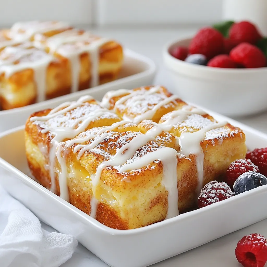 - 2 cans (8 oz each) refrigerated cinnamon roll dough - 4 large eggs - 1 cup milk - 1/2 cup heavy cream - 1 teaspoon vanilla extract - 1 teaspoon ground cinnamon - 1/4 teaspoon nutmeg - 1/2 cup maple syrup (plus extra for serving) The main star of this dish is the cinnamon roll dough. It provides a soft, sweet base. The eggs and dairy products create a creamy, rich texture. Milk and heavy cream work together to add depth and flavor. The vanilla extract brings warmth and sweetness to the mix. Ground cinnamon and nutmeg add extra spice, making each bite special. Maple syrup sweetens the dish and adds a lovely caramel flavor. - Powdered sugar - Whipped cream - Fresh berries Optional toppings can elevate your casserole. Dusting powdered sugar adds a touch of sweetness. Whipped cream gives a light and fluffy finish. Fresh berries add color and a burst of freshness. You can mix and match these toppings to suit your taste. Adding these extras makes the dish even more enjoyable. {{ingredient_image_1}} First, you need to preheat your oven to 350°F (175°C). This step makes sure the casserole bakes evenly. While the oven heats, grease a 9x13-inch baking dish. You can use cooking spray or butter. This helps the casserole come out easily after baking. Now it’s time to cut and place the cinnamon rolls. Open the two cans of refrigerated cinnamon roll dough. Separate the rolls and cut each roll into four pieces. Spread them evenly in the greased baking dish. This forms the base of your casserole. Next, prepare the egg mixture. In a large mixing bowl, whisk together four large eggs, one cup of milk, and half a cup of heavy cream. Add one teaspoon of vanilla extract, one teaspoon of ground cinnamon, and a quarter teaspoon of nutmeg. Finally, stir in half a cup of maple syrup. Mix well until it looks smooth. Pour the egg mixture over the cut cinnamon rolls in the baking dish. Make sure all pieces are coated. Gently press down with a spatula. This helps the rolls absorb the liquid. Let it sit for about 10 minutes to soak up all the flavors. Now, it’s time to bake. Place the dish in the preheated oven. Bake for 25 to 30 minutes. You want it to be golden brown and cooked through in the center. While it bakes, you can prepare the icing from the cinnamon roll packages if you like. Once the casserole is baked, take it out of the oven. Drizzle it with the icing. Let it cool slightly before serving. Enjoy your warm, tasty Cinnamon Roll French Toast Casserole! To get the best results, adjust the soaking time. You can soak the cinnamon rolls for 10 minutes. If you want a softer texture, let them soak for 20 minutes. This extra time allows the rolls to absorb more of the egg mixture. To check for doneness, look for a golden brown color on top. The center should be firm but not jiggly. Use a toothpick to test it. If it comes out clean, the casserole is ready. Serve the casserole warm for the best flavor. You can cut it into squares and place it on plates. Drizzle with extra maple syrup for a sweet touch. Pair this dish with coffee or hot chocolate. A glass of cold milk also works well. For a fresh twist, add fresh berries on the side. They add color and a burst of flavor. Pro Tips Use Day-Old Bread: If you have leftover cinnamon rolls from the previous day, they work great for this casserole, absorbing the liquid better for a richer flavor. Customize the Toppings: Feel free to add nuts, chocolate chips, or your favorite fruits to the casserole for added texture and flavor. Check for Doneness: Use a toothpick to check if the center is set; it should come out clean when the casserole is fully cooked. Make Ahead Option: Prepare the casserole the night before, cover it, and refrigerate. Bake it in the morning for an easy breakfast. {{image_2}} You can make your Cinnamon Roll French Toast Casserole even better with fun twists. One great idea is to add chocolate chips. Just sprinkle them over the cinnamon rolls before pouring the egg mixture. This gives a rich and sweet flavor. Another tasty option is to add nuts or dried fruits. Chopped walnuts or pecans add a nice crunch. Dried cherries or cranberries give a sweet and tangy taste. Mix these in with the cinnamon rolls for added texture and taste. If you need gluten-free options, look for gluten-free cinnamon roll dough. Many brands offer this choice at stores. You can use the same method with the gluten-free dough. For a dairy-free version, swap regular milk and cream for almond or oat milk. Use coconut cream instead of heavy cream. These swaps keep the dish tasty without dairy. Enjoy all these variations while making this recipe your own! To keep your Cinnamon Roll French Toast Casserole fresh, use these storage tips: - Refrigeration guidelines: After serving, let the casserole cool for about 30 minutes. Cover it tightly with plastic wrap or foil. Store it in the fridge for up to 3 days. The cold will help it stay safe and tasty. - Freezing recommendations: If you want to save leftovers for later, you can freeze the casserole. Cut it into portions and wrap each piece in plastic wrap. Then, place them in a freezer-safe bag. It will stay good in the freezer for up to 2 months. When you’re ready to eat it, just thaw it in the fridge overnight. When it's time to enjoy your casserole again, follow these reheating methods: - Best methods for reheating: The oven is best for reheating. Preheat your oven to 350°F (175°C). Place the casserole in an oven-safe dish. Cover it with foil to keep it moist. Heat for about 15-20 minutes, or until it’s warm all the way through. You can also use the microwave. Heat one portion at a time for about 1-2 minutes, checking to see if it's hot. - Maintaining texture and flavor: To keep the casserole soft, avoid reheating it for too long. If it feels dry, add a splash of milk before heating. This will help keep it moist and tasty. Enjoy your delicious breakfast treat! Can I make this casserole ahead of time? Yes, you can. Prepare the casserole the night before. Follow the steps up to soaking the rolls. Cover it and place it in the fridge. Bake it in the morning. This saves you time and keeps it fresh. What to do if I don’t have all the ingredients? You can swap some items. Use milk instead of cream if needed. If you lack eggs, try using a banana or applesauce. For maple syrup, honey or agave can work too. Be creative and adjust based on what you have. What if the casserole is too dry? If your casserole turns out dry, pour a bit of milk over the top. Let it sit for a few minutes so it absorbs the milk. You can also top it with extra syrup or whipped cream for moisture. How to fix an undercooked casserole? If your casserole is undercooked, return it to the oven. Bake it for an extra 5 to 10 minutes. Check for doneness with a toothpick. It should come out clean when it’s ready. Make sure to cover it with foil if it browns too quickly. This blog post explored the tasty world of Cinnamon Roll French Toast Casserole. We discussed the main ingredients needed, including cinnamon roll dough and eggs, along with optional toppings like fresh berries. The step-by-step instructions showed how to prepare, assemble, and bake the casserole. In conclusion, making this dish is simple and fun. You can easily customize it to fit your taste or dietary needs. Enjoy your delicious casserole, and don’t forget to share it with family and friends!