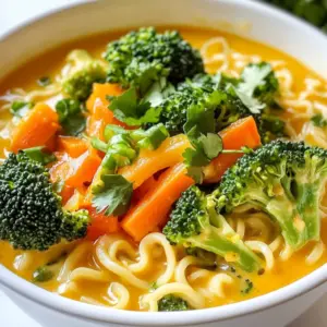 To make vegan coconut curry ramen, you will need: - 200g ramen noodles - 1 tablespoon coconut oil - 1 small onion, diced - 3 cloves garlic, minced - 1 tablespoon ginger, grated - 1 tablespoon red curry paste - 400ml coconut milk - 2 cups vegetable broth - 1 cup broccoli florets - 1 bell pepper, sliced - 1 carrot, julienned - 1 tablespoon soy sauce - 1 tablespoon lime juice - Fresh cilantro, for garnish - Sliced green onions, for garnish - Sriracha, for serving (optional) You can add some fun to your ramen with these garnishes: - Fresh cilantro adds a burst of flavor. - Sliced green onions bring a nice crunch. - A drizzle of Sriracha gives it a spicy kick. If you have allergies or special diets, consider these swaps: - Use gluten-free ramen noodles if you need a gluten-free option. - Swap coconut oil for olive oil if you prefer. - Choose tamari instead of soy sauce for a gluten-free alternative. {{ingredient_image_1}} First, cook the ramen noodles. Follow the package instructions carefully. This step usually takes about 3 to 4 minutes. Once they are done, drain the noodles. Set them aside in a bowl. You want them ready for the curry. Next, let’s make the coconut curry base. In a large pot, heat 1 tablespoon of coconut oil over medium heat. Add 1 small diced onion. Sauté it until it turns translucent, about 3 to 4 minutes. Then, add 3 minced garlic cloves and 1 tablespoon of grated ginger. Cook for another minute until you smell the nice aroma. Stir in 1 tablespoon of red curry paste. Cook this for about 2 minutes. This helps deepen the flavor. Then, pour in 400ml of coconut milk and 2 cups of vegetable broth. Mix it well. Bring the mixture to a gentle simmer. Now, it's time to add the vegetables. Add 1 cup of broccoli florets, 1 sliced bell pepper, and 1 julienned carrot to the pot. Cook everything for about 5 to 7 minutes. You want the veggies tender but still bright. They add color and crunch to your dish. Finally, stir in 1 tablespoon of soy sauce and 1 tablespoon of lime juice. This adds a nice balance to the curry. Your coconut curry base is now ready! To boost the flavor of your coconut curry, use fresh ingredients. Fresh garlic and ginger add a strong taste. Choose a good red curry paste; it makes a big difference. You can also add a splash of soy sauce for depth. A squeeze of lime juice brightens the dish. If you like heat, add chili flakes or fresh chili. When cooking ramen noodles, follow the package instructions closely. This helps you achieve the perfect texture. Use a large pot with plenty of water to prevent sticking. Once cooked, drain and rinse the noodles under cold water. This stops the cooking process and helps them stay firm. Always add the noodles to the broth just before serving. This keeps them from becoming soggy. Serve your vegan coconut curry ramen in deep bowls. This helps hold the broth and toppings well. Garnish with fresh cilantro and sliced green onions for color and flavor. You can add lime wedges on the side for an extra zest. For spice lovers, include Sriracha on the table. It allows guests to customize their heat level. Pro Tips Use Fresh Ingredients: Fresh vegetables not only enhance the flavor but also add vibrant colors to your dish. Adjust Spice Level: Feel free to modify the amount of red curry paste based on your spice tolerance. Start with less and add more if desired. Customize Your Vegetables: This recipe is versatile; you can substitute or add any vegetables you have on hand like snap peas or mushrooms. Perfectly Cooked Noodles: Rinse your cooked ramen noodles with cold water to stop the cooking process and prevent them from becoming mushy in the broth. {{image_2}} You can change the veggies based on what is fresh. Try using spinach, kale, or zucchini. These greens add nutrition and a pop of color. In the fall, add squash or sweet potatoes for a sweet touch. Seasonal choices keep the dish interesting and fun. To make your ramen more filling, add protein. Tofu is a great choice. You can cube it and fry it until golden. Tempeh or chickpeas work well too. If you want a more chewy texture, try adding edamame. These additions make your meal richer and more satisfying. Do you like it spicy? You can increase the red curry paste. Start with a little and taste as you go. If you prefer milder flavors, use less curry paste. For a different kick, try adding some fresh chili or crushed red pepper. Adjusting the spice lets you make this dish your own. To store your vegan coconut curry ramen, let it cool first. Once cooled, transfer it to an airtight container. Make sure to divide the noodles and broth. This keeps the noodles from getting mushy. Store the container in the fridge. It will stay fresh for up to three days. When you’re ready to enjoy your ramen again, reheat it on the stove. Use a medium heat. Add a splash of water or broth to keep it from drying out. Stir often until it is hot. You can also use a microwave. Heat in short bursts of 30 seconds. Stir between each burst to heat evenly. If you want to save it for later, freezing works too. Freeze the broth and vegetables together but keep the noodles separate. Store them in freezer-safe bags or containers. The ramen will last up to three months in the freezer. To thaw, place it in the fridge overnight. Reheat as mentioned above for the best taste. Yes, you can use different types of noodles. Rice noodles or soba noodles work well. Just cook them according to package directions. Each noodle adds its own twist to the dish. Try them out and see what you like best! This dish lasts about 3 to 4 days in the fridge. Store it in an airtight container. The flavors will deepen over time, making it even tastier. Just remember to reheat it until hot before eating. Yes, this recipe can be gluten-free! Use gluten-free ramen or rice noodles. Check the soy sauce too; choose a gluten-free version. This way, you can enjoy the dish without worries. In this blog post, we explored a delicious vegan coconut curry ramen recipe. We covered the needed ingredients and optional garnishes. I shared tips for cooking the noodles and making the curry. You learned how to boost flavors and adapt ingredients. Remember, cooking is about creativity. Feel free to swap vegetables or adjust spices. With these guidelines, you can make this dish your own. Enjoy cooking and savoring your delicious ramen!