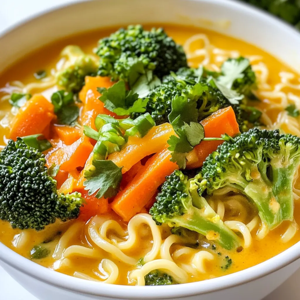 To make vegan coconut curry ramen, you will need: - 200g ramen noodles - 1 tablespoon coconut oil - 1 small onion, diced - 3 cloves garlic, minced - 1 tablespoon ginger, grated - 1 tablespoon red curry paste - 400ml coconut milk - 2 cups vegetable broth - 1 cup broccoli florets - 1 bell pepper, sliced - 1 carrot, julienned - 1 tablespoon soy sauce - 1 tablespoon lime juice - Fresh cilantro, for garnish - Sliced green onions, for garnish - Sriracha, for serving (optional) You can add some fun to your ramen with these garnishes: - Fresh cilantro adds a burst of flavor. - Sliced green onions bring a nice crunch. - A drizzle of Sriracha gives it a spicy kick. If you have allergies or special diets, consider these swaps: - Use gluten-free ramen noodles if you need a gluten-free option. - Swap coconut oil for olive oil if you prefer. - Choose tamari instead of soy sauce for a gluten-free alternative. {{ingredient_image_1}} First, cook the ramen noodles. Follow the package instructions carefully. This step usually takes about 3 to 4 minutes. Once they are done, drain the noodles. Set them aside in a bowl. You want them ready for the curry. Next, let’s make the coconut curry base. In a large pot, heat 1 tablespoon of coconut oil over medium heat. Add 1 small diced onion. Sauté it until it turns translucent, about 3 to 4 minutes. Then, add 3 minced garlic cloves and 1 tablespoon of grated ginger. Cook for another minute until you smell the nice aroma. Stir in 1 tablespoon of red curry paste. Cook this for about 2 minutes. This helps deepen the flavor. Then, pour in 400ml of coconut milk and 2 cups of vegetable broth. Mix it well. Bring the mixture to a gentle simmer. Now, it's time to add the vegetables. Add 1 cup of broccoli florets, 1 sliced bell pepper, and 1 julienned carrot to the pot. Cook everything for about 5 to 7 minutes. You want the veggies tender but still bright. They add color and crunch to your dish. Finally, stir in 1 tablespoon of soy sauce and 1 tablespoon of lime juice. This adds a nice balance to the curry. Your coconut curry base is now ready! To boost the flavor of your coconut curry, use fresh ingredients. Fresh garlic and ginger add a strong taste. Choose a good red curry paste; it makes a big difference. You can also add a splash of soy sauce for depth. A squeeze of lime juice brightens the dish. If you like heat, add chili flakes or fresh chili. When cooking ramen noodles, follow the package instructions closely. This helps you achieve the perfect texture. Use a large pot with plenty of water to prevent sticking. Once cooked, drain and rinse the noodles under cold water. This stops the cooking process and helps them stay firm. Always add the noodles to the broth just before serving. This keeps them from becoming soggy. Serve your vegan coconut curry ramen in deep bowls. This helps hold the broth and toppings well. Garnish with fresh cilantro and sliced green onions for color and flavor. You can add lime wedges on the side for an extra zest. For spice lovers, include Sriracha on the table. It allows guests to customize their heat level. Pro Tips Use Fresh Ingredients: Fresh vegetables not only enhance the flavor but also add vibrant colors to your dish. Adjust Spice Level: Feel free to modify the amount of red curry paste based on your spice tolerance. Start with less and add more if desired. Customize Your Vegetables: This recipe is versatile; you can substitute or add any vegetables you have on hand like snap peas or mushrooms. Perfectly Cooked Noodles: Rinse your cooked ramen noodles with cold water to stop the cooking process and prevent them from becoming mushy in the broth. {{image_2}} You can change the veggies based on what is fresh. Try using spinach, kale, or zucchini. These greens add nutrition and a pop of color. In the fall, add squash or sweet potatoes for a sweet touch. Seasonal choices keep the dish interesting and fun. To make your ramen more filling, add protein. Tofu is a great choice. You can cube it and fry it until golden. Tempeh or chickpeas work well too. If you want a more chewy texture, try adding edamame. These additions make your meal richer and more satisfying. Do you like it spicy? You can increase the red curry paste. Start with a little and taste as you go. If you prefer milder flavors, use less curry paste. For a different kick, try adding some fresh chili or crushed red pepper. Adjusting the spice lets you make this dish your own. To store your vegan coconut curry ramen, let it cool first. Once cooled, transfer it to an airtight container. Make sure to divide the noodles and broth. This keeps the noodles from getting mushy. Store the container in the fridge. It will stay fresh for up to three days. When you’re ready to enjoy your ramen again, reheat it on the stove. Use a medium heat. Add a splash of water or broth to keep it from drying out. Stir often until it is hot. You can also use a microwave. Heat in short bursts of 30 seconds. Stir between each burst to heat evenly. If you want to save it for later, freezing works too. Freeze the broth and vegetables together but keep the noodles separate. Store them in freezer-safe bags or containers. The ramen will last up to three months in the freezer. To thaw, place it in the fridge overnight. Reheat as mentioned above for the best taste. Yes, you can use different types of noodles. Rice noodles or soba noodles work well. Just cook them according to package directions. Each noodle adds its own twist to the dish. Try them out and see what you like best! This dish lasts about 3 to 4 days in the fridge. Store it in an airtight container. The flavors will deepen over time, making it even tastier. Just remember to reheat it until hot before eating. Yes, this recipe can be gluten-free! Use gluten-free ramen or rice noodles. Check the soy sauce too; choose a gluten-free version. This way, you can enjoy the dish without worries. In this blog post, we explored a delicious vegan coconut curry ramen recipe. We covered the needed ingredients and optional garnishes. I shared tips for cooking the noodles and making the curry. You learned how to boost flavors and adapt ingredients. Remember, cooking is about creativity. Feel free to swap vegetables or adjust spices. With these guidelines, you can make this dish your own. Enjoy cooking and savoring your delicious ramen!
