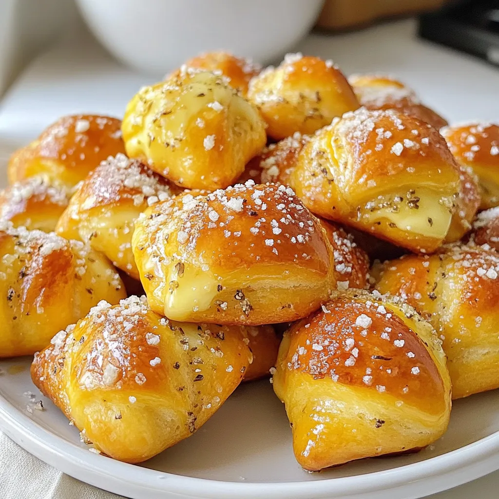 To make Garlic Parmesan Pretzel Bites, you will need: - 1 ½ cups warm water (about 110°F) - 2 tablespoons granulated sugar - 1 packet (2 ¼ teaspoons) active dry yeast - 4 cups all-purpose flour - 1 teaspoon salt - ½ cup baking soda - 1 large egg, beaten - ½ cup unsalted butter, melted - 1 teaspoon garlic powder - ½ cup grated Parmesan cheese - Coarse sea salt for sprinkling These ingredients come together to create a soft, chewy pretzel bite with a rich garlic flavor and a savory cheese topping. You can play with the flavor by adding: - Fresh herbs like rosemary or thyme - Additional spices like paprika or cayenne for heat - Different cheeses such as cheddar or mozzarella These options let you customize your pretzel bites to fit your taste. If you’re missing something or want to make swaps, consider these: - Use brown sugar instead of granulated sugar for a deeper flavor. - Swap all-purpose flour for whole wheat flour for a heartier bite. - Use olive oil instead of unsalted butter for a dairy-free version. These substitutions can still give you a great pretzel bite while fitting your dietary needs. {{ingredient_image_1}} Start by mixing the warm water, sugar, and yeast in a large bowl. Let it sit for five minutes. You want it to get frothy; that means the yeast is alive. Next, add the flour and salt to the bowl. Stir well until the mixture forms a dough. Knead the dough on a floured surface for about five minutes. You want it to feel smooth and elastic. Once done, place the dough in a greased bowl, cover it with a damp cloth, and let it rise in a warm spot for one hour. It should double in size. After the dough has risen, preheat your oven to 425°F (220°C). In a large pot, bring about 10 cups of water to a boil. Carefully add the baking soda to the boiling water. Punch down the risen dough and divide it into small pieces, about one inch each. Roll each piece into a ball. Drop the pretzel bites into the boiling baking soda solution for about 30 seconds. This step gives them that classic pretzel taste. Use a slotted spoon to remove them and place them on a baking sheet lined with parchment paper. Next, brush each pretzel bite with beaten egg. This gives them a nice golden color when baked. Sprinkle garlic powder, grated Parmesan cheese, and coarse sea salt on top. Bake the pretzel bites in the preheated oven for 12 to 15 minutes until they are golden brown. Once they are done, remove them from the oven and brush with melted butter for extra flavor. Enjoy your delicious Garlic Parmesan Pretzel Bites! To get that soft inside and chewy outside, knead the dough well. Aim for 5 minutes. This builds the gluten, making each bite fluffy. When you let the dough rise, keep it in a warm place. This helps the yeast grow. Watch for it to double in size. This step is key for a light and airy texture. For extra flavor, try adding spices. Smoked paprika gives a nice kick. You can also mix in fresh herbs like rosemary or thyme. If you love garlic, add more garlic powder. Feel free to experiment. Dip them in a spicy mustard or cheese sauce for an added twist. Don’t skip the boiling step. This is crucial for that classic pretzel texture. If you don’t boil them, they won’t get the right chewiness. Also, be careful with salt. Too much can overpower the flavor. Lastly, watch the baking time. Overbaking can dry them out. Aim for a golden brown color for the best result. Pro Tips Use Fresh Yeast: Always check the expiration date on your yeast packet. Fresh yeast will ensure your pretzel bites rise properly and have a light, fluffy texture. Don’t Skip the Baking Soda Bath: The baking soda bath is crucial for achieving that classic pretzel flavor and chewy texture. Make sure your water is at a rolling boil before adding the baking soda. Experiment with Toppings: While garlic and Parmesan are delicious, feel free to get creative! Try adding other toppings like everything bagel seasoning, sesame seeds, or even a sprinkle of chili flakes for a spicy kick. Serve Warm: For the best taste, serve the pretzel bites warm right out of the oven. They pair perfectly with a side of mustard or cheese dip for an extra treat! {{image_2}} You can change the flavor with different cheeses. Cheddar gives a sharp taste. Mozzarella adds a stretchy, gooey texture. For a tangy twist, try feta cheese. Each cheese brings its own fun flavor. You can mix in extras to boost flavor. Try adding herbs like rosemary or thyme. Cooked bacon bits add a salty crunch. If you like spice, sprinkle in some red pepper flakes. These choices add excitement to each bite. Want a lighter snack? Use whole wheat flour instead of all-purpose flour. You can reduce the butter by using olive oil. For a cheese-free option, skip the cheese and brush with herbs. These swaps make the bites tasty and healthier. Store leftover pretzel bites in an airtight container. This keeps them fresh. Let them cool first. You can store them at room temperature for a day. If you want to keep them longer, put them in the fridge. They stay good in the fridge for about three days. To reheat, preheat your oven to 350°F (175°C). Place the pretzel bites on a baking sheet. Heat them for about 5 to 7 minutes. This makes them warm and crispy again. You can also use a microwave. Just heat them for 20 to 30 seconds. They won’t be as crispy, but they will still taste great. If you want to freeze pretzel bites, do it early. Let them cool completely. Then place them in a freezer bag. Remove as much air as possible. They can last up to three months in the freezer. To eat, thaw them in the fridge overnight. Reheat them in the oven for the best taste. Enjoy your tasty snack anytime! Yes, you can make pretzel bites ahead of time. Prepare the dough and shape it into bites. Then, place them on a baking sheet and cover with plastic wrap. You can store them in the fridge for up to 24 hours. When ready to bake, let them sit at room temperature for about 30 minutes. Then, boil and bake as directed. This way, you can enjoy fresh pretzel bites without a long wait. Garlic Parmesan pretzel bites pair well with many dips. Here are some great options: - Cheese sauce - Mustard - Marinara sauce - Ranch dressing - Creamy garlic dip Each dip adds its unique flavor. You can mix and match based on your taste. These bites are great for parties or snack time. To make these pretzel bites vegan, swap a few ingredients. Here’s what to change: - Replace the egg wash with a mixture of plant milk and a little oil. - Use vegan butter instead of unsalted butter. - Ensure the Parmesan cheese is dairy-free or skip it altogether. With these swaps, you can still enjoy tasty pretzel bites that fit a vegan diet. In this article, we covered how to make delicious pretzel bites from scratch. We explored essential and optional ingredients, along with helpful substitutions. I provided clear steps for preparing, boiling, and baking them just right. Tips for getting the best flavor and texture also made the process easier. Remember, variations can add fun twists, and proper storage keeps them fresh. With these insights, you can enjoy perfect pretzel bites any time!